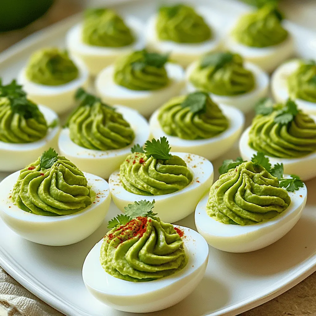 - 6 large eggs - 1 ripe avocado, peeled and pitted - 2 tablespoons fresh lime juice - 1 teaspoon lime zest - 1 teaspoon Dijon mustard - Salt and freshly cracked black pepper to taste - A pinch of chili powder (for heat) - 1 tablespoon fresh cilantro, finely chopped (for garnish) To make Avocado Lime Deviled Eggs, you need simple, fresh ingredients. Start with six large eggs. Eggs are the base of this dish. They provide a creamy texture and rich flavor. Next, grab a ripe avocado. The avocado adds a smoothness that you will love. Make sure it's ripe for the best taste. Fresh lime juice brings a zesty kick. It balances the creaminess of the avocado. Lime zest adds even more lime flavor, making the dish pop. Dijon mustard gives a subtle tang. It adds depth to the filling. Don’t forget salt and black pepper. They enhance all the flavors. For optional ingredients, consider a pinch of chili powder. It adds a nice hint of heat. Fresh cilantro is perfect for garnish. It makes the dish look vibrant and adds freshness. This recipe is not just tasty; it's simple and quick. For the full recipe, check the details. Enjoy creating this flavorful snack! To start, place your eggs in a medium pot. Add enough cold water to cover them by one inch. Heat the pot on medium-high until the water boils. Once boiling, cover the pot with a lid. Then, remove it from the heat and let the eggs sit for 10-12 minutes. This method cooks the eggs perfectly without overcooking. After the time is up, transfer the eggs to a bowl filled with ice water. This cools them down quickly and makes peeling easier. While the eggs cool, cut your ripe avocado in half and remove the pit. Scoop the flesh into a mixing bowl. Using a fork, mash the avocado until it is smooth and creamy. Then, mix in two tablespoons of fresh lime juice and one teaspoon of lime zest. Add one teaspoon of Dijon mustard, along with salt and freshly cracked black pepper to taste. This blend adds a nice zing to the filling. Once the eggs are cool, peel them gently to avoid breaking. Carefully slice each egg in half lengthwise. Take out the yolks and place them in the bowl with your avocado mixture. Mix until the yolks and avocado are creamy together. You can adjust the seasoning here to your liking. Now, it's time to fill the egg whites. Use a spoon or a piping bag for a pretty finish. Make sure each half gets a generous amount of filling. For a lovely touch, sprinkle a bit of chili powder on top for heat and add fresh chopped cilantro for a pop of color. If you want to see the full process and ingredients, check out the Full Recipe. Enjoy these tasty bites! To make your Avocado Lime Deviled Eggs perfect, focus on a few key points. First, avoid overcooking the eggs. Too much heat makes them rubbery. When boiling, remove the pot from heat right after it boils. Set a timer for 10-12 minutes. After that, cool them quickly in ice water. Choosing the right avocado is also important. Look for avocados that yield gently to touch. They should feel slightly soft but not mushy. A ripe avocado adds creaminess and flavor. If your avocado is too firm, let it ripen at room temperature for a couple of days. To kick up the flavor, add some extra seasonings. You might try a dash of garlic powder or a sprinkle of smoked paprika. Both can bring a unique twist to your eggs. If you like a bit of spice, add a pinch of cayenne pepper or chili powder to the filling. Garnishing is key for a great presentation. Fresh cilantro adds a bright pop of color and flavor. You can also use thin slices of radish or a sprinkle of crumbled feta cheese. These add visual appeal and depth to the dish. For even more fun, serve your deviled eggs with a side of tortilla chips or fresh veggies. This makes for a tasty and colorful snack that everyone will enjoy! {{image_4}} You can change the taste of Avocado Lime Deviled Eggs easily. Adding spices gives a fun twist. Consider trying: - Cumin for a warm, earthy flavor. - Smoked paprika for a rich, smoky touch. - Chili powder for a little heat. You can also play with herbs. Fresh herbs can brighten up your dish. Some great options are: - Dill for a fresh, zesty note. - Basil for a sweet, aromatic flavor. - Chives for a mild onion-like taste. You can easily adapt this recipe for different diets. If you want a vegan or egg-free option, use silken tofu instead of eggs. It gives a smooth texture and a boost of protein. Blend it with avocado, lime juice, and spices for a tasty filling. For those needing gluten-free options, rest easy. All ingredients in this recipe are naturally gluten-free. Just ensure your mustard is gluten-free too. Enjoy these deviled eggs while being mindful of your diet. For the full recipe, check out the details above. To keep your Avocado Lime Deviled Eggs fresh, use an airtight container. Place a piece of plastic wrap directly on the eggs. This prevents the egg whites from drying out. Store them in the fridge for up to two days. The lime juice helps slow browning, but it’s best to eat them soon. These deviled eggs taste best cold. Keep them in the fridge until serving. If you want to serve them at room temperature, take them out about 10-15 minutes before your guests arrive. If they lose some creaminess after chilling, gently mash a bit more avocado into the filling for a fresh boost. For the full recipe, refer back to the earlier section. You can store Avocado Lime Deviled Eggs in the fridge for up to two days. Keep them in an airtight container. This helps keep them fresh and tasty. Yes, you can try other fruits or vegetables. Some great options are: - Hummus for a creamy twist - Roasted red peppers for a sweet taste - Spinach for a fresh bite These options can change the flavor and add color. Yes, they are quite healthy! Here are some benefits: - Avocado provides healthy fats and fiber. - Eggs are a great source of protein. - Lime juice adds vitamin C. Together, these ingredients make a nutritious snack. To make more Avocado Lime Deviled Eggs, simply double or triple the recipe. For every six eggs, use: - 2 ripe avocados - 4 tablespoons lime juice This way, you can feed more guests at your next gathering. Yes, you can! Make the avocado filling a few hours before serving. Store it in the fridge in an airtight container to keep it fresh. Just remember to add a bit of lime juice to keep the color vibrant. For the best taste, fill the eggs just before serving. Check out the Full Recipe for more tips! Avocado Lime Deviled Eggs combine rich flavors with simple steps. We explored key ingredients like eggs and avocado, made tips for perfecting your dish, shared variations, and storage advice. This dish is easy and fun, perfect for gatherings. Remember, you can customize it to suit your taste. Enjoy experimenting and impressing friends with your tasty twist on a classic treat!