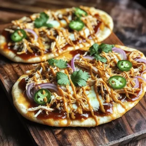 To create your BBQ Chicken Flatbread Pizza, gather these tasty ingredients: - 2 large flatbreads (store-bought or homemade) - 1 cup cooked chicken breast, shredded - 1/2 cup BBQ sauce (choose your favorite brand) - 1 cup shredded mozzarella cheese - 1/2 red onion, thinly sliced - 1/4 cup fresh cilantro, chopped - 1/4 cup sliced jalapeños (optional) - 1 tablespoon olive oil - Salt and pepper to taste Each ingredient plays a key role in making this pizza a hit. The flatbreads serve as a perfect base, crisping up nicely in the oven. The shredded chicken mixes with the BBQ sauce, creating a flavorful topping. Mozzarella cheese adds that melty goodness we all crave. Red onions provide a nice crunch, while cilantro adds a fresh note. If you like heat, jalapeños can kick things up a notch. Feel free to adjust each ingredient to your liking. This recipe is all about making it yours. For the full recipe, refer back to the earlier section. Happy cooking! - Preheat your oven to 450°F (230°C). - Prepare a baking sheet by lining it with parchment paper. - In a bowl, mix the shredded chicken with 1/2 cup of BBQ sauce until well coated. - Brush each flatbread lightly with a tablespoon of olive oil for a crispy base. - Spread the remaining BBQ sauce evenly over each flatbread, leaving a small edge. - Top with the BBQ chicken mixture, making sure to cover the sauce. - Sprinkle shredded mozzarella cheese over the chicken to add a gooey layer. - Layer on the sliced red onions and jalapeños for extra flavor and crunch. - Season with salt and pepper to enhance the taste. - Place the flatbreads in the oven and bake for 12-15 minutes. Look for a golden brown color. - Once baked, let them cool for a few minutes before slicing. For a full recipe, check out the instructions shared earlier. Enjoy your BBQ Chicken Flatbread Pizza! To make your flatbread nice and crispy, preheat your oven to 450°F (230°C). Brush each flatbread with olive oil. This will help it get that golden color. Use a store-bought BBQ sauce that you love. Some great options include sweet and smoky or tangy varieties. They add flavor and depth to your dish. Serve your BBQ chicken flatbread with dips like ranch or blue cheese. A fresh salad on the side works great too. When presenting, cut the flatbreads into fun shapes like squares or triangles. Place them on a wooden board for a rustic look. Drizzle some extra BBQ sauce on top for a tasty touch. Offer a small bowl of sauce on the side for dipping. To prepare this dish, you'll need some basic kitchen tools. A good knife helps with slicing the onion and chicken. A cutting board makes prep easy. Use a baking sheet lined with parchment paper for easy cleanup. This keeps the flatbreads from sticking. A spatula is handy for serving. Check out the Full Recipe for more details on tools you may need. {{image_4}} You can easily make this dish vegetarian. One fun swap is to use grilled vegetables instead of chicken. Bell peppers, zucchini, and mushrooms work great! Just grill them until tender for added flavor. You can also use a plant-based BBQ sauce. This sauce adds all the sweet and tangy taste you love without meat. Cheese plays a big role in the taste. While mozzarella is a classic choice, you can try different cheeses. Cheddar adds a sharp flavor, while gouda gives a smoky twist. Mixing cheeses can create a depth of flavor. So, feel free to combine mozzarella with cheddar or even feta for a unique taste. Want to make your flatbread stand out? Adding spices or herbs can do the trick! Try sprinkling smoked paprika or garlic powder for a kick. You can also add toppings like pineapple for sweetness or sliced bell peppers for crunch. These small changes can really boost your BBQ chicken flatbread pizza. To keep your BBQ chicken flatbread pizza fresh, store it in an airtight container. Wrap each piece with plastic wrap or aluminum foil too. This helps to lock in moisture and flavor. You can store it in the fridge for up to three days. After that, the taste and texture may change. When you're ready to enjoy your leftovers, reheating them correctly is key. The oven is the best choice. Preheat your oven to 350°F (175°C). Place the flatbread on a baking sheet and heat for about 10 minutes. This method keeps the crust crispy and the cheese melty. You can also use a microwave for a quick fix. Just place a slice on a plate and heat it for 30 seconds to 1 minute. However, this may make the crust soft. For the best results, stick with the oven method. Yes, you can use store-bought BBQ chicken. This option saves time, making it quick and easy. The pros include less prep work and consistent flavor. However, the cons are that it may lack freshness compared to homemade. Also, store-bought may have higher sodium levels. Always check the ingredients for added preservatives. If you choose this route, make sure to shred it before adding to the flatbread. The best flatbread depends on your taste. You can use naan, pita, or lavash. Naan is thicker and chewy, while pita is lighter and crispier. Lavash is thin and flexible, perfect for a wrap-style pizza. Experiment with different types to find your favorite. Each offers a unique texture and flavor, enhancing your BBQ chicken flatbread pizza. Yes, you can freeze BBQ chicken flatbread pizza. First, assemble it without baking. Wrap it tightly in plastic wrap and then foil for best results. Freeze it for up to three months. When you’re ready to eat, defrost it in the fridge overnight. Bake it at 450°F (230°C) for about 15-20 minutes. This way, it stays delicious and fresh. Grilling BBQ chicken flatbread pizza adds a nice smoky flavor. Start by preheating your grill to medium heat. Brush the flatbreads lightly with olive oil on both sides. Place them on the grill for about 2-3 minutes, watching closely to avoid burning. Flip them over and quickly add BBQ sauce, chicken, cheese, and toppings. Close the lid and grill for another 5-7 minutes until the cheese melts. Enjoy this fun grilling twist! This guide covered everything you need for BBQ chicken flatbread pizza. We discussed ingredients, step-by-step instructions, and cooking tips. You learned about variations, storage, and key FAQs. You can easily customize this recipe to fit your taste. Enjoy making this simple dish that brings flavor and fun to your table. Now, gather your ingredients and start cooking!