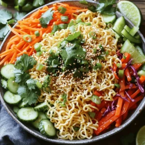 - 4 oz ramen noodles - 1 cup shredded carrots - 1 bell pepper (red, yellow, or orange) - 1 cup cucumbers, julienned - 1/2 cup red cabbage, finely shredded - 1/4 cup green onions, sliced - 1/4 cup sesame seeds, toasted - 1/4 cup fresh cilantro, chopped - 1/3 cup toasted sesame oil - 2 tablespoons low-sodium soy sauce - 2 tablespoons rice vinegar - 2 tablespoons honey or maple syrup - 3 cloves garlic, minced - 1 teaspoon fresh ginger, grated - Salt and freshly cracked black pepper In this salad, each ingredient shines. The ramen noodles are the base. They soak up the flavors well. I use fresh, colorful vegetables for crunch and brightness. Shredded carrots bring sweetness. The bell pepper adds a nice, crisp bite. Cucumbers offer coolness, while red cabbage adds a lovely color. Green onions give a hint of sharpness. For the dressing, I rely on toasted sesame oil. It gives a rich, nutty flavor. Low-sodium soy sauce keeps it savory without being too salty. Rice vinegar adds a tangy note, while honey or maple syrup balances the flavors. Garlic and ginger bring warmth and depth. Finally, salt and pepper enhance all the tastes. This recipe is easy to make and fun to share. You can find the full recipe for more details and steps. - Start by preparing the ramen noodles. - Cook them as directed on the package, usually 3-4 minutes. - When done, drain and rinse under cold water until chilled. - In a large bowl, combine the cooled ramen noodles with your veggies. - Add shredded carrots, sliced bell pepper, julienned cucumbers, shredded red cabbage, and green onions. - Gently toss the ingredients together until they mix well. - In a small bowl, whisk together the dressing ingredients. - Combine toasted sesame oil, soy sauce, rice vinegar, honey, minced garlic, and grated ginger. - Taste the dressing and adjust seasoning with salt and pepper as needed. - Drizzle the dressing over the salad mixture. - Toss everything together until the noodles and veggies are coated. - Sprinkle toasted sesame seeds and cilantro on top. - Give it one last gentle toss to mix the garnishes. - Let the salad rest at room temperature for 10 minutes. Enjoy the burst of flavors in this Sesame Garlic Ramen Salad! For detailed guidance, check the Full Recipe. To make the best ramen salad, start with the noodles. Cook them as per the package. Usually, this takes about 3-4 minutes. Drain and rinse them with cold water until they are chilled. This keeps them from cooking more. Place them in a big bowl. For the veggies, you want them crunchy. Cut them just before mixing to keep that crisp. Shredded carrots and julienned cucumbers work great. Use fresh bell peppers and red cabbage for color. They add a nice crunch and lots of flavor. To boost the taste, think about adding extra seasonings. A pinch of salt can make a big difference. You can also add cracked black pepper for a bit of bite. Want some heat? Sprinkle chili flakes or drizzle sriracha on top. Just a little goes a long way! When serving this salad, make it look fancy. Use a large, colorful bowl or divide it into smaller plates. This makes it fun to eat. Top it with extra sesame seeds for crunch and a pop of color. Fresh cilantro also adds vibrancy. For a zesty twist, add lime wedges on the side. Guests love to squeeze lime over their salad! {{image_4}} You can boost your Sesame Garlic Ramen Salad with protein. Here are some tasty options: - Tofu: You can use pan-fried or baked tofu for a great texture. Just cube it and add it to the salad. - Chicken: Grilled or rotisserie chicken works well. Shred it and mix it in for a hearty bite. Feel free to mix in different veggies to keep things fresh: - Other Veggies: Try adding snap peas, radishes, or broccoli. They add crunch and color. - Seasonal Substitutions: Use what’s in season. In summer, add zucchini. In fall, use roasted sweet potatoes. Switching up the dressing can change the whole salad experience: - Alternative Sauces: You might like peanut sauce or tahini dressing. They both complement the flavors well. - Vegan Alternatives: For a vegan option, swap honey for maple syrup or agave. You can also use coconut aminos instead of soy sauce for a soy-free version. Experimenting with these variations will make your salad unique every time! If you want the full recipe, check out the [Full Recipe]. To store leftovers, place the salad in an airtight container. Make sure to cover it well. This helps keep the salad fresh in the fridge. I recommend using glass containers, as they do not absorb odors. Plastic containers are also fine, just ensure they seal tightly. The salad stays good for about 2-3 days. Can you freeze the salad? I don't recommend freezing it. The texture of the noodles and veggies changes when frozen. If you must freeze it, do so without the dressing. When you thaw it, add fresh dressing for the best taste. To freeze, place the salad in a freezer-safe bag. Squeeze out as much air as possible before sealing. For reheating, I suggest using the microwave. Place the salad in a bowl and cover it. Heat it in short bursts of 30 seconds. Check it often to avoid overheating. If you want to keep it fresh, add more dressing after reheating. You can also serve it cold for a refreshing meal. Sesame garlic ramen salad is a fresh and tasty dish. It blends cooked ramen noodles with crunchy veggies. You will find carrots, bell pepper, cucumbers, red cabbage, and green onions in this salad. The dressing is made with sesame oil, soy sauce, rice vinegar, honey, garlic, and ginger. It brings bold flavors to each bite. This salad is colorful and appealing to the eye. Yes, you can prepare this salad ahead of time. To do this, cook the ramen noodles and let them cool. Chop the veggies and store them in the fridge. Mix the dressing separately and keep it in a jar. Combine everything just before serving. This way, the salad will stay fresh and crunchy. To make this salad gluten-free, choose gluten-free ramen noodles. Many brands offer these options. Also, use tamari instead of soy sauce for the dressing. This swap keeps the flavor while making it gluten-free. You can easily personalize your sesame garlic ramen salad. Add proteins like grilled chicken or tofu for more nutrients. Mix in different veggies like snap peas, or radishes for extra crunch. You can also play with the dressing by adding chili flakes for some heat. This salad pairs well with various sides. Try serving it with grilled chicken or shrimp for protein. It also goes well with spring rolls or dumplings. For a lighter option, enjoy it with a side of miso soup. You can find the full recipe for sesame garlic ramen salad in the section above titled [Full Recipe]. It has all the details you need to make this delicious dish. You learned the key ingredients for making Sesame Garlic Ramen Salad and its dressing. I shared steps to cook and mix the salad, plus tips to make it shine. You can also customize it with your favorite proteins and veggies. Remember to store leftovers properly to keep them fresh. This salad is a tasty and healthy option you can enjoy any time. Dive in, try this dish, and make it your own!