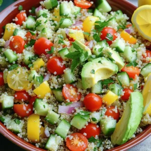 - 1 cup quinoa, thoroughly rinsed - 2 cups vegetable broth (or substitute with water) - 1 cup cherry tomatoes, halved - 1 cucumber, diced into bite-sized pieces - 1 bell pepper (any vibrant color), diced - ½ red onion, finely chopped - 1 ripe avocado, diced - ¼ cup fresh parsley, finely chopped - ¼ cup fresh mint, finely chopped - 3 tablespoons extra virgin olive oil - 2 tablespoons freshly squeezed lemon juice - Zest of 1 fresh lemon - Salt and freshly ground black pepper, to taste - Feta cheese - Nuts or seeds for added crunch - Additional vegetables like carrots or corn In this Lemon Herb Quinoa Salad, each ingredient plays a key role. Quinoa gives a light and fluffy base. It is rich in protein, making it filling. Fresh veggies add color and crunch. Cherry tomatoes burst with sweetness while cucumber and bell pepper bring freshness. Red onion offers a slight bite, and creamy avocado gives richness. Fresh herbs like parsley and mint elevate the flavor. They add a bright and zesty touch that makes the salad refreshing. The dressing, made from olive oil and lemon juice, brings everything together. It is simple yet powerful, enhancing the salad without overpowering it. For those wanting to mix it up, optional add-ins like feta cheese give a salty note. Nuts or seeds add a satisfying crunch. Extra veggies like carrots or corn can enhance both taste and texture. You can easily customize this recipe to suit your tastes. For the full recipe, you can refer back to the beginning of this article. 1. First, rinse 1 cup of quinoa under cold water. This step helps remove any bitter taste. 2. In a medium saucepan, combine the rinsed quinoa with 2 cups of vegetable broth. Bring this mixture to a boil over high heat. 3. Once it boils, reduce the heat to a gentle simmer. Cover the saucepan and let it cook for about 15 minutes. The quinoa should be fluffy and all the liquid absorbed. 4. After cooking, take the saucepan off the heat. Let the quinoa cool to room temperature. This cooling step is key to keeping your salad fresh. 1. In a large mixing bowl, add the cooled quinoa. Then, mix in 1 cup of halved cherry tomatoes, 1 diced cucumber, 1 diced bell pepper, ½ finely chopped red onion, and 1 diced avocado. Gently combine these ingredients. 2. In a separate small bowl, whisk together 3 tablespoons of extra virgin olive oil, 2 tablespoons of freshly squeezed lemon juice, and the zest of 1 lemon. Add a pinch of salt and pepper to taste. 3. Drizzle this dressing over the quinoa salad mixture. Toss everything lightly to coat the ingredients evenly. 4. Finally, sprinkle ¼ cup of finely chopped parsley and ¼ cup of finely chopped mint over the salad. Toss again carefully, so the avocado stays intact. 5. Taste the salad and adjust the seasoning with more salt and pepper if necessary. For the best flavor, let the salad rest for at least 10 minutes before serving. This Lemon Herb Quinoa Salad is now ready to enjoy! For the full recipe, please refer to the earlier section. Letting the salad rest makes a big difference. It allows the flavors to blend together. I suggest letting it sit for at least 10 minutes before serving. This gives the lemon and herbs time to soak into the quinoa. You can also try different herbs and spices. Basil or dill can add a nice twist. A pinch of chili flakes can give it a kick too! To keep avocado chunks intact, avoid over-mixing. Gently toss the salad to maintain the creamy texture of the avocado. If you find it too bland, don't hesitate to adjust the seasoning. A little more salt or pepper can enhance the taste. Always taste as you go! This way, you can make the salad just right for you. {{image_4}} You can easily change this salad based on what’s in season. In spring, try adding fresh asparagus for a crisp bite. For fall, roasted squash brings warmth and sweetness. You can also switch up the citrus flavor. Lime or orange juice can give a fun twist to the dressing. These small changes keep the salad exciting and fresh. Want a heartier meal? Add some grilled chicken or shrimp to the salad. Chickpeas are a great option too. They add protein and fiber, making the salad filling. If you prefer a vegan choice, mix in quinoa and bean blends. This adds texture and boosts the nutrition. You can enjoy this Lemon Herb Quinoa Salad in so many ways. Each variation keeps it fresh and tasty. For the full recipe, check the details above. To keep your lemon herb quinoa salad fresh, store any leftovers in an airtight container. This helps maintain the flavor and texture. Aim to eat it within three days for the best taste. After three days, the salad may lose its crunch, and the herbs can wilt. You can freeze quinoa salad if you want to save it for later. First, portion it into freezer-safe containers. Make sure to leave some space at the top, as the salad may expand when frozen. To reheat, take it out of the freezer and let it thaw overnight in the fridge. When ready to eat, gently warm it in the microwave or enjoy it cold. The flavors will still be bright and delicious! For the full recipe, check out the details above. Quinoa is a superfood! It has a high protein content. One cup of cooked quinoa gives you about 8 grams of protein. This makes it a great option for vegans and vegetarians. Quinoa is also packed with vitamins and minerals. It contains magnesium, iron, and B vitamins. These nutrients help your body stay strong and healthy. Plus, quinoa has antioxidants that protect your cells from damage. Yes, you can make this salad ahead of time! It is perfect for meal prep. Just make the salad and store it in the fridge. To keep it fresh, add the dressing just before you serve it. This keeps the salad crisp and tasty. You can prepare all the ingredients in advance and mix them when ready. To make this salad gluten-free, check your ingredients. Ensure all items, like broth and dressings, are certified gluten-free. You can also swap quinoa for other gluten-free grains. Consider using brown rice or millet. These alternatives will still give you a delicious and healthy salad! For the full recipe, check out Lemon Herb Quinoa Salad. This salad offers a blend of fresh ingredients and flavors. Quinoa, veggies, and herbs create a healthy meal. By following the steps, you can enjoy this dish quickly. Use the tips to enhance taste and texture. Remember, you can adapt it with seasonal ingredients or proteins. Store any leftovers properly to keep them fresh. With these insights, you can make the best quinoa salad for any occasion. Enjoy your delicious creation, and don't hesitate to experiment!