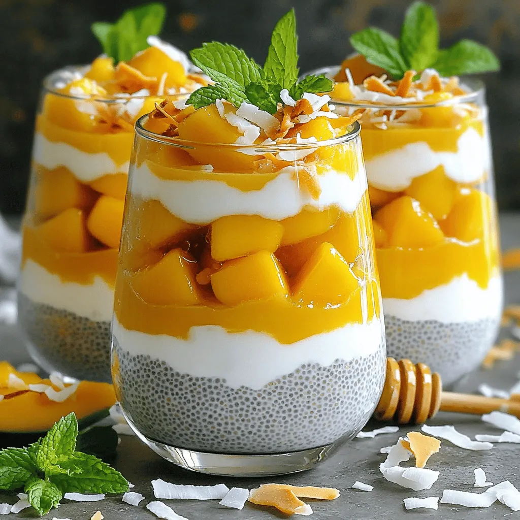- 1 cup creamy coconut milk - 1/2 cup chia seeds - 1 ripe mango, perfectly diced - 2 tablespoons pure maple syrup or honey - 1 teaspoon pure vanilla extract - A pinch of fine salt - Optional: Toasted coconut flakes - Optional: Fresh mint leaves I love using coconut milk for its rich, creamy texture. It adds a tropical taste that pairs perfectly with mango. The chia seeds are my secret weapon. They are packed with fiber, protein, and healthy fats. This makes the pudding filling and nutritious. Maple syrup or honey sweetens the dish naturally. You can adjust the amount based on your taste. Vanilla extract adds a warm flavor that rounds out the sweetness. The pinch of salt enhances all the flavors together. Toasted coconut flakes give a crunchy texture on top. Fresh mint adds a pop of color and freshness. Together, they create a dessert that is both tasty and beautiful. When picking mangoes, look for ones that feel slightly soft when pressed. They should smell sweet and fruity too. A ripe mango will have a vibrant color. Avoid any with dark spots or wrinkles. For coconut milk, choose a can with no additives. Look for full-fat coconut milk for the creamiest pudding. Shake the can before opening to mix the cream and liquid. This will ensure a smooth texture in your pudding. For the full recipe, check the instructions carefully. Enjoy making your mango coconut chia pudding! To make Mango Coconut Chia Pudding, start with simple steps. First, gather your ingredients. You will need creamy coconut milk, chia seeds, ripe mango, maple syrup or honey, vanilla extract, and salt. Each ingredient plays a role in creating a creamy and fruity treat. 1. In a mixing bowl, pour in the coconut milk. Add the maple syrup or honey, vanilla extract, and a pinch of salt. Whisk these ingredients together until smooth. 2. Next, add the chia seeds gradually while whisking. This helps them mix in well and avoids clumping. 3. Cover the bowl tightly with plastic wrap or use a sealable container. Place it in the fridge for at least four hours. Overnight is best for thick pudding. 4. After chilling, take the bowl out and stir well. This breaks up any clumps and makes the texture smooth. 5. Now, it's time to layer your pudding. Use clear glasses or bowls for presentation. Add layers of pudding and diced mango for a beautiful look. 6. Finally, garnish each serving with toasted coconut flakes and fresh mint leaves. This adds flavor and makes it eye-catching. - Prep Time: 10 minutes - Chill Time: Minimum 4 hours (overnight is better) - Total Time: 4 hours 10 minutes (including chilling) 1. Whisk coconut milk and other ingredients: 3 minutes 2. Add chia seeds and mix: 2 minutes 3. Cover and refrigerate: 4 hours (or overnight) 4. Stir and layer: 5 minutes 5. Garnish: 2 minutes Making chia pudding is simple, but some mistakes can happen. Here are tips to help: - Not whisking enough: If you don’t whisk well, the seeds can clump. Always stir them in slowly. - Rushing the chilling time: Don’t skip the chilling. Chia seeds need time to absorb liquid and thicken. - Over or under sweetening: Start with less sweetener. You can always add more later if needed. - Using unripe mango: Always choose ripe mango for the best flavor. It will make your pudding tastier. - Skipping the garnish: A little extra touch makes a big difference in presentation and flavor. Add those coconut flakes and mint! To get that smooth and creamy texture, whisk your coconut milk with the sweetener before adding chia seeds. Use a bowl that is big enough for mixing. Gradually sprinkle the chia seeds into the mix while whisking fast. This step keeps them from clumping together. After chilling, stir again to break any lumps. This keeps your pudding light and fluffy. I find that sweetness can change how much you enjoy your pudding. If you like it sweeter, add more maple syrup or honey. Start with 2 tablespoons, then taste and add more if needed. If you prefer less sweet, use just one tablespoon. Remember, ripe mangoes also add natural sweetness, so balance it out. How you serve the pudding matters! Use clear glasses to show off those beautiful layers of pudding and mango. Layer the pudding with diced mango for a colorful look. To make it special, add toasted coconut flakes on top and a sprig of mint for a pop of color. This will not only taste great but also impress your guests. For the full recipe, check out the details I provided above. {{image_4}} You can switch up the fruit in your mango coconut chia pudding. Try using pineapple, papaya, or passion fruit for a tropical twist. Berries like strawberries or blueberries also add a nice flavor. Each fruit brings its own sweetness and texture. You can mix and match to suit your taste or what you have at home. This pudding is easy to adjust for different diets. To make it vegan, stick with maple syrup for sweetness. It’s a great choice that fits well. If you want a sugar-free option, use a sugar substitute like stevia or erythritol. Remember to check the package for the right amount to use. This way, everyone can enjoy a delicious dessert! While toasted coconut and mint are great, there are many other toppings to try. You can add nuts like almonds or walnuts for crunch. Fresh fruit slices on top also look pretty. A drizzle of honey or maple syrup gives extra sweetness. For a fun twist, consider using dark chocolate shavings or yogurt. These toppings will make your pudding exciting and even more tasty. For the full recipe, check out the details above! To keep your Mango Coconut Chia Pudding fresh, store it in an airtight container. This helps prevent the pudding from absorbing unwanted smells from your fridge. Make sure to cover the pudding tightly if you use a bowl. Always keep it chilled in the refrigerator. Properly stored, this pudding lasts about 4 to 5 days. Check for changes in smell or texture. If it smells sour or has a watery layer on top, it's time to toss it. Always trust your senses. Fresh is best! You can freeze portions of the pudding for a quick treat later. Use ice cube trays or small containers. Fill them with pudding and freeze. When you're ready to enjoy, thaw it overnight in the fridge. This keeps the flavor intact without losing texture. Mango Coconut Chia Pudding is both tasty and healthy. Each serving has about: - Calories: 210 - Protein: 5 grams - Fat: 12 grams - Carbohydrates: 28 grams - Fiber: 10 grams - Sugar: 5 grams Chia seeds add fiber and omega-3s. Coconut milk gives healthy fats. Mango adds vitamins A and C. This dessert is a great option for a nutritious snack or treat. Yes, you can use other milks! Almond, soy, or oat milk work well. Each type will change the flavor. Almond milk is light, while soy milk is creamier. Oat milk adds sweetness. Choose what you like best. Just make sure it’s unsweetened for a healthier choice. For each serving, use about 2 tablespoons of chia seeds. Here’s a quick guide: - 1 serving: 2 tablespoons - 2 servings: 4 tablespoons - 4 servings: 8 tablespoons Adjust the amount based on how many people you will serve. More seeds give a thicker pudding, while fewer seeds make it thinner. You can always tweak it to your taste! Mango Coconut Chia Pudding combines great flavors and health benefits. We discussed the key ingredients and their perks. I shared easy steps for making the pudding and how to avoid common mistakes. Plus, I gave you helpful tips for perfect texture and creative toppings. Don't forget to explore variations for your taste. Store it right to keep it fresh. Enjoy this dessert that fits many diets. Now, you have all the tools to make this delicious treat your own.