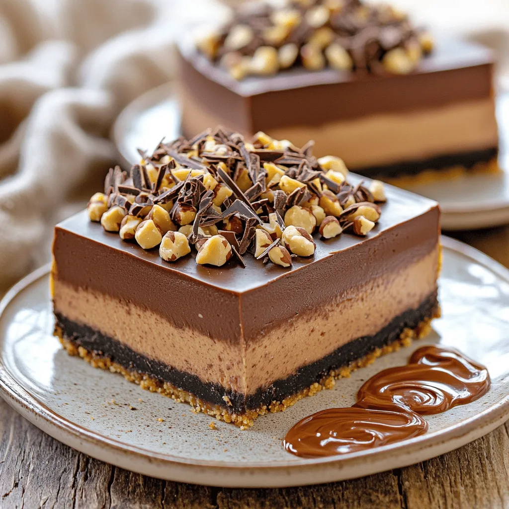 - 1 ½ cups graham cracker crumbs - ½ cup unsalted butter, melted - 2 cups cream cheese, softened to room temperature - 1 cup powdered sugar, sifted - 1 cup hazelnut spread (such as Nutella) - 3 large eggs, at room temperature - 1 teaspoon pure vanilla extract - 1 cup sour cream, full-fat preferred - ¼ cup unsweetened cocoa powder - ½ cup crushed hazelnuts (for topping) - Chocolate shavings (for garnish) - Alternatives to graham cracker crumbs: You can use crushed cookies like Oreos or gingersnaps. They add a different flavor but still work well. - Vegan alternatives for cream cheese: Look for plant-based cream cheese, or make your own with soaked cashews blended with lemon juice and nutritional yeast. - Sugar substitutes for a healthier option: Try using coconut sugar or a stevia blend. These options can cut calories without losing sweetness. Each ingredient plays a key role in the flavor and texture of this cheesecake. The graham cracker crumbs form a crunchy base. The cream cheese gives it that smooth and creamy bite. The hazelnut spread adds a rich, nutty sweetness. If you're looking for something different or healthier, try these substitutions. They can help you create a dessert that fits your needs while keeping it delicious. 1. Preheating the oven: Set your oven to 325°F (160°C). This helps bake the cheesecake evenly. 2. Making the crust: In a bowl, mix 1 ½ cups graham cracker crumbs with ½ cup melted unsalted butter. Stir until the crumbs are coated. Press this mix into the bottom of a 9-inch springform pan. Bake for 10 minutes and let it cool completely. 3. Cooling the crust before filling: Allow the crust to cool to room temperature. This prevents the filling from melting the crust. 1. Beating the cream cheese: In a large bowl, beat 2 cups of softened cream cheese on medium speed. Do this for 2-3 minutes until smooth and creamy. 2. Incorporating hazelnut spread: Gradually add 1 cup of sifted powdered sugar. Mix until it is fully smooth. Then, add 1 cup of hazelnut spread and mix on low speed until it’s silky. 3. Adding eggs and remaining ingredients: Add 3 large eggs one by one, mixing well after each. Stir in 1 teaspoon of vanilla extract, 1 cup of sour cream, and ¼ cup of unsweetened cocoa powder. Make sure the mixture is smooth. 1. Pouring batter over the crust: Carefully pour the cheesecake batter over the cooled crust. Use a spatula to smooth the top and remove any air bubbles. 2. Baking temperature and time: Bake the cheesecake for 55-60 minutes. It should be set around the edges and slightly jiggly in the center. 3. Cooling strategies to prevent cracks: After baking, turn off the oven. Crack the door open and let the cheesecake cool for about 1 hour. This helps stop cracks from forming. Afterward, chill it in the refrigerator for at least 4 hours, or overnight for the best taste. - Achieving a creamy texture: For a smooth cheesecake, ensure your cream cheese is at room temperature. Softened cream cheese mixes better and prevents lumps. Mix on medium speed until creamy, about 2-3 minutes. - Preventing cracks on the cheesecake: Bake your cheesecake slowly at a low temperature. Once baked, turn off the oven and leave the door slightly open. This gradual cooling helps avoid cracks. - Presentation tips for serving: Serve generous slices on elegant plates. Adding a drizzle of hazelnut spread next to each slice enhances the look and taste. Fresh mint leaves add color and freshness. - Pairing with toppings: Crushed hazelnuts on top add crunch and flavor. Chocolate shavings give a lovely finish. You can also add whipped cream for extra richness. - Adding espresso for depth: A tablespoon of espresso powder boosts flavor without overpowering the chocolate. It adds a rich, warm taste that complements the cheesecake. - Incorporating more hazelnut flavor: For a stronger hazelnut taste, add a tablespoon of hazelnut extract. This will enhance the hazelnut spread and create a more intense flavor profile. {{image_4}} You can change up the flavor of your chocolate hazelnut cheesecake easily. One great idea is to add coffee notes. Just mix in a tablespoon of instant coffee granules with the hazelnut spread. This adds a rich depth to your dessert. You might also want to try caramel. Drizzle some caramel sauce into the batter before baking. It gives a lovely sweetness that pairs well with chocolate. If you love white chocolate, swap the dark chocolate for white chocolate. Use white chocolate chips or a white chocolate spread instead of hazelnut spread. This gives your cheesecake a new twist that many will enjoy. You can also make this cheesecake fit different diets. For gluten-free options, try using almond flour or gluten-free cookie crumbs for the crust. This way, everyone can enjoy your dessert without worry. If you want a dairy-free cheesecake, substitute cream cheese with a vegan cream cheese. You can also use coconut cream instead of sour cream. These changes keep the creamy texture while making it dairy-free and just as tasty. Seasonal ingredients can make your cheesecake even more special. For holidays, think about adding festive spices like cinnamon or nutmeg. You could also decorate the top with holiday-themed candies for a fun look. Using seasonal fruits as toppings is another great idea. Fresh berries in summer add color and flavor. In fall, try adding sliced pears or apples with a sprinkle of cinnamon. These fruits not only taste great but also brighten your dessert's appearance, making it even more inviting. To keep your chocolate hazelnut cheesecake fresh, refrigerate it. Wrap it tightly in plastic wrap. This helps avoid drying out. You can store it in the fridge for up to five days. If you want to keep it longer, freezing is a great option. For freezing, slice the cheesecake first. Wrap each slice in plastic wrap, then place them in an airtight container. This method makes it easier to enjoy later. You can freeze the cheesecake for up to three months without losing flavor or texture. If you’ve frozen your cheesecake, you need to thaw it safely. The best way is to move it to the fridge for about 6-8 hours. This slow thaw keeps the cheesecake creamy. To refresh leftover cheesecake, try these tips: Let it sit at room temperature for 30 minutes before serving. This helps bring back its creamy texture and rich taste. You can add fresh toppings like whipped cream or more hazelnut spread to make it feel special again. How long can you store chocolate hazelnut cheesecake? You can store your cheesecake in the fridge for up to one week. Keep it covered to maintain freshness. If you want to save it longer, freeze it for up to three months. Just remember to wrap it well to avoid freezer burn. Can I make this cheesecake ahead of time? Yes, you can make this cheesecake up to two days in advance. This actually helps the flavors meld together. Just chill it in the fridge until you're ready to serve. Why is my cheesecake cracking? Cracks often happen due to sudden temperature changes. To prevent this, allow the cheesecake to cool gradually in the oven with the door slightly open. Also, avoid overmixing the batter, which can introduce too much air. What to do if the cheesecake is too dense? If your cheesecake is too dense, it may need more mixing. Ensure you beat the cream cheese until smooth before adding other ingredients. You can also try adding an extra egg to lighten the texture. How to fix overbaking issues? If your cheesecake is overbaked, it may crack and dry out. To reduce this, check for doneness a few minutes early. The center should still jiggle slightly. If it does overbake, you can cover the cracks with toppings like chocolate shavings. Can I use low-fat cream cheese? You can use low-fat cream cheese, but the texture may change. The cheesecake may not be as creamy and rich as with full-fat cream cheese. For the best results, stick to full-fat options. What is the best hazelnut spread to use? Nutella is a popular choice, but feel free to use any good-quality hazelnut spread. Look for one with real hazelnuts and minimal additives for the best flavor. This blog post covered all you need to bake a delicious chocolate hazelnut cheesecake. You learned about key ingredients and smart substitutes. I shared step-by-step instructions and tips to avoid cracks. You also found helpful variations and storage info. In summary, this cheesecake is easy and fun to make. With simple adjustments, you can cater to different tastes and diets. Enjoy creating your own version!