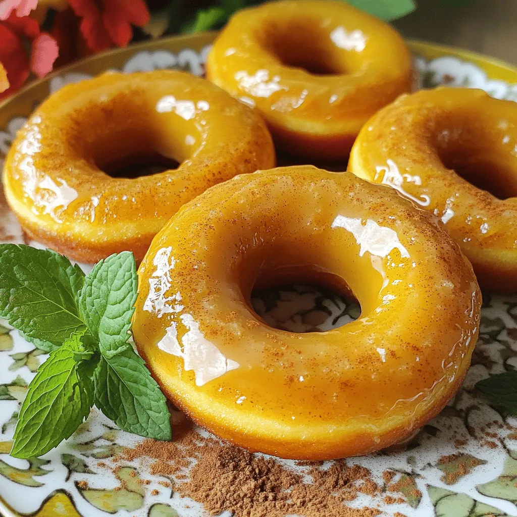 - 1 cup pure pumpkin puree - 1/2 cup granulated sugar - 1/4 cup packed brown sugar - 1/4 cup vegetable oil - 2 large eggs - 1 teaspoon vanilla extract - 1 teaspoon baking powder - 1/2 teaspoon baking soda - 1/2 teaspoon ground cinnamon - 1/4 teaspoon ground nutmeg - 1/4 teaspoon ground ginger - 1/4 teaspoon salt - 1/2 cup pure maple syrup - 1 cup powdered sugar (for glaze) When I make these donuts, I love using simple, fresh ingredients. Pumpkin puree is the star here. It gives the donuts a rich taste and moist texture. The combination of granulated and brown sugars adds sweetness and depth. I choose vegetable oil for a light feel, and two eggs help bind everything together. To bring out the flavors, I add vanilla extract and a blend of spices. Baking powder and baking soda help the donuts rise. Ground cinnamon, nutmeg, and ginger provide a warm, cozy taste. A touch of salt balances the sweetness. For the glaze, pure maple syrup is a must. It gives a lovely shine and a sweet finish. I mix it with powdered sugar to create that perfect glaze. Adjusting the glaze thickness with a bit more syrup is easy if needed. This simple mix adds a delightful touch to each bite. 1. Preheat your oven to 350°F (175°C). This helps the donuts bake evenly. 2. Grease the donut pan with cooking spray or oil. This step keeps them from sticking. 1. In a large bowl, combine the pumpkin puree, granulated sugar, brown sugar, and vegetable oil. Mix well until smooth. 2. Add the eggs, one at a time, mixing thoroughly after each. Stir in the vanilla extract until fully blended. 1. In a separate bowl, whisk together the all-purpose flour, baking powder, baking soda, ground cinnamon, ground nutmeg, ground ginger, and salt. This ensures even flavor in the donuts. 1. Gradually fold the dry ingredients into the wet mixture using a spatula. Stir until just combined; do not overmix. 2. Using a spoon or piping bag, fill the donut pan cavities two-thirds full with the batter. This allows space for rising. 1. Bake in the preheated oven for 10-12 minutes. A toothpick should come out clean when inserted into the center. 2. Cool the donuts in the pan for about 5 minutes. Then, transfer them to a wire rack to cool completely. 1. In a medium bowl, whisk together the maple syrup and powdered sugar until smooth. Adjust the thickness by adding more maple syrup if needed. 2. Once cooled, dip the tops of the donuts into the glaze. Let any excess drip off and place them back on the wire rack. Allow the glaze to set before serving. - Ensure all ingredients are at room temperature. This helps them mix well. - Do not overmix the batter for fluffy donuts. Stir just until combined. - Adjust glaze consistency with additional maple syrup. Add a little at a time. - Allow donuts to cool completely before glazing. This helps the glaze stick. - Dust with cinnamon powder before serving. This gives a nice touch. - Garnish with fresh mint or edible flowers for decoration. It makes them look pretty. {{image_4}} You can easily change up the flavors in these donuts. Try adding chocolate chips to the batter. They add a nice sweetness that pairs well with pumpkin. You can also incorporate nuts like walnuts or pecans for an added crunch. This will give your donuts a fun texture and new taste! If you need a gluten-free option, just swap in gluten-free flour. This keeps the donuts soft and tasty. For a healthier fat choice, use avocado oil instead of vegetable oil. It gives a nice flavor and is better for you! Want to add a holiday twist? Try mixing in some cranberries. They add a pop of color and tartness. For a classic fall flavor, use apple cider in place of some pumpkin. This adds a new layer of taste and makes them even more festive! You can store your maple glazed pumpkin donuts in an airtight container. They will stay fresh for up to 2 days. Keep them at room temperature for the best taste. Avoid direct sunlight and heat to maintain their flavor and texture. If you want to keep them longer, refrigerate the donuts. They stay fresh for up to a week in the fridge. Just make sure they are in an airtight container. This helps prevent them from drying out or absorbing other smells. To freeze donuts, keep them unglazed. Wrap them tightly in plastic wrap or place them in a freezer bag. They can last for up to 3 months in the freezer. When you are ready to eat, thaw them at room temperature. Glaze them just before serving for the best taste. This keeps the glaze fresh and delicious. Yes, canned pumpkin puree works perfectly for this recipe. It saves time and is just as tasty. Look for 100% pure pumpkin, not the spiced pie filling. This step makes your baking easier and still delivers great flavor. To make these donuts vegan, substitute eggs with applesauce and use a plant-based milk. For each egg, use 1/4 cup of unsweetened applesauce. This swap keeps the donuts moist and fluffy without using animal products. Warm glazed donuts in the microwave for 10-15 seconds to restore softness. This quick method brings back that fresh-baked feel. Avoid overheating, as it may melt the glaze. Enjoy your warm treat! In this blog post, we explored how to make delicious pumpkin donuts from scratch. We covered all the ingredients, from the base to the spices, and the right way to glaze them. Don't forget the tips to keep your donuts fluffy and tasty. You can also try fun variations to suit your taste. Now you have a simple way to enjoy homemade donuts. These treats are perfect for any occasion, and they are sure to impress. Happy baking!