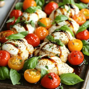 - 4 boneless, skinless chicken breasts - 2 cups cherry tomatoes, halved - 8 ounces fresh mozzarella cheese, sliced into thick rounds - 1 cup fresh basil leaves, gently torn - 3 tablespoons olive oil - 2 cloves garlic, minced finely - 1 teaspoon dried oregano - Salt and freshly cracked black pepper to taste - Balsamic glaze for drizzling - Extra basil leaves for presentation The heart of any great recipe lies in its ingredients. For this Sheet Pan Italian Chicken Caprese, the focus is on fresh flavors. You start with chicken breasts. They are lean and cook quickly. The cherry tomatoes add a sweet burst. Fresh mozzarella brings creamy texture and taste. Lastly, the basil gives a fragrant touch. In the pantry, you’ll find olive oil, garlic, and oregano. Olive oil not only adds flavor but also helps brown the chicken. Garlic brings depth, while oregano offers an earthy tone. Don’t forget salt and pepper to enhance every bite. For garnishing, you can drizzle balsamic glaze over the dish. This adds a sweet and tangy kick. Extra basil leaves make for a beautiful plate. They bring freshness and color. Using fresh ingredients makes a big difference. It helps you create a dish that is not only tasty but also visually appealing. Enjoy the process of gathering these items, as they set the stage for a flavorful delight! - Preheat the oven to 400°F (200°C). - Line the baking sheet with parchment paper for easy cleanup. - Combine 3 tablespoons of olive oil, 2 cloves of minced garlic, and 1 teaspoon of oregano. - Season the mixture with salt and pepper to taste. - Coat 4 boneless, skinless chicken breasts with the marinade. - Arrange 2 cups of halved cherry tomatoes around the chicken on the baking sheet. - Bake in the preheated oven for about 25 minutes, or until the chicken reaches 165°F (74°C). - Place 8 ounces of fresh mozzarella on top of the cooked chicken. - Return the baking sheet to the oven for another 5 minutes, until the cheese melts. - Sprinkle the dish with 1 cup of torn fresh basil leaves. - Drizzle with balsamic glaze before serving. - Checking doneness with a meat thermometer: Use a meat thermometer to check the chicken's temperature. It should reach 165°F (74°C). This ensures it's safe to eat and juicy. - Ensuring even cooking of chicken breasts: Try to choose chicken breasts of similar size. This helps them cook evenly. Thin parts may cook faster, so check them closely. - Suggested additional seasonings: Besides oregano, you can add thyme or rosemary. A pinch of red pepper flakes adds heat. For a zestier flavor, sprinkle lemon zest on top before baking. - Plating tips for visual appeal: Serve on a large platter. Arrange tomatoes around the chicken for a colorful look. Finish with extra basil leaves and a drizzle of balsamic glaze for a gourmet touch. - Overcrowding the sheet pan: Avoid placing too many items on the pan. This can trap steam and prevent browning. Give each piece space to roast nicely. - Skipping the resting time: Always let the dish rest for a few minutes after baking. This helps the juices settle and enhances flavor. It makes each bite tender and delicious. {{image_4}} You can change the cheese in this dish. Try goat cheese or feta for a new twist. Both add a unique flavor that pairs well with chicken. You can also switch up the veggies. Zucchini and bell peppers work great here. They roast nicely and add color to your dish. Want to spice things up? Add red pepper flakes to the olive oil mix. It adds a nice kick. You can also use Italian herbs for extra flavor. Different oils can change the taste, too. Try avocado oil or flavored olive oils. They can enhance the dish in fun ways. This recipe is perfect for busy nights. You can marinate the chicken in advance. Just store it in the fridge for a day or two. You can also chop the veggies ahead of time. Keep them in a sealed container until you're ready to cook. For storing leftovers, make sure to cool them first. Place the chicken and tomatoes in airtight containers. They will stay fresh for a few days. This way, you can enjoy the flavors longer! After enjoying your Sheet Pan Italian Chicken Caprese, store leftovers properly. Place chicken and tomatoes in an airtight container. This keeps them fresh and tasty. If you have mozzarella left, wrap it in plastic wrap or foil. Store it in the fridge. For best results, use it within three days. To reheat, use an oven or a microwave. The oven keeps the chicken's texture nice. Preheat your oven to 350°F (175°C). Place the chicken on a baking sheet. Cover it with foil to prevent drying. Heat for about 15 minutes. If using a microwave, heat on medium for 2 to 3 minutes. Check to make sure it is warm all the way through. You can freeze the finished dish for later. Allow it to cool completely. Wrap each piece in plastic wrap, then place it in a freezer bag. Squeeze out as much air as you can. Use it within three months for the best taste. To thaw, move it to the fridge overnight. This helps keep the flavors intact. Baking time for chicken can change based on size. For average-sized chicken breasts, it takes about 25 minutes. If your chicken breasts are thicker, add a few extra minutes. Always check the internal temperature. It should reach 165°F (74°C) to be safe. Yes, you can prep this meal ahead of time. Marinate the chicken in the olive oil mixture for up to 24 hours. This adds more flavor. Assemble the dish by placing the chicken and tomatoes on the baking sheet. Cover it and store it in the fridge. When ready, just pop it in the oven. Several sides go well with this dish. Here are some ideas: - Garlic bread pairs perfectly with the chicken. - A fresh green salad brightens the meal. - Roasted vegetables add color and flavor. - Pasta with olive oil and herbs is a great addition. These sides will enhance the meal and make it even more delightful. Enjoy! This blog post covered making Sheet Pan Italian Chicken Caprese. We explored key ingredients and pantry items. You learned how to prepare, assemble, and bake the dish with expert tips. We also discussed variations and storage info to keep your meal fresh. By following these steps, you can enjoy a tasty dinner any night. Remember, good cooking is all about trying new ideas and having fun. Enjoy your meal!