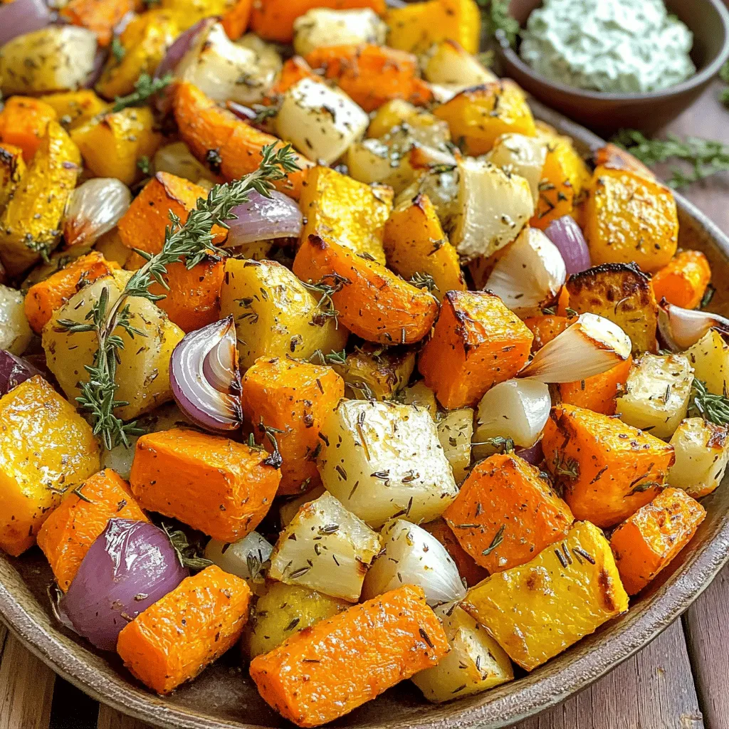 - 4 medium carrots, peeled and cut into bite-sized chunks - 3 medium parsnips, peeled and cut into similar-sized chunks - 2 medium sweet potatoes, peeled and cubed into generous pieces - 1 medium red onion, cut into quarters - 4 cloves of garlic, left whole and unpeeled - 2 teaspoons fresh rosemary, finely chopped - 2 teaspoons fresh thyme, finely chopped - 1 teaspoon smoked paprika for a hint of warmth - Sea salt and freshly cracked pepper to taste - 3 tablespoons extra-virgin olive oil Herb roasted root vegetables are a great dish to enjoy. They are simple to make and full of flavor. You can use bright, fresh veggies like carrots, parsnips, and sweet potatoes. These veggies not only taste great, but they also look colorful on your plate. Using fresh herbs like rosemary and thyme boosts the flavor. Smoked paprika adds warmth and depth. The extra-virgin olive oil helps the veggies roast nicely, making them crispy on the outside and tender inside. You can feel good about serving this dish. It’s packed with vitamins and minerals. Plus, it’s easy to customize with your favorite herbs or veggies. Try this simple recipe, and you’ll have a tasty and healthy side dish! - Preheat Oven to 400°F (200°C) Start by setting your oven to 400°F (200°C). This heat will bring out the best in our veggies. - Prepare and Chop Vegetables Next, peel and chop the root vegetables. Cut the carrots, parsnips, and sweet potatoes into bite-sized pieces. For the red onion, quarter it. Leave the garlic whole and unpeeled for a nice, mellow flavor. - Combining Vegetables and Oil In a big bowl, add the chopped veggies. Drizzle 3 tablespoons of extra-virgin olive oil over them. Make sure each piece gets some oil for great roasting. - Adding Herbs and Seasonings Now, sprinkle 2 teaspoons of chopped rosemary, 2 teaspoons of thyme, and 1 teaspoon of smoked paprika. Add sea salt and cracked pepper to taste. Use your hands or a spoon to mix everything well. You want the veggies nicely coated with oil and seasonings. - Spreading Mix on Baking Sheet Take a large baking sheet and spread the veggie mix in a single layer. This way, they roast evenly and get crispy edges. - Roasting Time and Technique Place the baking sheet in the preheated oven. Roast for about 30-35 minutes. Halfway through, stir the veggies to help them brown. They are done when they are tender and have golden-brown edges. Seasoning well is key to great flavor. Salt and herbs bring the vegetables to life. I suggest using sea salt and freshly cracked pepper. This mix enhances the natural taste of the vegetables. Fresh rosemary and thyme add depth and aroma. Toss the veggies well, so each piece gets coated. You don't need to marinate these veggies. Just season right before cooking. Stir the vegetables halfway during roasting. This step helps them cook evenly. I check for doneness by piercing a sweet potato with a fork. It should slide in easily. If the vegetables are still hard, give them more time. The goal is tender veggies with caramelized edges. Serving on a colorful platter makes this dish pop. A mix of orange, yellow, and purple creates visual appeal. Garnish with fresh herbs like rosemary or thyme. This extra touch adds freshness and beauty. You can also serve a bowl of tzatziki or creamy yogurt sauce on the side. It invites everyone to dip and enjoy! {{image_4}} You can switch up your root vegetables. Here are some great options: - Beets: These add sweetness and vibrant color. Roast them until tender for a rich flavor. - Turnips: They have a mild taste that gets sweeter when roasted. Cut them into similar sizes for even cooking. - Potatoes: Classic choice! They turn crispy outside and soft inside. Use any type you like, such as Yukon gold or red. Herbs can make your dish even better. Try these combinations: - Oregano and Basil: These herbs give a nice Mediterranean touch. Use dried or fresh, both work well. - Sage: This herb adds a warm, earthy flavor. It pairs beautifully with root veggies, enhancing their natural taste. Want to make your roasted vegetables pop? Here are some tips: - Adding a Splash of Balsamic Vinegar: This adds a tangy sweetness. Drizzle it over the veggies before roasting for extra depth. - Incorporating Spices like Cumin or Coriander: These spices bring a warm, aromatic flavor. Just a sprinkle can change your dish from good to great. To keep your herb roasted root vegetables fresh, follow these tips: - Refrigeration: Allow the vegetables to cool down first. Place them in the fridge within two hours of cooking. - Container Suggestions: Use airtight containers. Glass or BPA-free plastic containers work well for storing. When reheating, you have two main options: oven or microwave. - Oven vs. Microwave: The oven gives the best results. Preheat it to 350°F (175°C). Spread the vegetables on a baking sheet. Heat for about 10-15 minutes. The microwave is faster. Heat in short bursts of 30 seconds. Stir in between. - Tips for Maintaining Crispiness: To keep them crispy, avoid covering them with a lid when reheating. This allows moisture to escape. Freezing is a great way to enjoy these vegetables later. - How to Freeze Roasted Vegetables: Let them cool completely. Spread them on a baking sheet in a single layer. Freeze for about 1-2 hours. Then transfer to a freezer-safe bag. Remove as much air as possible to prevent freezer burn. - Thawing and Using Frozen Vegetables: Thaw overnight in the fridge. You can also thaw them in the microwave. Reheat in the oven for the best texture. Yes, you can use frozen vegetables. However, fresh root vegetables taste better. Frozen vegetables often lose some texture. They can turn mushy when roasted. If you use frozen, cut the roasting time. Check for doneness early, around 20 minutes. Herb-roasted root vegetables are very healthy. They are rich in vitamins and minerals. Carrots provide beta-carotene, good for your eyes. Parsnips are high in fiber, aiding digestion. Sweet potatoes offer vitamin A for skin health. They all contain antioxidants that fight free radicals. If you lower the oven to 375°F (190°C), roast for about 35-40 minutes. At 425°F (220°C), cut the time to 25-30 minutes. Always check for tenderness. Stir halfway to ensure even cooking. Remember, each oven works a bit differently. Adjust times as needed. Roasting root vegetables is fun and easy. We covered the best ingredients and prep steps. Don't forget the importance of seasoning for flavor. Try different herbs, vegetables, and flavors for variety. Store leftovers correctly so you can enjoy them later. Reheat them for tasty meals. Follow these tips for yummy results. You can adjust the roasting time to suit your oven. Embrace the joy of cooking and make these dishes your own. Enjoy your tasty, healthy meals!