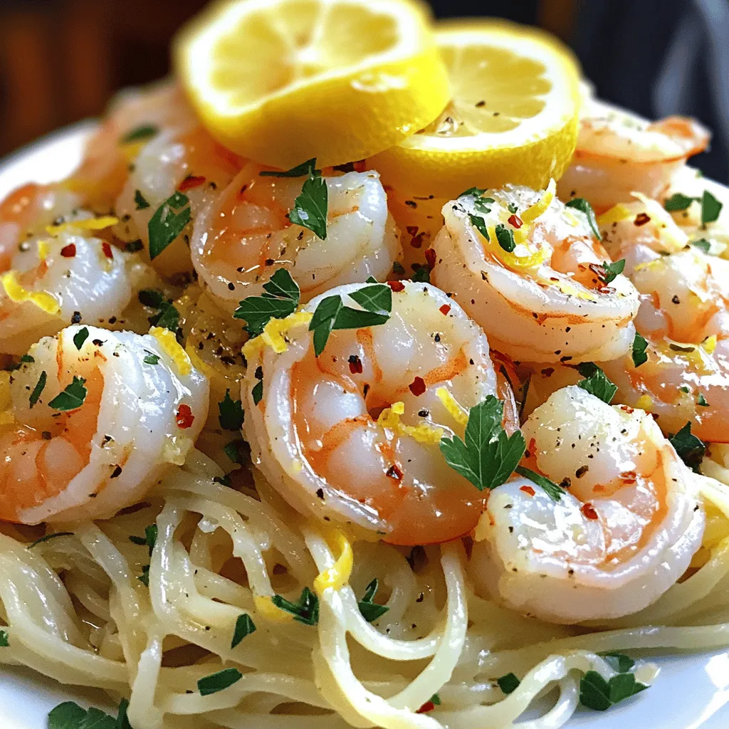 - 1 pound large shrimp, peeled and deveined - 4 tablespoons unsalted butter - 4 tablespoons olive oil - 4 cloves garlic, minced - Zest of 1 lemon - Juice of 2 lemons - 1 teaspoon red pepper flakes (adjust to taste) - Salt and pepper to taste - 1/2 cup fresh parsley, chopped - 8 ounces linguine or spaghetti - Optional: Lemon slices for garnish The main stars of this dish are the shrimp and the fresh flavors. You want large shrimp that are peeled and deveined for easy eating. The butter and olive oil create a rich base. Garlic adds a nice punch, while lemon brings brightness and zest. Red pepper flakes add heat, so adjust them to fit your taste. Salt and pepper are key for flavor. Fresh parsley gives a pop of color and freshness. You can use either linguine or spaghetti for the pasta. If you want to make it pretty, lemon slices look great on top! - Additional herbs (e.g., basil or thyme) - White wine for added depth of flavor - Parmesan cheese for a creamy variation To make this dish your own, think about adding other herbs like basil or thyme. A splash of white wine can deepen the flavors, making the dish even more special. If you like creamy sauces, sprinkle some Parmesan cheese on top for extra richness. - Boil the pasta: Start with a big pot of salted water. Bring it to a boil. Add 8 ounces of linguine or spaghetti. Cook until it's al dente. Reserve 1 cup of the pasta water before draining. Set the pasta aside. - Prepare the shrimp: In a large skillet over medium heat, mix 2 tablespoons of unsalted butter and 2 tablespoons of olive oil. Let it melt. This mixture is the base for the shrimp. - Sauté garlic and red pepper flakes: Add 4 minced garlic cloves and 1 teaspoon of red pepper flakes to the skillet. Cook for about 1 minute. Stir often to keep the garlic from burning. - Cook shrimp until pink and translucent: Increase the heat a bit and add 1 pound of shrimp. Season with salt and pepper. Cook for 2-3 minutes per side. The shrimp should turn pink and opaque. - Add lemon zest and juice: Once the shrimp are cooked, add the zest of 1 lemon and the juice of 2 lemons. Stir to coat the shrimp well. - Incorporate pasta and additional ingredients: Toss the reserved linguine into the skillet. Add the remaining 2 tablespoons of butter and olive oil. Mix well. If too thick, add some reserved pasta water. - Stir in parsley and adjust seasoning: Add 1/2 cup of chopped parsley. Taste your dish. Add more salt, pepper, or lemon juice if needed. - Plate and garnish for serving: Divide the shrimp scampi onto plates. Garnish with lemon slices and more parsley. Enjoy your fresh, tasty meal! - Selecting fresh shrimp: Look for shrimp that smell sweet and have a firm texture. Fresh shrimp should have a shiny, translucent appearance. Avoid shrimp with a strong fishy odor or dull skin. When you buy shrimp, ask for it to be peeled and deveined for ease. - Avoiding overcooking shrimp: Shrimp cook quickly. They should turn pink and opaque in about 2-3 minutes per side. If they curl tightly, they are likely overcooked. Pay close attention while cooking to ensure they remain tender and juicy. - Balancing flavors with lemon and seasoning: The lemon adds brightness to shrimp scampi. Use both zest and juice for depth. Start with less salt and pepper, and taste as you go. Adjust seasonings based on your preference. A sprinkle of red pepper flakes adds a nice kick without overpowering the dish. - Best side dishes for shrimp scampi: Garlic bread pairs well with shrimp scampi. A light salad with fresh greens complements the dish nicely. You can also serve it with roasted vegetables for a colorful plate. - Recommended wine pairings: A crisp white wine like Sauvignon Blanc works well. The acidity of the wine matches the lemon in the dish. You could also try a light Pinot Grigio for a refreshing choice. - Presentation tips for an elegant finish: Use a large white plate to showcase the dish. Garnish with lemon slices and a sprinkle of fresh parsley for color. Adding a few sprigs of parsley on top adds a lovely touch. For a complete meal, serve with crusty bread to soak up the sauce. {{image_4}} You can play with this recipe in fun ways. Here are some ideas to try: - Creamy lemon garlic shrimp scampi: Add cream to make it rich. Just stir in about 1/2 cup of heavy cream after you add the lemon juice. This gives a smooth, velvety sauce. - Shrimp scampi with vegetables: Toss in fresh spinach or cherry tomatoes. These veggies add color and nutrition. Add them when you cook the shrimp for a quick, tasty option. - Spicy shrimp scampi: Adjust the heat! Increase the red pepper flakes or add cayenne pepper. This adds a nice kick. Start small, then taste and add more as you like. If you need gluten-free choices, here are some great swaps: - Zucchini noodles: Replace pasta with spiralized zucchini. It’s light and fresh. Sauté the zucchini for just a few minutes until tender. - Gluten-free pasta: Many brands offer gluten-free versions. Cook them just like regular pasta for a satisfying meal. - Alternative protein substitutes: Try chicken or tofu if shrimp isn’t your thing. Cook them in the same way you would cook the shrimp. This keeps the flavors intact. To store shrimp scampi, let it cool before placing it in the fridge. Use an airtight container to keep it fresh. This helps prevent strong odors from other foods. Shrimp scampi lasts about 2 to 3 days in the fridge. Always check for any off smells or changes in texture before eating. When reheating shrimp scampi, use low heat to keep the flavors. You can use a skillet or microwave. If using a skillet, add a splash of water or broth to help with moisture. Stir often to avoid burning. If using the microwave, cover the dish loosely to trap steam. This keeps the shrimp tender and juicy. What can I serve with shrimp scampi? You can serve shrimp scampi with many dishes. Here are some ideas: - Garlic bread for dipping in the sauce. - A fresh green salad for a light side. - Steamed vegetables for color and nutrition. - Rice or quinoa for a hearty option. How do I know when the shrimp are fully cooked? Shrimp are fully cooked when they turn pink and opaque. They should curl into a C shape. If they are still gray or translucent, they need more time. Cooking shrimp takes about 2-3 minutes per side. Can I make shrimp scampi ahead of time? You can prepare shrimp scampi ahead of time, but it’s best to cook it fresh. If you need to prepare it early, cook and store the shrimp separately. Reheat gently before serving, but avoid overcooking. What to do if the sauce is too thick? If the sauce is too thick, add a splash of reserved pasta water. Stir well to combine. You can keep adding water until you reach your desired consistency. How to adjust for spice levels? To adjust spice levels, you can add more red pepper flakes for heat. If it’s too spicy, add extra butter or cream to mellow it out. Taste as you go to find the right balance. You can’t find fresh shrimp; what’s the best frozen option? If you can't find fresh shrimp, look for frozen shrimp labeled as "wild-caught." Make sure they are peeled and deveined. Thaw them in the fridge overnight or run them under cold water. Approximate calories per serving Each serving of shrimp scampi has about 400-500 calories. This depends on how much pasta you use and added ingredients. Breakdown of macronutrients - Protein: 30g from shrimp. - Carbohydrates: 50g from pasta. - Fats: 20g from butter and olive oil. Nutritional benefits of ingredients used Shrimp are a great source of lean protein and low in fat. Garlic has health benefits, including boosting your immune system. Olive oil provides healthy fats, and lemon adds vitamin C. Lemon garlic shrimp scampi is simple and tasty. You learned about key ingredients, preparation, and cooking steps. I shared tips to ensure perfect shrimp and creative variations for your dish. Remember, customize it to fit your taste or dietary needs. Proper storage and reheating are key to keeping flavors fresh. With these insights, you can impress anyone with your cooking. Enjoy your meal and the smiles it brings!
