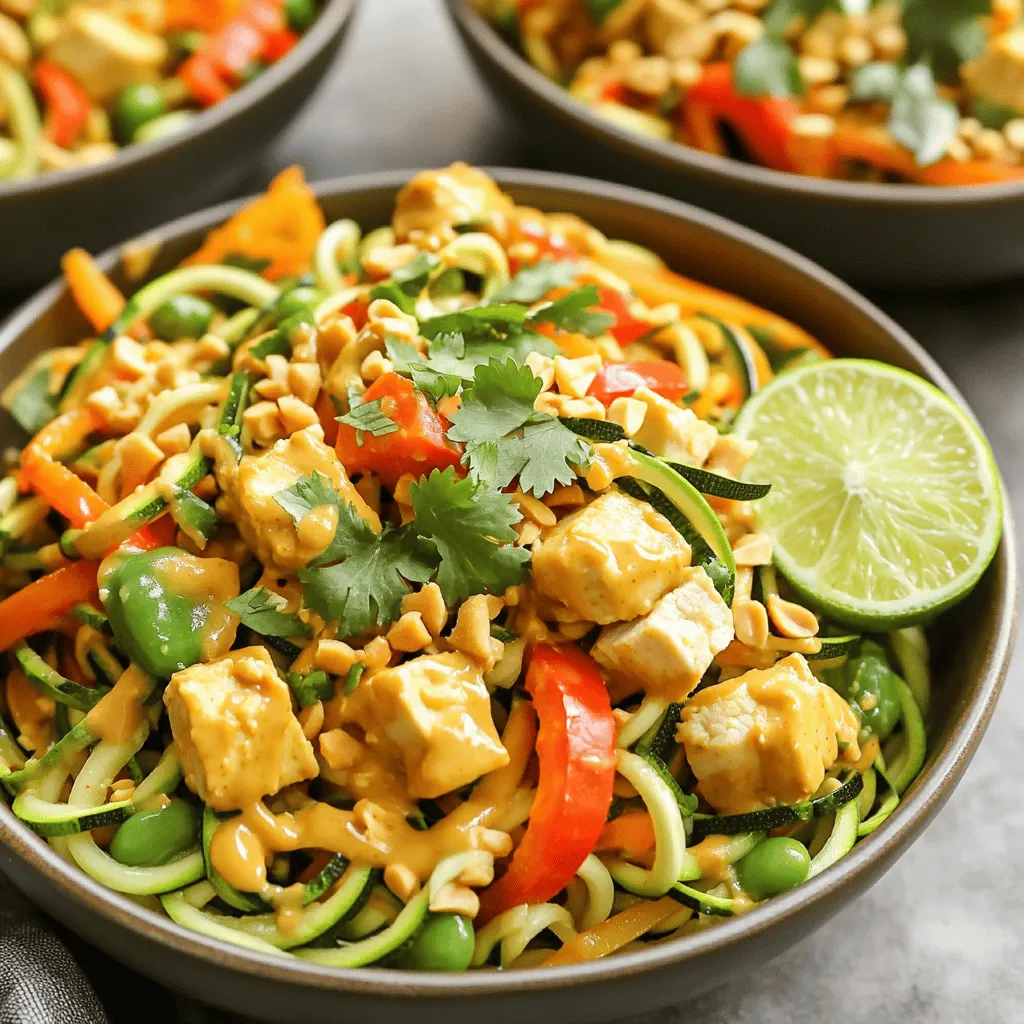 - Zucchini and Other Vegetables: For this dish, you need 2 medium zucchinis. Spiralize them to make zoodles. Adding 1 cup of mixed bell peppers brings color and flavor. Include 1 cup of snap peas for crunch and 1 small carrot, julienned, for sweetness. - Protein Options: Chicken or Tofu: You can use 1 cup of cooked chicken breast, cubed, or tofu for a plant-based choice. Both options are tasty and fill you up. Choose what you like or mix both for extra fun! - Peanut Sauce Components: The sauce is key. Use 3 tablespoons of creamy peanut butter for richness. Add 2 tablespoons of soy sauce for saltiness or tamari if you need it gluten-free. Mix in 1 tablespoon of sesame oil for a nutty flavor. Sweeten it with 1 tablespoon of honey or maple syrup. Don’t forget 2 cloves of minced garlic and 1 teaspoon of fresh grated ginger for zest. Finally, add 1 tablespoon of fresh lime juice for brightness and a sprinkle of salt and black pepper to taste. These ingredients come together to create a vibrant and delicious meal. Whisking the Peanut Sauce To make a great peanut sauce, start with a small bowl. Add three tablespoons of creamy peanut butter. Then, pour in two tablespoons of soy sauce. Next, add one tablespoon of honey or maple syrup and one tablespoon of fresh lime juice. Whisk everything together until it is smooth and creamy. Adjusting Consistency If your sauce seems too thick, add a tablespoon of water. Whisk again until the sauce is just right for drizzling over your stir fry. Aim for a creamy texture that coats well. Sautéing Aromatics Heat a large skillet or wok over medium heat. Add one tablespoon of sesame oil. Once the oil is hot, toss in two cloves of minced garlic and one teaspoon of grated ginger. Sauté for about 30 seconds. This step fills your kitchen with a lovely aroma. Adding Vegetables and Protein Next, add one cup of sliced bell peppers, one cup of trimmed snap peas, and one small julienned carrot to the skillet. Stir-fry the veggies for 2-3 minutes. They should soften but stay crunchy. Then, add one cup of cubed cooked chicken or tofu. Mix everything well and cook for another 2 minutes to heat through. Incorporating Zoodles Once the protein and veggies are ready, it’s time for the zoodles. Add two medium spiralized zucchinis to the mix. Gently toss everything together for one more minute. The zoodles should warm but keep their delightful crunch. Finally, season with salt and black pepper to your taste. Timing for Crunchy Vegetables To keep your veggies crunchy, cook them for just 2-3 minutes. Start with the bell peppers, snap peas, and carrots. Stir them often, but don’t let them get too soft. They should be bright and crisp when you add the zoodles. This timing makes a big difference. Balancing Flavors in the Sauce A good sauce brings everything together. Use equal parts peanut butter and soy sauce for a rich flavor. Add honey or maple syrup for sweetness. The lime juice gives it a fresh kick. Adjust these ingredients to fit your taste. If it’s too thick, add a bit of water. Taste as you go to find the right balance. Gluten-Free Options If you need a gluten-free dish, swap regular soy sauce for tamari. This keeps the flavor without gluten. You can also use rice noodles if you prefer a different base. Vegan Alternatives To make this dish vegan, replace chicken with tofu. Use firm tofu for the best texture. You can also skip the honey and use agave syrup instead. This keeps it sweet without animal products. {{image_4}} You can change up the veggies in this stir fry. Seasonal vegetables work well and give great taste. Think about using: - Asparagus: Adds a nice crunch and flavor. - Broccoli: A classic choice for stir fry. - Carrots: Use different colors for a vibrant look. - Spinach: Wilts nicely and packs nutrients. Mixing bell peppers also brightens the dish. I love using: - Red peppers: Sweet and juicy. - Yellow peppers: Adds a hint of tang. - Green peppers: Offers a slight bitterness for balance. You can easily modify this recipe to fit different diets. For those who want to cut carbs, try these options: - Shirataki noodles: They are low in carbs and calories. - Cabbage: Use thinly sliced cabbage as a base. If you need a nut-free version, swap peanut butter with: - Sunflower seed butter: It has a similar creamy texture. - Soy nut butter: A great alternative with a nutty flavor. Feel free to experiment with these variations. They help you enjoy this dish in many ways! To keep your Minute Thai Peanut Zoodle Stir Fry fresh, store it in an airtight container. This helps prevent moisture loss and keeps the flavors intact. I recommend refrigerating leftovers within two hours of cooking. This avoids any food safety issues. Your stir fry will stay good for about 3 days. - Use a glass or plastic container with a tight lid. - Label the container with the date you made it. - Keep it on a shelf in your fridge, not the door. When you’re ready to enjoy your leftovers, reheating them properly is key. You want to keep the zoodles crunchy and the sauce tasty. - Use a skillet over medium heat for best results. - Add a splash of water to help steam the zoodles. - Stir gently for about 3-5 minutes until heated through. If you use a microwave, do it in short bursts. This way, you can check the texture. Reheating on the stove helps maintain the stir fry's charm. Enjoy every bite! You can make zoodles using a few simple tools. If you have a vegetable peeler, you can create thin strips of zucchini. Cut the zucchini into long sections, then run the peeler along the edges. This will give you wide, flat zoodles. Another option is a box grater. Use the side with large holes. Grate the zucchini lengthwise to form thin strips. This method gives you a different texture but still works well in stir fry. You can also use a knife. Cut the zucchini into thin slices, then stack them and cut into thin strips. This method is a bit more labor-intensive but works just as well. Yes, you can prepare the stir fry in advance! You can chop the veggies and cook the chicken or tofu ahead of time. Store them in airtight containers in the fridge. Just remember to keep the zoodles separate until you are ready to cook. When it's time to eat, heat the veggies and protein in a pan. Add the zoodles and peanut sauce last. This keeps the zoodles crunchy and fresh. You can enjoy your meal in just a few minutes! This stir fry pairs well with many delicious sides. Here are some ideas: - Rice: Serve it over jasmine or brown rice for a filling meal. - Quinoa: This is a great protein-packed option. - Salad: A fresh side salad with lime dressing adds a nice crunch. - Spring Rolls: These are a light and fun side dish. - Extra Peanuts: A sprinkle of crushed peanuts on the side adds flavor and texture. Feel free to mix and match these sides to find what you enjoy most! In this article, we explored how to make a tasty zoodle stir fry. We covered key ingredients like zucchini, protein options, and peanut sauce. I guided you through the step-by-step cooking process and shared tips for perfecting the dish. We also looked at fun variations and how to store leftovers. You now have the tools to create your own healthy and flavorful stir fry. Enjoy experimenting with different ingredients and flavors in your kitchen!
