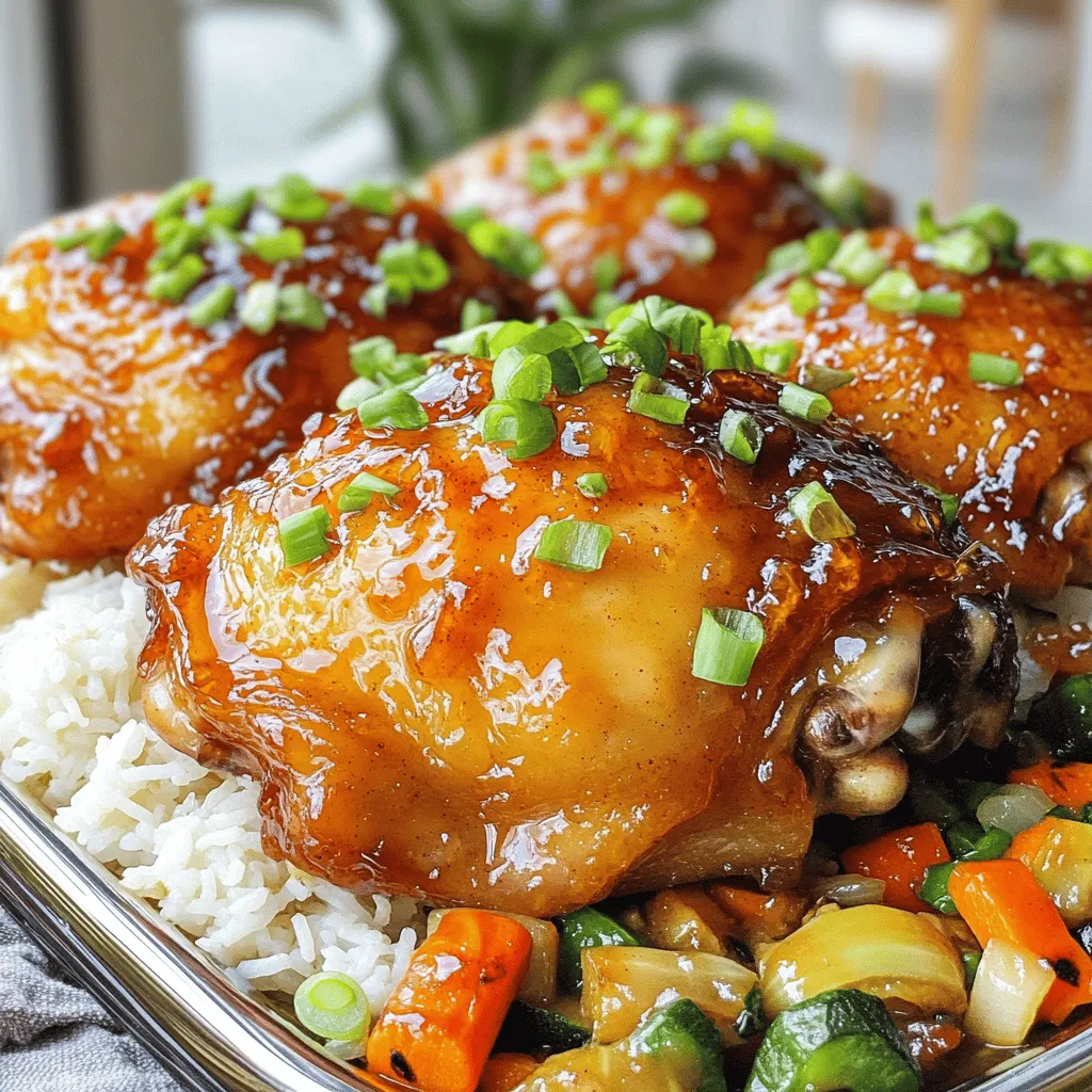 - 4 boneless, skinless chicken thighs - 1/4 cup packed brown sugar - 4 cloves garlic, finely minced - 1 tablespoon soy sauce - 1 tablespoon apple cider vinegar - 1 tablespoon extra virgin olive oil - 1 teaspoon freshly grated ginger - 1/2 teaspoon red pepper flakes (optional, for a spicy kick) - Salt and black pepper to taste - Sliced green onions for garnish You can add more flavor with these options: - Red pepper flakes for heat - Fresh herbs, like cilantro or parsley - Sesame seeds for added crunch - Calories: 290 - Protein: 22g - Fat: 15g - Carbohydrates: 16g - Sugar: 12g - Fiber: 0g This dish packs a flavorful punch while still being easy to make. The brown sugar gives it sweetness, while the garlic adds a savory touch. When you savor this meal, you enjoy great taste and balanced nutrition. To make the marinade, you need a medium bowl. Combine these ingredients: - 1/4 cup packed brown sugar - 4 cloves minced garlic - 1 tablespoon soy sauce - 1 tablespoon apple cider vinegar - 1 tablespoon extra virgin olive oil - 1 teaspoon freshly grated ginger - 1/2 teaspoon red pepper flakes (optional) - A pinch of salt and black pepper Whisk everything together. Make sure the brown sugar dissolves well. The mixture should look smooth and shiny. This marinade gives your chicken its sweet and savory flavor. Get a large resealable bag or a shallow dish. Place your 4 boneless, skinless chicken thighs inside. Pour the marinade over the chicken. Make sure each piece gets covered. Seal the bag tightly or cover the dish. Refrigerate the chicken for at least 30 minutes. If you have time, marinate it for 2 hours. This helps the flavors soak into the meat. First, preheat your oven to 400°F (200°C). While the oven heats, line a baking sheet with parchment paper or foil. This makes for easy cleanup later. Once marinating is done, take the chicken out of the bag. Place it on the baking sheet. Reserve the leftover marinade; you’ll use it later. Bake the chicken in the preheated oven for 20-25 minutes. Check the internal temperature. It should reach 165°F (75°C) and look golden brown. While the chicken cooks, pour the reserved marinade into a saucepan. Bring it to a boil over medium-high heat. Once boiling, reduce the heat and let it simmer for about 5 minutes. This will thicken it. After baking, drizzle the thickened marinade over the chicken. Let it rest for 5 minutes before slicing. This keeps it juicy and flavorful. Enjoy your delicious brown sugar garlic chicken! For great flavor, marinate the chicken for at least 30 minutes. If you have time, let it sit for up to 2 hours. This helps the brown sugar and garlic soak in. Use a resealable bag for easy mixing. Ensure each piece is coated well. You can also poke small holes in the chicken. This helps the marinade get deeper inside. To cook chicken just right, aim for an internal temperature of 165°F (75°C). Use a meat thermometer for accuracy. Bake at 400°F (200°C) for 20-25 minutes. The chicken should be golden brown and juicy. Let it rest for 5 minutes after baking. This keeps the juices locked in. You can add more flavors to your marinade. Consider fresh herbs like thyme or rosemary. For a spicy kick, increase the red pepper flakes. If you enjoy sweetness, add honey or maple syrup. These options boost the taste and make the dish your own. Remember, cooking is all about exploring flavors! {{image_4}} You can cook brown sugar garlic chicken in different ways. Grilling adds a smoky flavor. To grill, marinate the chicken as usual. Preheat your grill to medium-high heat. Cook each side for about 6-7 minutes. Check that the chicken reaches 165°F (75°C). Slow cooking is also a great option. Simply place the marinated chicken in a slow cooker. Cook on low for 6-8 hours or high for 3-4 hours. This method keeps the chicken tender and juicy. You can enjoy a rich, sweet sauce too. You can change the flavor of this dish easily. To make it spicy, add more red pepper flakes. You might also mix in some chili paste for extra heat. If you want an herbal twist, add fresh herbs. Thyme or rosemary work well in this recipe. You can even try basil for a fresh taste. Experimenting with flavors can make this dish your own. Brown sugar garlic chicken pairs well with many sides. Here are a few ideas: - Fluffy steamed rice - Sautéed seasonal vegetables - Creamy mashed potatoes - A fresh garden salad - Quinoa for a healthy twist These sides will balance the sweet and savory notes of the chicken. You can mix and match to create a fun meal. Enjoy being creative with your plate! You can store leftover brown sugar garlic chicken in an airtight container. This keeps it fresh. Place it in the fridge right after it cools. It stays good for about 3 to 4 days. If you want to keep it longer, freezing is a great option. To reheat, you can use the oven or microwave. For the oven, preheat it to 350°F (175°C). Place the chicken in a baking dish and cover it with foil. Heat for about 15-20 minutes until warm. In the microwave, place the chicken on a microwave-safe plate. Heat it in short bursts, about 1-2 minutes at a time. Check to make sure it’s warm all the way through. If you want to freeze, make sure the chicken is fully cooled. Wrap each piece tightly in plastic wrap, then place them in a freezer bag. Squeeze out as much air as possible before sealing. This helps prevent freezer burn. The chicken can last for up to 3 months in the freezer. When ready to eat, thaw it in the fridge overnight before reheating. You can marinate chicken for at least 30 minutes. This gives the meat time to soak up flavors. For the best taste, I suggest marinating for 1 to 2 hours. If you have more time, you can even marinate it overnight. Just remember to keep it in the fridge while it soaks. Yes, you can use chicken breasts instead of thighs. Chicken breasts are leaner, so they cook faster. Make sure to check the internal temperature. It should reach 165°F (75°C) to be safe to eat. The flavor will be great, but the texture may be slightly different. I love serving brown sugar garlic chicken with fluffy steamed rice. It soaks up the tasty sauce well. You can also pair it with sautéed vegetables. Broccoli, bell peppers, or snap peas add color and crunch. For a fresh touch, add a salad on the side. This article covered how to make brown sugar garlic chicken. You learned about key ingredients, marination steps, and cooking methods. I shared tips to enhance flavor and ensure juicy chicken. Various cooking methods and side dish pairings give you options that suit your taste. Proper storage and reheating tips help you enjoy leftovers. I encourage you to try these ideas for tasty meals. Your kitchen adventures can impress friends and family. Enjoy cooking!