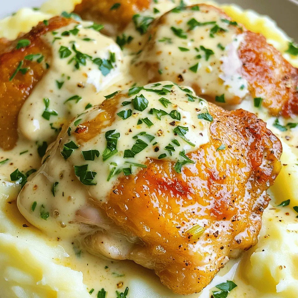 To make creamy garlic herb chicken thighs, you need a few key ingredients. Each one plays a vital role in creating a rich flavor and a delightful dish. Here’s what you will need: - 4 bone-in chicken thighs, skin-on - 2 tablespoons olive oil - 4 cloves garlic, minced - 1 cup heavy cream - 1 cup chicken broth - 1 tablespoon Dijon mustard - 1 teaspoon dried thyme - 1 teaspoon dried rosemary - Salt and pepper, to taste - Fresh parsley, chopped (for garnish) These ingredients work together to create a dish that is both comforting and gourmet. The bone-in thighs give moisture and flavor. Olive oil helps to sear the chicken, making it crispy. Garlic adds a bold taste, while heavy cream helps create that rich, creamy sauce. The chicken broth adds depth, and Dijon mustard gives a nice tang. The dried thyme and rosemary bring in lovely herbal notes. Finally, salt and pepper enhance all the flavors. Don't forget the parsley at the end for a fresh touch! With these ingredients in hand, you are ready to create a meal that impresses. Cooking with quality ingredients always leads to the best results. So, gather these items, and let's get cooking! Start by patting the chicken thighs dry with paper towels. This step is key for getting crispy skin. You want to remove any moisture. Then, season both sides with salt and pepper. This simple seasoning brings out the best flavor in your chicken. Next, heat the olive oil in a large skillet over medium-high heat. Wait until the oil shimmers. Carefully place the chicken thighs skin-side down in the skillet. This will help the skin get golden and crispy. Sear them for about 5-7 minutes. Flip the thighs and cook for another 5 minutes. Once they are nicely browned, transfer the chicken to a plate and set it aside. In the same skillet, lower the heat to medium. Add the minced garlic to the leftover oil in the pan. Sauté it for about 30 seconds until it smells amazing. Be careful not to burn the garlic. Then, gradually pour in the chicken broth. Use a wooden spoon to scrape up any tasty brown bits from the bottom. Next, stir in the heavy cream and Dijon mustard. Mix everything well until combined. Now it's time to return the chicken to the skillet. Place the thighs back in, skin-side up. Cover the skillet and let it simmer on low heat for 25-30 minutes. This allows the chicken to soak up the flavors. Make sure the chicken reaches an internal temperature of 165°F. This ensures it is cooked through and safe to eat. To get that crispy skin, start by drying the chicken thighs. Use paper towels to pat them dry. This step helps the skin crisp up nicely. Next, heat the pan well. Aim for medium-high heat before adding the chicken. A hot pan locks in moisture and creates a golden crust. Want to boost the flavor? Try adding more herbs like oregano or basil. You can also use fresh garlic instead of dried. For a twist, swap Dijon mustard with whole grain mustard. This will give the sauce a nice texture and taste. Don't be afraid to experiment with spices! Serve your creamy garlic herb chicken thighs with buttery mashed potatoes. The creamy sauce pairs well with the potatoes. You can also add sautéed vegetables for color and nutrition. For a beautiful plate, drizzle sauce over the chicken. Garnish with fresh parsley for a pop of color. {{image_4}} You can swap chicken thighs for other proteins. Chicken breasts work well too. They cook faster, so check them often. Pork also makes a great choice. Use pork chops or tenderloin for a tasty change. Adjust cooking times to fit the protein you choose. Want a meat-free option? Try using tofu or mushrooms. Extra firm tofu can soak up the sauce well. Just sauté it until golden before adding the sauce. Mushrooms, like cremini or portobello, add a rich flavor. Simply slice them and cook until soft for a delightful twist. If you need gluten-free options, use gluten-free broth and mustard. Always read labels to ensure they meet your needs. For a dairy-free version, try coconut cream instead of heavy cream. It gives a nice, creamy texture while adding a subtle sweetness. These tweaks help everyone enjoy this dish! To keep your chicken thighs fresh, store them in an airtight container. Make sure the dish cools down before sealing. Place it in the fridge. It will stay good for up to three days. If you want the best taste, eat it sooner rather than later. You can freeze the chicken thighs for later meals. First, let the dish cool completely. Next, portion the chicken and sauce into freezer-safe bags. Try to remove as much air as possible. This will help prevent freezer burn. They can last up to three months in the freezer. When you reheat, you want to keep the chicken moist. The best way is to use a skillet. Heat it on low and add a splash of chicken broth. Place the chicken in the skillet and cover it. Heat it gently until warm. This keeps the chicken juicy and flavorful. You can also use the microwave, but be careful not to overcook it. Yes, you can use boneless chicken thighs. They cook faster than bone-in thighs. Bone-in thighs add more flavor and moisture. The bone helps keep the chicken juicy. If you choose boneless, check them often to avoid overcooking. To thicken your sauce, try these tips: - Simmer the sauce longer to reduce it. - Add a bit of cornstarch mixed with cold water. - Stir in more heavy cream and let it cook. - Use a whisk to mix well for a smooth texture. To check if chicken is cooked, use a meat thermometer. The internal temperature should reach 165°F. Look for clear juices when you cut the chicken. If it’s pink inside, it needs more time. Yes, there are several alternatives for heavy cream: - Use half-and-half for a lighter sauce. - Coconut cream works well for a dairy-free option. - Greek yogurt can add creaminess, but use it at the end. - Silken tofu blended until smooth is a great vegan choice. This blog post covered a tasty chicken dish with rich, creamy sauce. You learned how to prepare chicken thighs and create a delicious sauce with simple ingredients. Remember to dry the chicken for crispy skin and consider different proteins or vegetarian options for variety. After cooking, store leftovers well, so they stay fresh. With these tips, you can enjoy this meal again later. I hope you feel excited to try this recipe and share it with others!