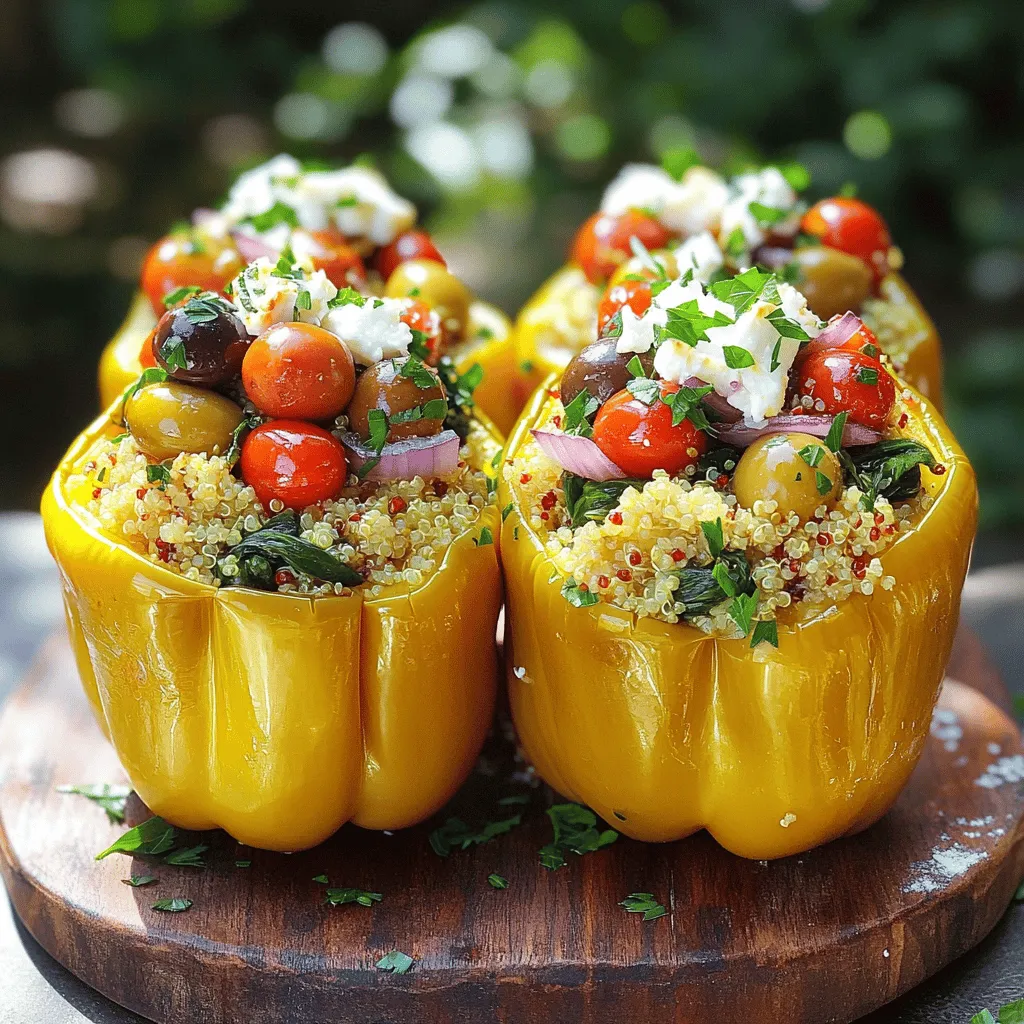 For Greek stuffed peppers, you need fresh and vibrant ingredients. Here’s what you will need: - 4 large bell peppers (any color you like) - 1 cup quinoa, well-rinsed - 2 cups vegetable broth - 1 small red onion, finely diced - 2 cloves garlic, minced - 1 cup cherry tomatoes, halved - 1 cup fresh baby spinach, roughly chopped - 1/2 cup Kalamata olives, pitted and coarsely chopped - 1/2 cup feta cheese, crumbled - 2 teaspoons dried oregano - 1 teaspoon ground cumin - 2 tablespoons olive oil - Salt and freshly ground black pepper to taste - Fresh parsley, chopped (for garnishing) These ingredients create a tasty, colorful dish. The quinoa acts as a base, while the olives and feta add rich flavors. You can mix it up! Here are some optional ingredients to customize your stuffed peppers: - Cooked ground meat (like lamb or beef) - Different grains (like rice or couscous) - Other cheeses (like mozzarella or goat cheese) - Spicy pepper flakes for heat - Fresh herbs like dill or mint for a twist Feel free to experiment with these options to make the dish your own. Greek stuffed peppers are healthy and filling. Here’s a quick look at their nutrition: - Calories: About 350 per serving - Protein: 12g from quinoa and feta - Fiber: 5g from vegetables and grains - Vitamins: Rich in vitamin C from bell peppers and tomatoes - Healthy Fats: Olive oil and feta provide heart-healthy fats This dish not only tastes great but also offers good nutrition. Enjoy these flavors while knowing they are good for you! First, I wash and dry the bell peppers. I choose vibrant colors like red, yellow, or green. Next, I slice off the tops of each pepper and remove the seeds. This part is simple but important. I brush the outside of the peppers with olive oil. This adds flavor and helps them shine. Then, I place them upside down in a baking dish. This keeps them stable for stuffing. I cook the quinoa next. I take a medium saucepan and combine 1 cup of rinsed quinoa with 2 cups of vegetable broth. I bring this to a gentle simmer. Once it simmers, I cover the pot and cook for about 15 minutes. The quinoa is done when it is fluffy and the liquid is absorbed. I remove it from the heat and set it aside to cool. In a large skillet, I heat 2 tablespoons of olive oil over medium heat. I add 1 small, finely diced red onion and 2 cloves of minced garlic. I cook this for about 3 to 4 minutes until the onion turns translucent. Then, I stir in 1 cup of halved cherry tomatoes and 1 cup of roughly chopped baby spinach. I let the spinach wilt for around 2 minutes. After that, I gently fold in the cooked quinoa. I also add 1/2 cup of coarsely chopped Kalamata olives, 1/2 cup of crumbled feta cheese, 2 teaspoons of dried oregano, and 1 teaspoon of ground cumin. I sprinkle in salt and pepper to taste. I mix everything well so each bite is packed with flavor. Now, I stuff each pepper generously with the quinoa mixture, packing it tightly. I pour about 1/4 cup of vegetable broth into the bottom of the baking dish. This keeps the peppers moist while baking. I cover the dish tightly with aluminum foil. I bake the peppers in a preheated oven at 375°F (190°C) for 30 to 35 minutes. If I want a golden color, I remove the foil for the last 10 minutes. After baking, I let them cool slightly and then garnish with fresh chopped parsley before serving. To get the best results, always choose firm, fresh peppers. I like to use colorful bell peppers for a vibrant dish. Cut off the tops and remove the seeds carefully. Brush the outside with olive oil. This adds flavor and makes them shine. Pack the filling tightly to avoid gaps. This keeps the filling in place and helps the peppers cook evenly. You may need to adjust the cooking time based on your oven. If your peppers are large, they may take longer. Check them after 30 minutes. If they are not tender, bake for an extra 5 to 10 minutes. Remove the foil for the last 10 minutes to get a nice color. Always keep an eye on them to avoid burning. Want to kick up the flavor? Add more spices like paprika or chili flakes. Fresh herbs like basil or dill can also enhance the taste. Squeeze some lemon juice for a fresh twist. You can even mix in some cooked meat or beans for extra protein. Don't be afraid to get creative! {{image_4}} You can easily make Greek stuffed peppers vegetarian or vegan. For a vegetarian option, simply keep the feta cheese. To make them vegan, swap the feta with a vegan cheese. You can also use cooked lentils or chickpeas instead of quinoa. These beans add protein and fiber. Toss in extra veggies like zucchini or mushrooms for more flavor and texture. If you love meat, add ground beef or lamb to the filling. Cook the meat with the onions and garlic until browned. Then, mix it with the quinoa, tomatoes, and olives. This twist gives a hearty flavor to the dish. You can also top the peppers with more feta or cheese for a richer taste. Quinoa is great, but you can try other grains too. Brown rice, couscous, or farro work well. Each grain gives a different texture. For cheese, mozzarella or goat cheese can be delicious substitutes. These options let you play with flavors and find what you love best. Mix and match to create your perfect stuffed pepper! Store your Greek stuffed peppers in the fridge for up to four days. Place them in an airtight container to keep them fresh. Make sure they cool down to room temperature before you seal them up. This helps prevent moisture build-up that can make them soggy. You can freeze Greek stuffed peppers for up to three months. Wrap each pepper tightly in plastic wrap, then place them in a freezer-safe bag. Label the bag with the date. When you're ready to eat, just take them out and let them thaw in the fridge overnight. To reheat, place the stuffed peppers in a preheated oven at 350°F (175°C). Heat for about 20 minutes. If they seem dry, add a splash of vegetable broth to keep them moist. You can also use the microwave. Just place them on a microwave-safe plate and heat for 2-3 minutes until hot. You can use rice or couscous instead of quinoa. Cook the rice or couscous first. Mix it with veggies and spices as you would with quinoa. This gives you a tasty filling that still feels hearty. Absolutely! Bell peppers are great, but you can also use poblano or banana peppers. Each type adds a unique flavor. If you like spice, choose jalapeños for a kick. Serve Greek stuffed peppers with a side salad or roasted vegetables. Greek yogurt also pairs well for a creamy touch. You can add pita bread or hummus for a complete meal. Greek stuffed peppers are a tasty dish you can make with key ingredients like quinoa, veggies, and herbs. You can customize them with options for your taste. Follow simple steps for prep and cooking, plus tips to make them perfect. These stuffed peppers can fit any diet, whether vegetarian, vegan, or meaty. Store leftovers easily by following clear guidelines. Ultimately, stuffed peppers are fun to make and enjoy. Try these ideas, and you'll love how simple and delicious they can be.