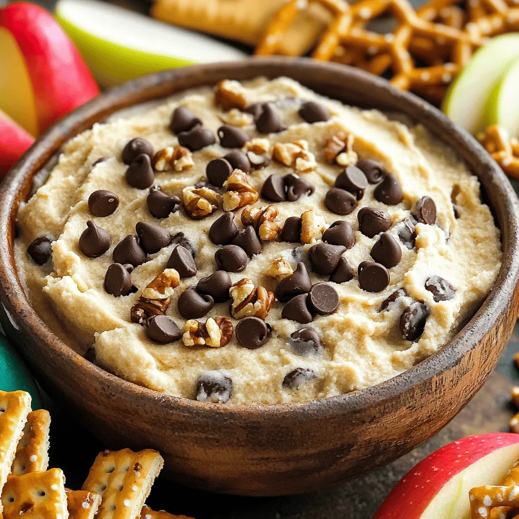 To make this tasty Chocolate Chip Cookie Dough Dip, gather these simple ingredients: - 1 cup all-purpose flour (heat-treated for safety) - 1/2 cup unsalted butter, softened to room temperature - 3/4 cup packed brown sugar - 2 tablespoons granulated sugar - 2 teaspoons pure vanilla extract - 1/4 teaspoon fine sea salt - 1/2 cup cream cheese, softened - 1/2 cup powdered sugar - 1 cup semi-sweet chocolate chips - 1/4 cup chopped walnuts or pecans (optional) - Assorted dippers: graham crackers, pretzels, apple slices, or cookies You can swap some ingredients if needed. Here are a few ideas: - Use coconut oil instead of unsalted butter for a dairy-free option. - Replace cream cheese with a vegan cream cheese for a plant-based dip. - Brown sugar can be replaced with coconut sugar for a healthier choice. - If you don't have semi-sweet chocolate chips, dark chocolate or white chocolate works well too. Heat-treating flour is very important. Raw flour can carry harmful bacteria. To make it safe, heat the flour in the microwave for one minute. Stir it halfway through to heat it evenly. Let it cool before using it in your dip. This step keeps your dip safe to eat while still tasting great! First, we need to prepare the flour safely. Place 1 cup of all-purpose flour in a microwave-safe bowl. Heat it in the microwave on high for 1 minute. Stir the flour halfway through heating. This step kills any harmful bacteria. Let the flour cool completely before using it. Next, take a large mixing bowl. Add 1/2 cup of softened unsalted butter, 3/4 cup of brown sugar, and 2 tablespoons of granulated sugar. Use an electric mixer on medium speed. Beat these ingredients until they are light and fluffy. This process takes about 2 to 3 minutes. Now, we will add flavor and creaminess. Add 1/2 cup of softened cream cheese to the butter-sugar mix. Continue to beat on medium speed until smooth and creamy. Next, stir in 2 teaspoons of pure vanilla extract and 1/4 teaspoon of fine sea salt. Mix until everything is well combined. It’s time to mix the dry and wet ingredients. Gradually add the heat-treated flour and 1/2 cup of powdered sugar into the bowl. Mix on low speed until the mixture reaches a dough-like consistency. Scrape down the sides of the bowl as needed. This ensures even mixing. Now comes the fun part! Carefully fold in 1 cup of semi-sweet chocolate chips. If you like, add 1/4 cup of chopped walnuts or pecans. Use a spatula to mix them in gently. Make sure they are evenly spread throughout the dip. For a firmer dip, cover the bowl with plastic wrap. Chill in the fridge for at least 30 minutes. This step is optional but helps make the dip thicker. When you're ready to serve, transfer the dip to a nice bowl. Arrange your favorite dippers like graham crackers, pretzels, or apple slices around it. Enjoy this sweet treat with family and friends! To get the perfect texture, always cream your butter and sugars well. This step makes your dip light and fluffy. Mix them for about 2-3 minutes until they look pale and airy. If you want a thicker dip, chill it for 30 minutes before serving. This helps it firm up nicely. Serving this dip is easy and fun. Use a nice bowl to show off your creation. Arrange your dippers around the bowl in a circle. This could be graham crackers, pretzels, or apple slices. For a pop of color, you can even add extra chocolate chips or nuts on top. It makes the dip look fancy! You can change the flavor of your dip easily. Try adding M&Ms for a candy twist. If you love peanut butter, mix in some creamy peanut butter. For a seasonal touch, consider adding pumpkin spice in the fall or peppermint for the winter holidays. The options are endless! Explore different flavors to find your favorite. {{image_4}} You can make chocolate chip cookie dough dip even more fun with mix-ins. Try adding M&Ms for a candy twist. Their colors make the dip pop! You can also mix in peanut butter for a nutty flavor. Just add a half cup of creamy peanut butter when you cream the butter and sugars. This adds richness and a new taste to your dip. Seasonal flavors can make this dip special. In fall, add pumpkin spice for a warm, cozy taste. Mix in one teaspoon of pumpkin pie spice after adding the cream cheese. For winter, try peppermint! Just add a few drops of peppermint extract for a fresh, minty flavor. You can even sprinkle crushed candy canes on top for a festive touch. You can adapt this dip for different diets. For a vegan option, swap the butter for coconut oil and use a dairy-free cream cheese. You can also use maple syrup instead of brown and granulated sugars. For a gluten-free version, replace all-purpose flour with almond flour or gluten-free flour. Just remember to heat-treat the flour to keep it safe to eat. These changes let everyone enjoy this sweet treat! To store leftover dip, place it in an airtight container. This keeps it fresh and tasty. Make sure to cover the dip well to stop it from drying out. If you have a lot left, divide it into smaller portions. This makes it easy to share later. The dip will last in the fridge for about 3-5 days. If you want to keep it longer, freeze it! The dip can stay in the freezer for up to 3 months. Just remember to use a freezer-safe container. Don’t forget to label it with the date! If your dip has been in the fridge, it might get a little thick. To refresh it, take it out and let it sit at room temperature for about 15 minutes. Then, stir it well. If it still feels too thick, add a splash of milk. This will bring back its creamy texture! Yes, you can eat this dip raw. The ingredients are safe, as we heat-treat the flour. This step kills any bacteria that could be in raw flour. Enjoy it straight from the bowl with your favorite dippers! The dip can sit out at room temperature for about two hours. After that, it should be refrigerated to stay safe. If you have leftovers, place them in the fridge right away. This dip pairs well with many tasty options. Here are some of my favorites: - Graham crackers - Pretzels - Apple slices - Cookies Feel free to mix and match your dippers for fun! Yes, you can make this dip ahead of time. It stays fresh in the fridge for up to three days. Just cover it tightly with plastic wrap or a lid. If you chill it before serving, it gets even better! If your dip is too runny, you can add more heat-treated flour. Start with one tablespoon at a time. Mix it in until it reaches your desired thickness. This simple fix will help make your dip more scoopable! This post covered key ingredients and step-by-step instructions for making chocolate chip cookie dough dip. We discussed ingredient swaps and the need to heat-treat flour. I shared tips for the best texture and serving ideas. Variations allow you to customize the dip for any occasion. Lastly, I included storage tips to keep your dip fresh. Now, you have all the tools to create a tasty treat. Enjoy sharing this dip with others!