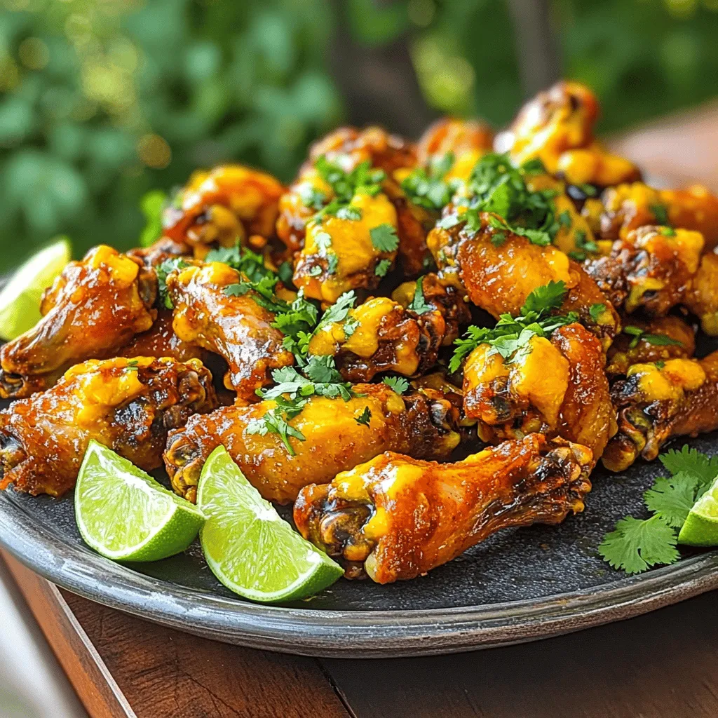 - 2 pounds chicken wings - 1 ripe mango, diced - 1 habanero pepper, finely chopped (seeds removed for less heat) - 3 tablespoons honey - 2 tablespoons soy sauce - 1 tablespoon freshly squeezed lime juice - 1 teaspoon garlic powder - 1 teaspoon onion powder - Salt and pepper to taste - Fresh cilantro, chopped (for garnish) I love the mix of sweet and spicy in these wings. The chicken wings are the star. You can use fresh or frozen wings. For the sauce, I use a ripe mango and a habanero pepper. The mango adds sweetness, while the habanero brings heat. The honey in the sauce helps balance the spice. Soy sauce gives it depth, and lime juice adds brightness. Garlic and onion powder give it that savory kick. When I make these wings, I always add a sprinkle of fresh cilantro. It brightens the dish and adds color. You can choose to leave out seeds from the habanero if you want less heat. This ingredient list is simple, yet it creates a bold flavor. Enjoy the process of bringing these flavors together! 1. Preheat your oven to 400°F (200°C). This helps the wings cook evenly. 2. Line a baking sheet with aluminum foil or parchment paper. It will make cleanup easy. 3. In a blender, add the diced mango, chopped habanero, honey, soy sauce, lime juice, garlic powder, onion powder, and a pinch of salt and pepper. Blend it all until smooth. This creates a vibrant spicy mango sauce. 4. Rinse the chicken wings under cold water. Pat them dry with paper towels. Dry wings get crispy when baked. 5. In a large bowl, place the cleaned wings. Drizzle half of the spicy mango sauce over them. Save the other half for later. Toss the wings well to coat them evenly. 1. Arrange the coated wings in a single layer on the prepared baking sheet. This allows hot air to circulate around each wing. 2. Bake the wings in the preheated oven for 40-45 minutes. Flip them halfway through. This helps them crisp up nicely. 3. In the last 5-10 minutes, brush the wings with the reserved spicy mango sauce. This gives them a tasty glaze. 1. Once the wings turn golden brown and crispy, take them out of the oven. Let them rest for a few minutes. Resting helps lock in their juiciness. 2. Before serving, sprinkle freshly chopped cilantro over the wings. This adds a fresh touch and bright color. Importance of Drying Wings Drying chicken wings is key to crispiness. When wings are wet, they steam instead of bake. Pat them dry with paper towels. This step makes a huge difference in the final texture. Baking Techniques Bake the wings at 400°F (200°C) for the best results. Line the baking sheet with foil or parchment. This makes cleanup easy. Place the wings in a single layer. Flip them halfway through baking. This helps them crisp evenly on all sides. Substituting Habanero Habanero peppers pack heat. If you want less spice, use jalapeños instead. They have a milder flavor. You can also remove the seeds from the habanero. This reduces the heat without losing flavor. Balancing Sweetness and Spice Mango adds sweetness. If you find the wings too spicy, add more mango. You can also increase the honey in the sauce. This balances out the heat and makes every bite enjoyable. Best Sides to Serve These wings pair well with fresh veggies. Carrots and celery add crunch. You can also serve them with a cool dip like ranch or blue cheese. They are great for parties or game day. Drink Pairings For drinks, try a light beer or a fruity cocktail. A cold lemonade complements the spice too. These drinks help cool your mouth and enhance the meal experience. {{image_4}} Air Fryer Instructions You can make these wings in an air fryer. Preheat your air fryer to 375°F (190°C). Arrange the wings in a single layer. Cook for 25-30 minutes, flipping halfway. The result is crispy wings with less oil. Grill Version of Wings Grilling adds a smoky flavor. Heat your grill to medium-high. Coat the wings with sauce and grill for about 15-20 minutes. Turn them often to avoid burning. This method gives a nice char and extra taste. Adding Other Fruits You can switch things up with different fruits. Try pineapple for a tropical vibe. Peaches or oranges also work well. Each fruit adds its own unique twist. Using Different Peppers If habanero is too hot, use jalapeños. They are milder but still delicious. For a spicy kick, try ghost peppers. Just remember to adjust the sauce so it fits your taste. Gluten-Free Options To make this recipe gluten-free, swap soy sauce for tamari. It's a great alternative that tastes just as good. Ensure all other ingredients are gluten-free too. Vegetarian Alternatives For a vegetarian option, use cauliflower florets. Coat them in the spicy mango sauce and bake as usual. They provide a great texture and soak up the flavors beautifully. Refrigeration Guidelines After enjoying your spicy mango habanero wings, store leftovers in the fridge. Place them in an airtight container. They stay fresh for up to three days. Make sure to cool them down before sealing. This keeps the wings safe and tasty for later. Freezing Tips You can freeze these wings too! Place them in a freezer-safe bag. Remove as much air as possible. They will last for up to three months. When ready to eat, simply thaw them in the fridge overnight. This keeps their flavor intact. Best Methods for Optimal Taste To reheat wings, the oven is your best friend. Preheat it to 350°F (175°C). Place the wings on a baking sheet and cover them with foil. Heat for about 15-20 minutes. This method keeps them crispy and delicious. You can also use an air fryer for a quicker option. Just cook them at 350°F for about 10 minutes. Avoiding Over-Drying To stop the wings from drying out, don’t reheat too long. Keep an eye on them. Adding a splash of water to the covered dish can help. This creates steam to keep the wings moist. Enjoy your wings just like new! How to make Spicy Mango Habanero Wings from scratch? To make these wings, start by preheating your oven to 400°F (200°C). Blend diced mango, habanero, honey, soy sauce, lime juice, garlic powder, onion powder, salt, and pepper in a food processor. Rinse and dry the chicken wings, coat them in the mango sauce, and bake on a lined sheet for 40-45 minutes. Brush with reserved sauce before the end for extra flavor. What are the best accompaniments for these wings? These wings pair well with creamy ranch or cooling blue cheese dips. Fresh veggies like celery and carrots add a nice crunch. Serve them with lime wedges for a zesty kick. A cold drink like lemonade or a light beer can also balance the heat. Can I use frozen wings for this recipe? Yes, you can use frozen wings! Just thaw them completely before starting. Ensure you dry them well to get that crispy texture. You may need to bake them a bit longer, so keep an eye on them. What can I use instead of mango? If you can’t find mango, try using peach or pineapple. Both fruits add sweetness and a tropical touch. You can also use a store-bought tropical salsa for a quick alternative. Can I make the sauce ahead of time? Absolutely! You can prepare the sauce a day in advance. Store it in the fridge in an airtight container. Just make sure to give it a good stir before using it. How long should I bake the wings for optimal crispiness? Bake the wings for 40-45 minutes. Flip them halfway for even cooking. The wings should be golden brown and crispy when done. Can I adjust the recipe for fewer servings? Yes, you can easily adjust the recipe. Simply halve the ingredients for about two servings. Just ensure the baking time stays around the same, checking for doneness. You learned how to make delicious Spicy Mango Habanero Wings. With the right ingredients and methods, anyone can enjoy them. Remember, drying your wings is key for crispiness. You can adjust heat by switching peppers or adding fruits. Don’t forget to have fun pairing sides and drinks. Store leftovers properly to keep them tasty. Try variations and enjoy your unique twist. Now, it’s time to fire up the oven and impress your friends!