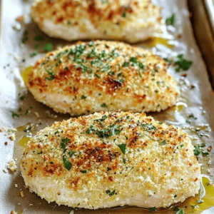 To make baked Parmesan crusted chicken, gather these key items: - 4 boneless, skinless chicken breasts - 1 cup finely grated Parmesan cheese - 1 cup panko breadcrumbs - 1 teaspoon garlic powder - 1 teaspoon onion powder - 1 teaspoon Italian seasoning - Salt and freshly ground black pepper, to taste - 2 tablespoons extra virgin olive oil - 1 large egg, beaten These ingredients come together to create a crispy and cheesy coating that makes each bite delicious. For an extra touch, consider these garnishes: - 2 tablespoons fresh parsley, finely chopped Fresh parsley adds color and brightness to the dish. You can also add lemon wedges to enhance flavor. Each serving of baked Parmesan crusted chicken contains approximately: - Calories: 350 - Protein: 30g - Fat: 20g - Carbohydrates: 10g This dish is rich in protein and flavor while offering a satisfying crunch. Enjoy it with a side salad for a well-rounded meal. Start by preheating your oven to 400°F (200°C). This gets your oven ready for baking. While it heats, take your chicken breasts. Rinse them under cold water and then pat them dry with paper towels. Dry chicken helps the coating stick better. Next, set up your workspace. I like to use a large plate for the chicken. This keeps things neat and tidy. In a shallow mixing bowl, mix together the Parmesan cheese, panko breadcrumbs, garlic powder, onion powder, Italian seasoning, salt, and pepper. Make sure to stir it well. This mix gives your chicken a great flavor. In another bowl, beat the egg. Then add the olive oil and whisk until they mix. This wet mixture helps the breading stick to the chicken. Take a chicken breast and dip it into the egg mixture. Let any extra egg drip off. Then, coat it in the breadcrumb mix. Make sure to cover all sides. Press gently to help it stick. Place the coated chicken on a baking sheet lined with parchment paper. Space them out for even cooking. Bake your chicken for 25 to 30 minutes. It should reach 165°F (75°C) inside and look golden brown. After baking, let the chicken rest for about 5 minutes. This keeps it juicy. For a nice touch, sprinkle some fresh parsley on top before serving. Enjoy your delicious meal! To get a crispy crust, use panko breadcrumbs. They add a great crunch. Mix them well with Parmesan cheese and spices. Make sure to press the coating onto the chicken. This helps it stick better while baking. Bake at 400°F (200°C) for the right texture. If your oven has a convection setting, use it. This helps air circulate and gives an even crispiness. Baked Parmesan crusted chicken pairs well with many sides. Try it with roasted seasonal vegetables. A fresh mixed green salad complements it nicely too. You can also serve it with a side of rice or pasta. For a zesty touch, add lemon wedges. Squeeze fresh lemon juice over the chicken for a bright flavor. One common mistake is not letting the chicken rest before slicing. This can dry out the meat. Another error is skipping the egg wash. It helps the coating stick better. Make sure to coat the chicken evenly. Avoid overcrowding the baking sheet. This can lead to uneven cooking. Finally, don’t rush the cooking time. Always check the internal temperature for doneness. {{image_4}} You can make baked Parmesan crusted chicken even better with herbs and spices. Try adding dried thyme or rosemary for a warm, earthy taste. You can also mix in some paprika for a mild kick. If you love a good zing, add a pinch of cayenne pepper. Fresh herbs like basil or oregano can work well, too. Experiment and find your favorite flavor combination. While panko breadcrumbs give a great crunch, you can try other options. Regular breadcrumbs work fine but may not be as crispy. For a gluten-free version, use crushed gluten-free crackers or almond flour. You can even use crushed cornflakes for a unique texture. Each choice will change the dish slightly, so feel free to explore. Baked Parmesan crusted chicken pairs well with many sides. Roasted vegetables like broccoli or carrots add color and nutrition. A simple mixed green salad with lemon vinaigrette balances the meal nicely. You could also serve it with creamy mashed potatoes for a comforting touch. For a lighter option, try a quinoa salad or steamed asparagus. These sides can enhance your dining experience and make the meal more satisfying. Store your baked Parmesan crusted chicken in an airtight container. This keeps it fresh. Make sure to let it cool first. Place it in the fridge for up to three days. If you have extra crumbs, store them separately to keep them crispy. To reheat, use your oven for the best results. Preheat it to 350°F (175°C). Place the chicken on a baking sheet. Heat for about 10-15 minutes, until warm. You can also use a microwave, but it may make the crust soft. Heat in short bursts of 30 seconds and check often. You can freeze baked Parmesan crusted chicken for up to three months. Wrap each piece in plastic wrap, then place in a freezer bag. To cook, thaw overnight in the fridge. Then, reheat in the oven as mentioned above. This keeps the flavor and texture intact. Yes, you can use chicken thighs. Thighs are juicier and more flavorful than breasts. They also stay tender when baked. Just keep an eye on the cooking time. Thighs may take a bit longer to cook through. Aim for an internal temperature of 165°F (75°C) to ensure they are safe to eat. Leftovers will last for about 3 to 4 days in the fridge. Store them in an airtight container to keep them fresh. When reheating, make sure the chicken reaches 165°F (75°C) again. This keeps it safe and tasty. If you don’t finish them, consider freezing for longer storage. Yes, you can make this dish gluten-free! Use gluten-free panko breadcrumbs instead of regular ones. Check the Parmesan cheese label to ensure it is gluten-free as well. With these swaps, you can enjoy a crispy, tasty meal without gluten. Enjoy your deliciously crunchy baked chicken! This blog post covered essential ingredients, step-by-step instructions, and helpful tips for baking chicken. We discussed ways to keep your crust crispy and pair dishes well. I shared variations to match your taste and storage tips to keep your leftovers fresh. In summary, baking chicken is simple and fun. Use this guide to enjoy great meals. Remember, cooking should be enjoyable, so don't be afraid to experiment!