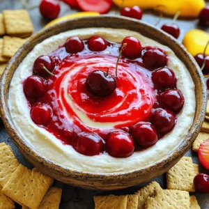 To create a delicious cherry cheesecake dip, you need simple ingredients. Here’s what you’ll need: - 8 oz cream cheese, softened to room temperature - 1/2 cup powdered sugar, sifted - 1/2 teaspoon pure vanilla extract - 1 cup whipped topping (like Cool Whip) - 1/2 cup cherry pie filling, divided - 1/4 teaspoon almond extract These main ingredients blend to form a creamy and sweet dip that everyone loves. The cream cheese gives a rich base, while the whipped topping adds lightness. While the main ingredients are great, you can make it even better with a few tweaks. Consider adding: - A dash of lemon juice for a zesty kick - A sprinkle of cinnamon for warmth - A touch of cocoa powder for a chocolatey twist These optional ingredients can elevate the flavor and give your dip a unique spin. Now, what should you dip in this creamy delight? Here are some tasty options: - Graham crackers for a classic touch - Fresh fruit slices, like strawberries, apples, or bananas, for a healthier choice - Mini pretzels for a sweet and salty combo These dipping options will not only taste great but also make your presentation pop! First, take your softened cream cheese and place it in a large bowl. Use an electric mixer to beat it until it's smooth and creamy. This step is key. You want it to be free of lumps. It should look like a thick paste when done. This process takes about one to two minutes. Next, slowly add the sifted powdered sugar and pure vanilla extract to the cream cheese. Start mixing on low speed. This helps avoid a sugar cloud in your kitchen. Mix until everything is well blended. You should taste a light sweetness. This will form the base of your dip, making it creamy and rich. Now, it's time to fold in the whipped topping. Use a spatula for this part. Gently mix it in. You want it to stay light and fluffy. Avoid over-mixing, as you don’t want to lose that airy texture. After this, gently stir in the cherry pie filling and almond extract. Mix just until the cherries are spread out evenly. Save a few cherry halves for decoration. Finally, scoop the dip into a pretty serving bowl. Smooth the surface with your spatula. If you want to make it look fancy, swirl some of the leftover cherry pie filling on top. Cover the dip and place it in the fridge for about 30 minutes. This will help the flavors mix and chill the dip, making it even more delicious. To get the best texture for your cherry cheesecake dip, start with soft cream cheese. I let mine sit at room temperature for about 30 minutes. This helps it blend well. Mix it until smooth and creamy. Use a hand mixer for an even consistency. When adding the powdered sugar and vanilla, mix slowly. This keeps the dip light and fluffy. Don't rush when folding in the whipped topping. Gently mix it in to keep the airiness. This makes each bite feel rich and creamy. When serving your dip, presentation matters. I love using a colorful bowl to hold the dip. Place it on a bright platter filled with graham crackers and fresh fruit. Fresh strawberries and apple slices add a nice touch. For extra flair, I swirl some cherry pie filling on top. This makes it look pretty and inviting. You can also garnish with whole cherries or crushed graham crackers for detail. It will impress your guests and make them eager to dig in. Chilling is key to making this dip even better. I recommend refrigerating the dip for at least 30 minutes. This time allows the flavors to mix well. You’ll notice a big difference in taste. If you can, chill it longer for an even richer flavor. Just remember to cover it well to keep it fresh. A well-chilled dip will be creamy, cool, and irresistible when served. {{image_4}} You can switch up the cherry topping for other fruits. Fresh berries work well. Try strawberries, raspberries, or blueberries. They add great color and taste. You can also use peaches or apples. The dip will taste fresh and fun. Add some unique flavors to your dip. Mix in chocolate for a rich twist. You can fold in mini chocolate chips or cocoa powder. Citrus flavors like lemon or lime zest also make it bright. These flavors will give your dip a new life. Want a lighter dip? Swap cream cheese for Greek yogurt. It keeps the creaminess but cuts calories. Use honey instead of powdered sugar for sweetness. You can also add a bit of vanilla yogurt for flavor. These changes make the dip lighter but still tasty. To store any leftover cherry cheesecake dip, put it in an airtight container. This will keep it fresh. Make sure to cover the dip tightly with plastic wrap or a lid. Store it in the fridge. It is best eaten within 3 days for the best taste and texture. Yes, you can freeze cherry cheesecake dip. However, the texture may change after thawing. To freeze, place the dip in a freezer-safe container. Leave some space at the top for expansion. When you're ready to eat it, thaw it in the fridge overnight. Mix it well before serving. The dip lasts about 3 days in the fridge. Look for signs of spoilage before eating. If you see mold or an off smell, throw it away. If the dip becomes watery or separates, it is best not to eat it. Always trust your senses when it comes to food safety. Yes, you can make this dip ahead of time. Prepare it up to two days in advance. Just store it in the fridge until you are ready to serve. This helps the flavors mix well. It also saves you time when hosting. If you want a cream cheese substitute, try Greek yogurt. It provides a creamy texture and adds a bit of tang. Another option is mascarpone cheese. It is rich and smooth, great for dips. You can also use a dairy-free cream cheese if you need a vegan option. To make this dip gluten-free, use gluten-free graham crackers. Many brands offer them now, so they are easy to find. You can also serve the dip with fresh fruit slices. Strawberries, apples, and bananas are all great choices. Cherry cheesecake dip is simple and fun to make. We've covered the main ingredients and optional add-ins. You learned how to prepare the dip and make it tasty. Tips ensure a great texture and easy serving. Variations let you get creative with flavors and toppings. Finally, proper storage keeps leftovers fresh. Enjoy this dip at your next gathering. You’ll impress everyone with this sweet treat.