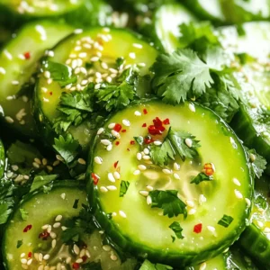 - 3 medium cucumbers - 1 tablespoon freshly chopped cilantro (for garnish) - 1 teaspoon sea salt - 1 tablespoon toasted sesame oil - 1 tablespoon rice vinegar - 1 tablespoon low-sodium soy sauce - 1 teaspoon chili paste - 1 teaspoon granulated sugar - 2 tablespoons toasted sesame seeds - 1 teaspoon crushed red pepper flakes (optional) Gathering these ingredients is simple. You can find cucumbers in any grocery store. Look for ones that are firm and shiny. Fresh cilantro adds a bright touch, so choose vibrant green leaves. The pantry staples are common items. You may already have them at home. Toasted sesame oil gives the salad a rich flavor. Rice vinegar adds a nice tang, while soy sauce brings depth. Chili paste makes it spicy, but you can adjust the amount. Sugar balances the flavors, and sesame seeds add a nice crunch. If you want more heat, add crushed red pepper flakes. This mix of ingredients creates a salad that is fresh and zesty. - Wash and slice cucumbers. - Sprinkle with sea salt and allow to rest. Start by washing the cucumbers under cold water. This step makes sure they are clean. Next, slice off both ends. You can cut them into thin rounds or half-moons. It depends on what you like. After slicing, place the cucumbers in a colander. Sprinkle them evenly with sea salt. Let them rest for about 15 minutes. This helps pull out extra water from the cucumbers. After 15 minutes, rinse them under cold water. This removes excess salt. Then, pat them dry with paper towels. - Combine sesame oil, rice vinegar, soy sauce, chili paste, and sugar. In a mixing bowl, combine toasted sesame oil and rice vinegar. Add low-sodium soy sauce to the bowl. Then, include chili paste and granulated sugar. Whisk everything together. Make sure the sugar dissolves well. This dressing gives the salad its zingy flavor. - Toss cucumbers with dressing. - Add toppings and rest before serving. Now, add the cucumber slices to the bowl with the dressing. Gently toss them so they coat well. Next, sprinkle toasted sesame seeds on top. If you like more heat, you can add crushed red pepper flakes. Toss lightly again to mix everything well. Now, let the salad rest for at least 10 minutes. This lets the flavors blend together. When ready, transfer the salad to a serving dish. Garnish with freshly chopped cilantro for a bright touch. To make your spicy sesame cucumber salad shine, adjust the spice level with chili paste. Start with one teaspoon. Taste it. If you want more heat, add more paste. This way, you get the perfect spice for your taste buds. Fresh herbs can also boost flavor. I love using chopped cilantro. It adds a bright taste and nice color. You can use other herbs too, like mint or basil, based on your preference. Getting the right texture is key. First, draw out moisture from the cucumbers. The sea salt helps with this. After resting, rinse and pat dry the cucumbers. This step keeps the salad from becoming soggy. Serve the salad cold for the best experience. It enhances the fresh crunch of the cucumbers. Letting it rest for a bit before serving also allows the flavors to blend better. Enjoy your salad fresh and zesty! {{image_4}} If you want to make this salad gluten-free, you can skip the soy sauce. Instead, use tamari or coconut aminos. Both options give great flavor without gluten. You can also try using liquid aminos for a similar taste. For a fun twist, consider using zucchini instead of cucumbers. Zucchini has a mild flavor and a nice crunch. Just follow the same steps to prepare it. Slice it thinly, salt it, and mix it with the dressing. Want to add some protein? Grilled chicken or tofu works great in this salad. Just chop them into bite-sized pieces and toss them in. This makes the salad heartier and adds more nutrition. You can also mix in other colorful veggies. Bell peppers add a sweet crunch, while shredded carrots bring a nice texture. Just remember to cut them into small pieces for easy eating. This adds even more flavor and color to your salad. To keep your Spicy Sesame Cucumber Salad fresh, use an airtight container. Glass or plastic containers work well. If you don’t have a lid, cover the bowl with plastic wrap. This method keeps moisture in and air out. Store the salad in the fridge. It stays fresh for up to three days. Keep the dressing separate if you want it to last longer. Mix it in just before serving for the best taste. This salad is best served cold. If you have leftovers, enjoy them straight from the fridge. You can also add it to wraps or sandwiches for a tasty twist. For a fun twist, mix this salad into rice or quinoa bowls. The spicy flavor adds a kick to your meal. You can also use it as a topping for grilled chicken or fish. You can enjoy Spicy Sesame Cucumber Salad with many dishes. It pairs well with grilled chicken, fish, or tofu. Try it with rice or quinoa for a filling meal. You could also serve it as a side with Asian-inspired dishes like teriyaki or stir-fried vegetables. The refreshing taste complements spicy foods nicely. Yes, you can prepare this salad ahead of time. Making it a few hours early helps the flavors blend well. Just keep it in the fridge until you are ready to serve. If you make it the night before, the cucumbers may get a bit soft. However, the taste will still be great. Absolutely! This salad fits well into many diets. It is vegan and gluten-free if you use gluten-free soy sauce. The ingredients are simple and healthy, making it a great choice for anyone. Enjoy this salad as a fresh addition to your meals, no matter your diet! This blog post covered how to make a fresh Spicy Sesame Cucumber Salad. We discussed the important ingredients, both fresh and from the pantry, and gave clear steps for preparation. You learned tips for enhancing flavor and texture, plus tasty variations. Make sure to follow best storage practices for longer freshness. In conclusion, creating this salad is simple and fun. You can easily customize it to fit your tastes or dietary needs. Enjoy making this dish with friends or as a great side.