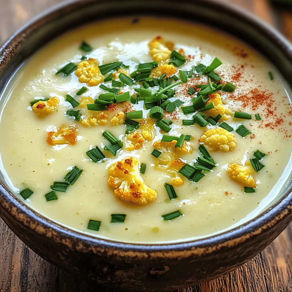 - 1 large head of cauliflower, chopped into florets - 1 medium onion, diced - 3 cloves of garlic, minced - 4 cups vegetable broth - 1 cup coconut milk - 2 tablespoons olive oil - 1 teaspoon ground cumin - 1 teaspoon smoked paprika - Salt and pepper to taste - Fresh chives or parsley for garnish To make creamy roasted cauliflower soup, you need fresh ingredients. Start with a large head of cauliflower. Cut it into florets. This step helps it roast evenly. Dicing one medium onion adds flavor. You will also need three cloves of minced garlic for a tasty kick. For the base, use four cups of vegetable broth. This keeps your soup light and hearty. One cup of coconut milk adds a creamy texture. Use two tablespoons of olive oil for roasting. Spices are key, so add one teaspoon of ground cumin and one teaspoon of smoked paprika. Finally, season with salt and pepper to taste. Garnish the soup with fresh chives or parsley. This adds color and freshness. When you gather all these ingredients, you set the stage for a delicious dish. Enjoy the process! 1. First, preheat your oven to 425°F (220°C). This heat brings out the best flavors. 2. Next, chop the large head of cauliflower into florets. Place them on a lined baking sheet. 3. Drizzle one tablespoon of olive oil over the florets. Add salt and pepper to taste. 4. Toss the florets to coat them evenly. Spread them out in a single layer. 5. Roast the cauliflower for 25-30 minutes. Flip them halfway through to ensure even browning. 1. While the cauliflower roasts, heat the other tablespoon of olive oil in a large pot over medium heat. 2. Add the diced onion to the pot. Cook it for about 5-7 minutes until it is soft and translucent. 3. Now, add the minced garlic, ground cumin, and smoked paprika. Stir these in for about 2 minutes. This helps the spices bloom and fills your kitchen with a lovely aroma. 1. Once the cauliflower is roasted, add it to the pot along with the vegetable broth. 2. Bring the mixture to a gentle simmer. Let it cook for about 10 minutes to meld the flavors. 3. After simmering, remove the pot from the heat. Use an immersion blender to puree the soup until it is smooth. 4. If you don’t have an immersion blender, carefully transfer the soup in batches to a standard blender. Blend until silky. 5. Return the blended soup to the pot. Stir in the coconut milk for that creamy texture. 6. Season with salt and pepper to taste. Gently heat the soup over low heat until warmed through. 7. Ladle the soup into bowls. Finish with fresh chives or parsley for a vibrant touch. To get the best flavor, spread the cauliflower florets in a single layer on your baking sheet. This helps them roast evenly. Make sure they are not too crowded. Flip the florets halfway through roasting. This step ensures they turn golden brown all over. When it comes to blending, I recommend using an immersion blender. It is easy and quick. You can blend right in the pot. If you use a standard blender, be careful. Let the soup cool a bit first. Blend in small batches to avoid spills. Both methods will give you a creamy soup. Feel free to get creative with spices or toppings. Try adding a pinch of nutmeg or curry powder. These can give your soup a unique twist. For toppings, consider roasted nuts or a drizzle of olive oil. Fresh herbs like cilantro or basil can also add a nice touch. Enjoy experimenting with flavors! {{image_4}} You can make your creamy roasted cauliflower soup even heartier by adding proteins. Consider adding beans for a plant-based boost. White beans or chickpeas work well. Simply stir them in during the simmering step. If you prefer meat, cooked chicken adds great flavor. Just shred or dice it and mix it in before you blend the soup. This way, you add protein while keeping the soup creamy and delicious. If you want to swap out coconut milk, there are many options. Nut milks like almond or cashew milk can change the taste. They add a nice creaminess without dairy. You can also use oat milk for a mild flavor. Just be sure to choose unsweetened versions. Each milk offers a unique twist to your soup, making it fun to experiment. This soup is flexible! You can add seasonal veggies or herbs for extra flavor. In fall or winter, try adding chopped carrots or parsnips. They blend well and add sweetness. In spring, fresh asparagus or peas can brighten the dish. Toss in fresh herbs like thyme or basil right before blending. These additions make the soup more vibrant and tasty. Store leftover soup in an airtight container. Glass containers work well. They keep the soup fresh and make reheating easy. Leave some space at the top, as soup expands when frozen. You can also use plastic containers, but make sure they are safe for the freezer. To freeze the soup, let it cool completely first. Once cool, pour it into containers or freezer bags. Make sure to label them with the date. The soup can last in the freezer for up to three months. When ready to eat, it’s easy to grab a bag and enjoy a warm meal. To reheat the soup, you have a few options. You can use the stove or the microwave. If using the stove, pour the soup into a pot and heat over low. Stir often to keep it smooth. For the microwave, heat in short bursts, stirring in between. This helps keep the texture creamy. Avoid boiling the soup, as it may change its nice consistency. Yes, you can easily make this soup vegan. Simply use vegetable broth and coconut milk, just as the recipe suggests. Both ingredients are plant-based, so they fit perfectly in a vegan diet. If you want more creaminess, consider adding cashew cream or almond milk. To thicken the soup, you can add a few options. One way is to use a cornstarch slurry. Mix one tablespoon of cornstarch with two tablespoons of cold water, then add this to the soup while it simmers. Another option is to add more roasted cauliflower. Blend in a few extra florets for a thicker texture. I love serving this soup warm in a bowl. Top it with fresh chives or parsley for a nice touch. You can also drizzle a bit of coconut milk on top for extra flavor. Pair it with crusty bread or a fresh salad for a complete meal. This blog post shares a simple recipe for creamy cauliflower soup. We covered ingredients, step-by-step instructions, and helpful tips. You learned how to roast cauliflower, blend flavors, and enhance taste. As you try this soup, remember to customize it with your favorite toppings or proteins. Enjoy experimenting to find your perfect flavor. This dish is not only delicious but also easy to make. I hope you try it soon!