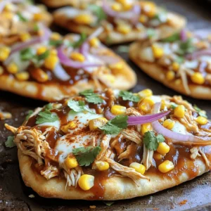 To make BBQ chicken flatbread pizza, you need these items: - 2 flatbreads (store-bought or homemade) - 1 cup cooked chicken, shredded - 1/2 cup of your favorite BBQ sauce - 1 cup shredded mozzarella cheese - 1/2 cup red onion, thinly sliced - 1/2 cup corn kernels (canned or thawed frozen) - 1/4 cup fresh cilantro, chopped - 1/4 teaspoon smoked paprika - Olive oil for brushing - Salt and pepper to taste Fresh ingredients matter. They add flavor and make your dish taste better. Fresh herbs, like cilantro, give a pop of color and a burst of taste. Fresh chicken will add juiciness. Using fresh vegetables, like red onions and corn, gives you texture and sweetness. When you use fresh items, you create a better meal. Sometimes you run out of an ingredient. No worries! You can swap items easily. - If you don’t have flatbreads, use pita or tortillas. - For BBQ sauce, try buffalo sauce or a homemade sauce. - Instead of mozzarella, use cheddar or gouda for a different taste. - If you need a veggie option, skip the chicken and add more veggies. - You can replace corn with bell peppers or mushrooms for a new twist. These swaps can help you make a tasty pizza no matter what you have on hand. First, preheat your oven to 425°F (220°C). This helps the pizza bake evenly and turn crispy. Next, grab a medium bowl. Add the shredded chicken and BBQ sauce. Mix until the chicken is fully coated. This adds great flavor to the chicken. Now, take your flatbreads. Place them on a baking sheet lined with parchment paper. This keeps them from sticking. Lightly brush the tops of the flatbreads with olive oil. This will help them crisp up nicely. Now for the fun part! Spread the BBQ chicken mix evenly over the flatbreads. Make sure to cover them well. Then, sprinkle a generous amount of mozzarella cheese on top. This cheese melts beautifully and adds a creamy texture. Next, add the sliced red onion and corn. These toppings give extra sweetness and crunch. Don’t forget to sprinkle some smoked paprika, salt, and pepper. This adds depth to the flavor. Place the baking sheet in the oven and bake for 12-15 minutes. Keep an eye on them. You want the cheese to be bubbly and the edges golden brown. Once the pizza is done, take it out of the oven. Let it cool for a few minutes. This makes slicing easier. Before serving, add freshly chopped cilantro on top. This adds a pop of color and fresh taste. Now, slice the flatbreads into pieces. Serve them on a wooden cutting board for a nice touch. Drizzle extra BBQ sauce on top if you like. Enjoy your delicious BBQ chicken flatbread pizza! To get a great crust, start with good flatbreads. You can use store-bought or make your own. Brush olive oil on top before baking. This helps create a crispy texture. Make sure your oven is hot. Preheat it to 425°F (220°C). The high heat cooks the flatbread fast and evenly. Bake it for about 12-15 minutes. Watch for a golden brown edge. This is your sign that it’s ready. Adding flavor is key. Use your favorite BBQ sauce, but don’t stop there. Smoke paprika brings a nice depth. It adds warmth and a little zing. Fresh cilantro adds brightness. Always sprinkle it on top before serving. For a touch of sweetness, add corn. It complements the BBQ sauce well. You can also use different cheeses. Try cheddar or gouda for a twist. Each option brings its own unique taste. One mistake is overloading the toppings. Too many toppings can lead to sogginess. Keep it simple with just a few key ingredients. Another mistake is not preheating the oven. If the oven isn’t hot enough, your crust won’t cook well. Also, don’t forget to slice the flatbread after it cools. This makes for easier serving and better presentation. Lastly, always taste your BBQ sauce. Adjust the seasoning to suit your taste buds. {{image_4}} You can make a tasty BBQ flatbread pizza without meat. Replace the chicken with roasted veggies. Bell peppers, mushrooms, and zucchini work great. They add flavor and color. Use the same BBQ sauce to keep the taste bold. You can also add black beans for protein. Top with cheese, and bake as usual. While BBQ sauce shines here, feel free to experiment. Try ranch dressing for a creamy twist. A spicy buffalo sauce can add heat. For cheese, mozzarella is classic, but you can switch it up. Cheddar or gouda can give a new flavor. Vegan cheese is a great choice for dairy-free options. Toppings can make your flatbread unique. Consider adding jalapeños for spice. Pineapple can bring a sweet touch. Avocado slices add creaminess after baking. Don't forget to sprinkle fresh herbs like basil or parsley. Each of these options can enhance the dish and cater to your taste. To keep your BBQ chicken flatbread pizza fresh, store it well. Let the pizza cool completely before you store it. Wrap it tightly in plastic wrap or aluminum foil. You can also place it in an airtight container. This helps keep it moist and tasty. Store it in the fridge if you plan to eat it within three days. Reheating is easy and quick. Preheat your oven to 350°F (175°C). Place the flatbread pizza on a baking sheet. Heat for about 10-15 minutes until the cheese is bubbly again. You can also use a microwave. Heat it for about 1-2 minutes, but the crust may get soggy. The oven is the best way for a crispy crust. Freezing is a great option for later meals. Wrap the cooled flatbread pizza tightly in plastic wrap, then place it in a freezer bag. Make sure to remove as much air as possible. This helps prevent freezer burn. You can freeze it for up to three months. When you're ready to eat, let it thaw in the fridge overnight. Then reheat as mentioned earlier for a delicious meal. BBQ chicken flatbread pizza lasts about 3 days in the fridge. Store it in an airtight container to keep it fresh. If you want to keep it longer, you can freeze it. Simply wrap it tightly in plastic wrap and foil. It can last up to 3 months in the freezer. Yes, you can make BBQ chicken flatbread pizza gluten-free. Use gluten-free flatbreads or pizza crusts. Many stores sell gluten-free options. You can also make your own using gluten-free flour. Just ensure all other ingredients, like the BBQ sauce and cheese, are gluten-free. Several sides go well with BBQ chicken flatbread pizza. Here are some great options: - Fresh garden salad - Coleslaw for a crunchy contrast - Sweet potato fries for a hearty side - Grilled veggies for a healthy touch - Corn on the cob for a classic BBQ feel These sides complement the flavors of the pizza and round out your meal nicely. In this post, we explored the best ingredients for BBQ chicken flatbread pizza and their importance. I shared steps for perfect preparation and baking, plus tips for a great crust and flavor. We also discussed variations, storage methods, and answered common questions. When you use fresh ingredients and avoid common mistakes, your pizza will shine. Enjoying this dish with friends or family makes it even better. Keep experimenting with toppings to find your perfect combination!