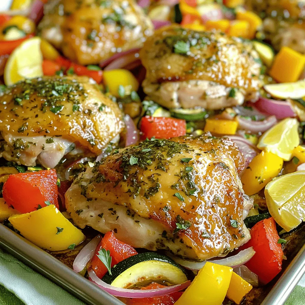 - 4 boneless, skinless chicken thighs - 1 red bell pepper, chopped into bite-sized pieces - 1 yellow bell pepper, chopped into bite-sized pieces - 1 medium zucchini, sliced into rounds - 1 red onion, sliced into wedges - 2 lemons (zested and juiced) - 3 tablespoons olive oil - 4 cloves garlic, finely minced - 1 teaspoon dried oregano - 1 teaspoon dried thyme - Sea salt and freshly cracked black pepper to taste - Fresh parsley leaves - Extra lemon wedges For this dish, I love using boneless, skinless chicken thighs. They stay juicy and tender while cooking. The red and yellow bell peppers add sweetness, while the zucchini brings a nice crunch. Red onion not only tastes great but also adds color to the meal. You’ll need two bright lemons. They give the dish a zesty kick with their juice and zest. I use olive oil for a rich flavor and to help the herbs stick to the chicken and veggies. Garlic, oregano, and thyme create a fragrant blend that makes the whole dish pop. For garnish, fresh parsley brings brightness and color. Extra lemon wedges add a lovely touch for serving. This combination not only looks great but also tastes amazing! - Preheat your oven to 425°F (220°C). - Prepare the lemon herb marinade. In a bowl, mix lemon juice, zest, olive oil, minced garlic, oregano, thyme, salt, and pepper. Whisk it well. - Coat chicken thighs thoroughly in the marinade. Make sure each piece is covered. - For the best flavor, marinate for at least 15 minutes. If you have more time, go for up to 2 hours. - Chop and season vegetables while chicken marinates. Use red and yellow bell peppers, zucchini, and red onion. - Ensure vegetables are evenly coated with oil and seasoning. This will help them roast nicely. - Arrange chicken and veggies on a sheet pan. Place chicken in the center and surround it with veggies. - Bake for 25-30 minutes. Check that chicken reaches an internal temperature of 165°F (75°C). - Let the dish rest for a few minutes after baking. This keeps the chicken juicy. - For serving, sprinkle fresh parsley over the dish. Add lemon wedges for a colorful and tasty touch. To get the best flavor from your chicken, marinate it well. I suggest using a large bowl for the marinade. Make sure to mix the lemon juice, zest, olive oil, garlic, oregano, and thyme well. Let the chicken soak in this mix for at least 15 minutes. If you can wait longer, up to 2 hours is even better. This wait time allows the chicken to absorb all the tasty herbs. For veggies, cut them into even pieces. This way, they cook at the same time. A hot oven is key for great results. Set your oven to 425°F (220°C). This high heat helps brown the chicken and caramelize the veggies. Bake the dish for 25 to 30 minutes. Use a meat thermometer to check the chicken's doneness. It should reach 165°F (75°C). The veggies will look tender and slightly golden when done. Want to boost the flavor? Try adding fresh herbs like basil or dill. You can also sprinkle some red pepper flakes for a spicy kick. If you have leftovers, reheat them gently. Use a pan on low heat. This keeps the chicken juicy and the veggies soft. Add a splash of water or broth to help steam the dish while reheating. {{image_4}} You can swap chicken for other proteins easily. Try using boneless, skinless turkey thighs. They work well with the same marinade. If you prefer seafood, shrimp is a great choice. Just make sure to cook the shrimp for about 10-12 minutes. Tofu is another option for a plant-based dish. Press and cube firm tofu, then marinate it just like the chicken. This adds a nice texture and flavor. Seasonal veggies can really enhance your dish. Think about using asparagus in spring or Brussels sprouts in fall. Carrots and broccoli also add great color and flavor. You can mix and match any of your favorite vegetables. Try adding sweet potatoes for a sweet twist. The more colorful your veggies, the better your dish will look and taste. If you want a spicy kick, add red pepper flakes to your marinade. You can also try using smoked paprika for a different flavor layer. For fresh herbs, consider basil or cilantro instead of thyme and oregano. These herbs give the dish a bright and fresh taste. You can even add a splash of soy sauce or balsamic vinegar for a tangy twist. Just adjust the salt to keep the balance right. For refrigerating leftovers, place them in airtight containers. This keeps the chicken and veggies fresh. Allow the dish to cool before sealing. Use shallow containers for faster cooling. Make sure to label with the date. This helps you track how long they last. To freeze portions, let the dish cool completely. Divide into single servings or family-style portions. Use freezer-safe containers or heavy-duty bags. Remove as much air as possible before sealing. To reheat, thaw in the fridge overnight. Heat in the oven or microwave until hot. Make sure the chicken reaches 165°F (75°C) before serving. In the fridge, this dish lasts about 3-4 days. Check for changes in color or smell to spot spoilage. If the chicken feels slimy or has an off smell, it's best to throw it out. Always trust your senses when it comes to food safety. The ideal marinating time is at least 15 minutes. For more flavor, marinate for up to 2 hours. The chicken absorbs the zesty lemon and herb flavors best when given time in the marinade. Yes, you can use frozen chicken. However, it is best to thaw it first. Thawing helps the marinade soak in well for flavor. If you cook it from frozen, the chicken may not cook evenly. I suggest serving lemon herb chicken with rice or quinoa. A fresh green salad pairs nicely too. You could also serve some crusty bread to soak up any juices. Yes, this recipe is gluten-free. It uses fresh ingredients without gluten. Always double-check your seasoning brands to ensure no hidden gluten. To serve more, simply double or triple the ingredients. Use more chicken and veggies accordingly. Ensure your sheet pan has enough space for even cooking. If you lack fresh garlic, use garlic powder. A good substitute is 1/8 teaspoon of garlic powder per clove. Adjust to taste, as garlic powder is more concentrated. This recipe brings together tasty chicken and bright vegetables, all in one dish. You learned how to marinate chicken and roast it to perfection. Remember, fresh ingredients make all the difference. Feel free to mix up the veggies or try different proteins. Store your leftovers properly to enjoy later. Cooking can be fun and easy! I've shared tips to help you succeed every step of the way. Now, it’s time to enjoy your delicious lemon herb chicken and veggies. Get cooking!