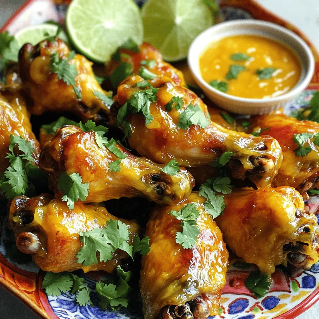 - Chicken wings: Use 2 pounds of fresh, high-quality chicken wings. They should be plump and meaty for the best texture. - Fresh ingredients: You will need 1 ripe mango, peeled and diced, and 2-3 habanero peppers, seeded and finely chopped. The mango adds sweetness, while the habaneros bring heat. Don’t forget 2 tablespoons of freshly squeezed lime juice and 1 tablespoon of fresh ginger, minced, for extra flavor. - Seasoning components: Gather 1/4 cup of honey for sweetness, 1/4 cup of soy sauce for umami, 1 tablespoon of garlic powder for depth, and 1 teaspoon of smoked paprika for a hint of smokiness. Add salt and freshly ground black pepper to taste. - Garnish: Fresh cilantro, chopped, will add a bright and fresh touch to your wings. It looks great and complements the flavors. These ingredients come together to create a vibrant and tasty dish. Each component plays its part in balancing sweet, spicy, and savory notes, making these wings a hit at any gathering. - Preheating the oven: Set your oven to 400°F (200°C). This is the perfect temperature for crispy wings. Line a baking tray with parchment paper. This helps with sticking and makes cleanup easy. - Making the mango-habanero sauce: In a blender, add 1 ripe mango, 2-3 seeded habanero peppers, 1/4 cup honey, 1/4 cup soy sauce, 2 tablespoons lime juice, 1 tablespoon garlic powder, 1 tablespoon minced ginger, and 1 teaspoon smoked paprika. Add a pinch of salt and pepper. Blend until smooth. Your vibrant sauce is ready! - Preparing the wings: Grab 2 pounds of chicken wings. In a large bowl, pour half of your sauce over the wings. Toss them gently to coat. Make sure each wing gets a nice layer of sauce. Set aside the rest of the sauce for later. - Baking the wings: Spread your coated wings in a single layer on the baking tray. Place them in the oven and bake for 40-45 minutes. Flip the wings halfway through to ensure they cook evenly. They should turn golden brown and crispy. - Coating with sauce: Once the wings bake to perfection, take them out of the oven. Transfer them to a large bowl. Toss the wings in the reserved mango-habanero sauce. This adds an extra layer of flavor and heat. Enjoy the burst of taste! - Balancing sweetness and heat: Use a ripe mango for a sweet base. The sweetness balances the heat of the habanero. If you want less heat, use fewer habaneros or remove the seeds. Adjust to your taste. - Cooking tips for crispy wings: Place the baking tray in the center of the oven. This helps the wings cook evenly. Use parchment paper to prevent sticking and make cleanup easy. Flip the wings halfway through for maximum crispiness. - Recommended marinating time for deeper flavor: For the best flavor, let the wings marinate for at least 30 minutes. If you have time, marinate them for 2 hours. This allows the sauce to soak into the meat. - Plating: Arrange the wings in a single layer for an eye-catching display. Use a colorful platter to make the wings pop. You can also add extra sauce in a small bowl for dipping. - Garnish ideas: Fresh cilantro adds color and a burst of flavor. Lime wedges not only look nice but also let guests add a tangy kick. A little squeeze of lime can enhance the dish even more. {{image_4}} Using different peppers in this recipe opens up new flavors. If you prefer mild wings, try using bell peppers. For a medium heat, go for jalapeños. Habaneros pack a punch, so choose based on your spice comfort. Substituting mango is also an option. Pineapple adds a sweet tang, while peaches give a nice twist. You can even use apricots for a unique taste. Each fruit will change the sauce flavor, making it fun to experiment. Grilling wings gives a smoky flavor. It’s perfect for warm days. However, baking ensures crispiness without the need for added oil. You can achieve great results with either method based on your kitchen setup. If using an air fryer, cook the wings at 380°F for about 25-30 minutes. Flip them halfway for even cooking. This method is quick and makes cleanup easy. Just be sure to watch the time to avoid overcooking. To store leftover wings, use an airtight container. This keeps them fresh and tasty. I suggest using glass containers for best results. Place the wings in the fridge within two hours after cooking. They will stay good for up to three days. When reheating, avoid sogginess by using the oven. Preheat it to 350°F (175°C). Place the wings on a baking sheet lined with parchment paper. Heat for about 10-15 minutes. Flip them halfway to ensure even heat. This method keeps the wings crispy and delicious. If you want to keep wings longer, freeze them. Let the wings cool completely before freezing. Place them in a freezer-safe bag or container. Remove as much air as possible to prevent freezer burn. They can last up to three months in the freezer. To thaw, place the wings in the fridge overnight. This keeps them safe and helps maintain flavor. If you need them fast, you can use the microwave. Use the defrost setting, but watch closely. After thawing, reheat in the oven for best results. This method helps the wings stay crispy and tasty. What can I serve with these wings? These wings pair well with many sides. You can serve them with carrot and celery sticks. Ranch or blue cheese dressing makes a great dip too. A fresh salad or chips can add crunch to your meal. How spicy are habanero peppers compared to jalapeños? Habanero peppers are much spicier than jalapeños. On the Scoville scale, jalapeños rank around 2,500 to 8,000 units. Habaneros, however, range from 100,000 to 350,000 units. Use caution when handling habaneros! Can I use frozen wings for this recipe? Yes, you can use frozen wings. Just make sure to thaw them first. Thawing helps them cook evenly. Follow the same baking instructions for the best results. Calorie count and dietary considerations Each serving of spicy mango habanero wings has about 350 calories. This is a rough estimate and may change based on wings' size and added sauces. They are high in protein but also contain sugars from honey. Substitutions for dietary restrictions: Gluten-free or low-calorie options To make the recipe gluten-free, use tamari instead of soy sauce. For a lower-calorie option, you can cut down on honey or use a sugar substitute. This keeps the flavor while reducing calories. In this post, we covered how to make spicy mango habanero wings. We discussed key ingredients, step-by-step cooking methods, and tips for flavor and presentation. I also shared variations to suit your taste and how to store leftovers properly. Remember to balance sweetness with heat for the best flavor. With these tips, your wings will impress everyone. Enjoy making them and have fun experimenting with different flavors!