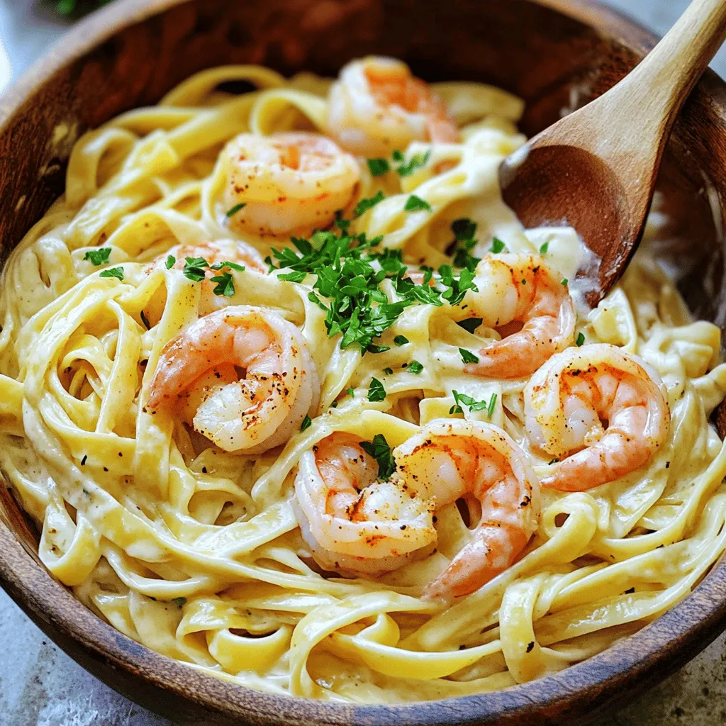 - 12 oz fettuccine pasta - 1 lb shrimp, peeled and deveined - 2 tablespoons Cajun seasoning - 2 tablespoons olive oil - 4 cloves garlic, minced - 1 cup heavy cream - 1 cup grated Parmesan cheese - 2 tablespoons unsalted butter - Salt and freshly ground black pepper to taste - 1/4 cup chopped fresh parsley (for garnish) To make Creamy Cajun Shrimp Alfredo, you will need simple yet flavorful ingredients. The fettuccine pasta is the heart of the dish. It gives a nice base for the creamy sauce. Next, fresh shrimp adds a delightful taste and texture. Cajun seasoning brings a bold kick. Feel free to adjust the amount for less heat if you prefer. Olive oil helps cook the shrimp, making it golden and tasty. Garlic adds a lovely aroma and depth of flavor. Heavy cream is key for that rich, creamy sauce. It mixes well with Parmesan cheese, which adds a nice salty flavor. Unsalted butter gives the sauce a smooth finish. Don’t forget salt and freshly ground black pepper to enhance every bite. Finally, the chopped fresh parsley makes a perfect garnish. It adds a pop of color and a fresh taste. With these ingredients, you can create a dish that feels special yet is easy to make at home. - Bring salted water to a boil. - Cook fettuccine according to package instructions until al dente. - Reserve 1 cup of pasta cooking water, then drain the pasta. - Season shrimp with Cajun seasoning. - Toss shrimp to ensure even coating. - Heat olive oil in a skillet over medium-high heat. - Cook shrimp until they turn pink and opaque, about 2-3 minutes per side. - Remove shrimp from the skillet and set aside. - Melt butter in the same skillet over medium heat. - Add minced garlic and sauté until fragrant. - Pour in heavy cream and stir in grated Parmesan cheese until smooth. - Return shrimp to the skillet and mix well with the sauce. - Add cooked fettuccine and toss everything together. - Adjust seasoning with salt and freshly ground black pepper to taste. - Plate the creamy Cajun shrimp Alfredo in warm dishes. - Garnish with chopped parsley for a fresh touch. - For an elegant look, drizzle olive oil on top and add a lemon wedge on the side. To make the best Alfredo sauce, focus on heat control. Keep the heat medium when adding the cream. This helps avoid burning the sauce. Stir constantly to combine the cream and cheese well. If the sauce gets too thick, use reserved pasta water to thin it out. Common mistakes include adding cheese too quickly, which can cause clumps. Always add cheese gradually for a smooth finish. For tender and juicy shrimp, avoid overcooking them. Cook shrimp just until they turn pink and opaque. This usually takes about 2-3 minutes per side. If you see a C-shape forming, your shrimp are done. They should not be rubbery. If you are unsure, cut one open to check the color inside. Perfectly cooked shrimp should be firm but not tough. Timing is key for perfectly cooked pasta. Follow the package instructions closely. Aim for al dente, which means the pasta should still have a bit of bite. Reserve one cup of pasta water before draining. This water is starchy and can help adjust your sauce's consistency. If your sauce is too thick, add a little pasta water until you reach your desired creaminess. {{image_4}} If you want to switch up the protein in your creamy Cajun shrimp Alfredo, you have great options. You can try using scallops or lobster for a seafood twist. Both add rich flavors and pair well with the creamy sauce. If you prefer meat, chicken works well too. Simply cook it the same way as the shrimp. Use Cajun seasoning to keep the dish flavorful. You can also use sausage for a heartier meal. Just slice it up and cook it until brown before adding it to the sauce. For those who need a gluten-free option, swap the fettuccine with gluten-free pasta. There are many types available, such as rice or chickpea pasta. They cook similarly and will still hold the sauce well. If you're looking for a dairy-free sauce, replace the heavy cream with coconut cream or a cashew cream. You can blend soaked cashews with water for a creamy texture. Use nutritional yeast instead of Parmesan for a cheesy flavor without dairy. Adding vegetables is a smart way to boost texture and nutrition. Try tossing in bell peppers, spinach, or zucchini into the skillet. They add color and flavor to your dish. You can also adjust the spice levels. If you like it hotter, add more Cajun seasoning or a pinch of cayenne. For a milder taste, reduce the Cajun seasoning or skip it altogether. This allows you to make the dish just right for your palate. To keep your Creamy Cajun Shrimp Alfredo tasty, store leftovers properly. First, let the dish cool to room temperature. Then, place it in an airtight container. This keeps the flavors fresh. Use a container that fits the amount you have left. Glass or plastic containers with tight seals work well. When you want to enjoy your leftovers, reheat them gently. The best way is to use the stove. Place the dish in a skillet over low heat. Add a splash of milk or cream to help the sauce stay creamy. Stir often to warm it evenly. You can also use a microwave, but be cautious. Heat it in short bursts and stir in between to avoid hot spots. You can freeze portions of Creamy Cajun Shrimp Alfredo. First, let the dish cool completely. Then, transfer it to a freezer-safe container. Leave some space at the top for expansion. This dish can last up to three months in the freezer. To defrost, place it in the fridge overnight. Reheat it on the stove, adding a little cream if needed to restore the sauce's texture. Making Creamy Cajun Shrimp Alfredo takes about 30 minutes. You spend 15 minutes on prep and 15 minutes cooking. This quick timing is perfect for busy nights. Yes, you can use frozen shrimp. Just make sure to thaw them first. Place frozen shrimp in cold water for 15-20 minutes. This method keeps shrimp fresh and tasty. If you want a lighter option, use half-and-half or coconut milk. Silken tofu blended with a little water can work too. These choices still give a creamy texture. The spice level is medium due to the Cajun seasoning. If you like less heat, use less seasoning. You can also add cream to tone it down. Yes, you can make it ahead. Prepare the pasta and sauce, then store them separately. Reheat gently before serving. This way, your dish stays fresh and creamy. In this post, we explored the rich flavors of Creamy Cajun Shrimp Alfredo. We covered essential ingredients, step-by-step cooking methods, and helpful tips for perfecting the dish. I shared ideas for variations, storage, and answered your burning questions. Enjoy crafting this dish, knowing you can easily customize it. Create a meal that bursts with flavor and impresses anyone at your table. Happy cooking!
