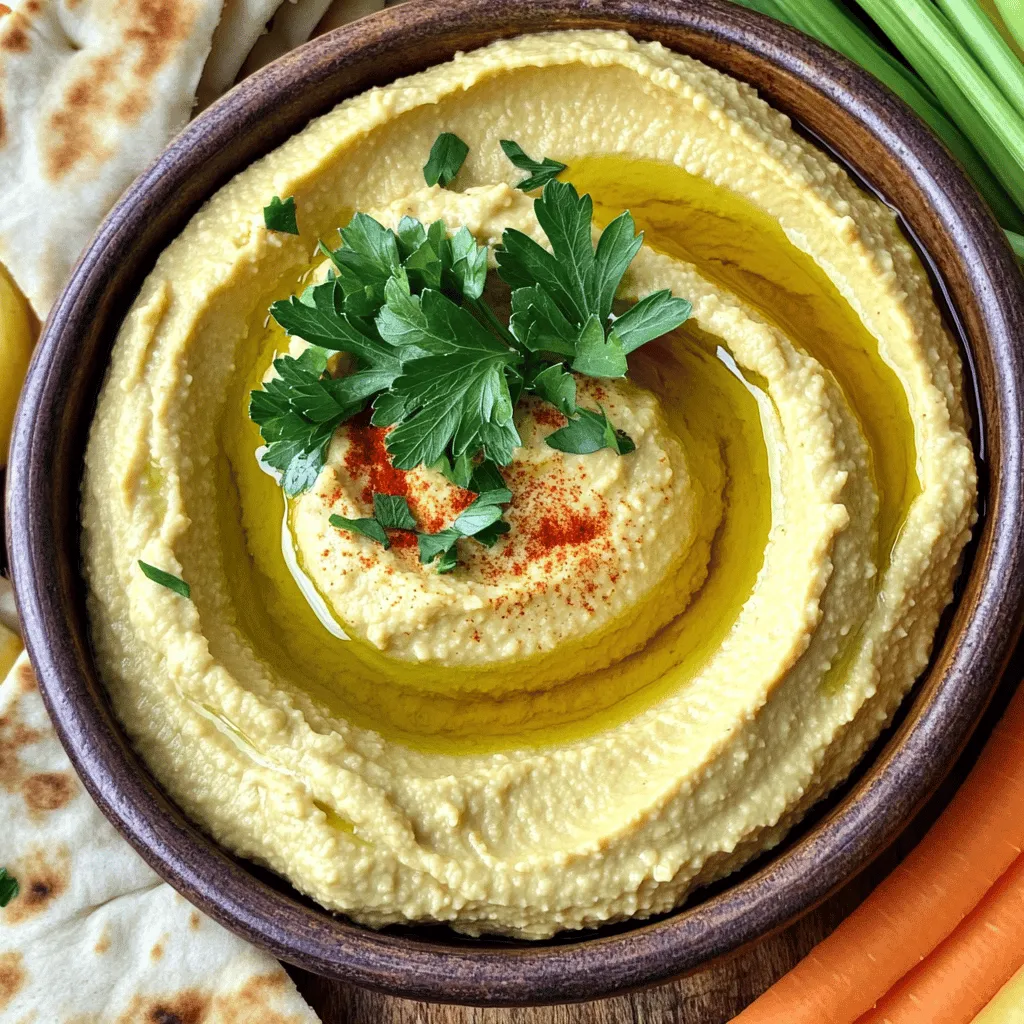 To make this creamy roasted garlic hummus, you will need: - 1 cup canned chickpeas, thoroughly drained and rinsed - 1/4 cup tahini, stirred well - 3 tablespoons fresh lemon juice - 4-6 cloves of garlic, unpeeled (for roasting) - 2 tablespoons extra virgin olive oil, plus extra for drizzling - 1/2 teaspoon ground cumin - Salt, to taste - 2-4 tablespoons water (as needed to adjust consistency) These ingredients come together to create a smooth and rich dip. The chickpeas give the hummus body while the tahini adds a nutty flavor. Fresh lemon juice brightens it up, and roasted garlic gives it a sweet, deep taste. To elevate your hummus, consider these garnishes: - Fresh parsley leaves, finely chopped - Paprika, for a finishing dusting Garnishing with parsley adds color and freshness. A sprinkle of paprika gives a nice touch, making your dish look even more appealing. You can also drizzle extra olive oil on top for added richness. Try serving it with warm pita bread or crunchy veggies for a delightful snack! Roasting garlic brings out its sweet flavor. First, preheat your oven to 400°F (200°C). Take the unpeeled garlic cloves and wrap them in aluminum foil. Place this pouch on the oven rack. Roast for 30-35 minutes, until the cloves feel soft. Once done, take them out and let them cool a bit. After that, you can easily squeeze the soft garlic out of its skin. Next, we blend the hummus. In your food processor, add the drained chickpeas, well-stirred tahini, fresh lemon juice, and the roasted garlic. Don’t forget the olive oil and ground cumin. A pinch of salt adds flavor too. Secure the lid and pulse until the mix becomes creamy. If your hummus is too thick, add water. Start with one tablespoon at a time. Blend after each addition. Keep blending until you get the smoothness you want. Once it’s creamy, taste it! You may want to add more salt or lemon juice to boost the flavor. When you finish, spoon the hummus into a bowl. Drizzle some olive oil on top and sprinkle chopped parsley and paprika for a vibrant look. Enjoy your delicious dip! To make your hummus super creamy, start with well-drained chickpeas. If you want extra smoothness, peel the chickpeas before blending. Roasting garlic adds a lovely flavor and creaminess too. Blend the ingredients until smooth. If it’s too thick, add cold water little by little. Always taste and adjust the salt and lemon juice for a perfect balance. Store leftover hummus in an airtight container in the fridge. It stays fresh for up to five days. If it thickens, just stir in a little water before serving. For longer storage, you can freeze hummus. Use a freezer-safe container and leave space for expansion. Thaw it in the fridge overnight when you're ready to enjoy it again. Serve your creamy roasted garlic hummus with warm pita bread or fresh veggies. Carrots, cucumbers, and bell peppers are great options. You can also add whole chickpeas on top for a fun look. A drizzle of olive oil and a sprinkle of paprika make it extra special. For a party, set up a dip platter with assorted snacks for dipping. {{image_4}} You can easily change the flavor of your creamy roasted garlic hummus. Try adding fresh herbs like basil or cilantro for a burst of taste. You can also mix in spices like smoked paprika or cayenne pepper for a kick. If you enjoy a nutty flavor, add a spoonful of toasted sesame oil. Each change creates a new twist on your dish. This hummus is naturally vegan and can be made nut-free. Just make sure your tahini does not contain any nuts. If you want to add creaminess without tahini, use sunflower seed butter instead. This keeps it tasty and safe for those with nut allergies. Creamy roasted garlic hummus pairs well with many dishes. Serve it with warm pita bread for a classic taste. Fresh veggies like carrots, cucumbers, and bell peppers make great dippers too. You can also try it alongside olives or feta cheese for added flavor. This versatile dish can fit into any meal or snack time. You can store your creamy roasted garlic hummus in an airtight container. Make sure to cover the surface with a little olive oil. This keeps it fresh and prevents it from drying out. Place it in the fridge, where it will stay good for about five days. If you have leftovers, always check for any changes in smell or texture before serving. If you want to keep your hummus longer, freezing is a great option. Scoop the hummus into freezer-safe containers. Leave some space at the top for expansion. You can also use ice cube trays for smaller portions. Once frozen, transfer the cubes to a zip-top bag. It will last in the freezer for up to three months. When ready to eat, thaw it overnight in the fridge. Re-blend if needed to restore its creamy texture. To make hummus creamier, add more tahini or olive oil. These ingredients will help create a smooth texture. You can also add water slowly. Start with a tablespoon and blend until you reach your desired creaminess. This method gives you control over how thick or smooth the hummus gets. Yes, you can use dried chickpeas. Soak them overnight in water. After soaking, boil them until they are soft. This may take about 1 to 2 hours. Once they are soft, drain and rinse them. Use them just like canned chickpeas in the recipe. Homemade hummus lasts about 4 to 7 days in the fridge. Store it in an airtight container. If you see any change in color or smell, it's best to toss it. Always check it before enjoying again. Serve creamy roasted garlic hummus with warm pita bread or fresh vegetable sticks. Carrots, cucumbers, and bell peppers pair well. You can also enjoy it with crackers or on a sandwich. If you want a tasty twist, add some olives or feta cheese on the side. This blog showed you how to make creamy roasted garlic hummus. You learned about key ingredients and optional garnishes. I shared step-by-step instructions on roasting garlic and blending hummus. Tips helped you achieve the right creaminess and store leftovers. Variations covered flavor additions and diet-friendly options. In conclusion, making hummus can be simple and fun. Enjoy personalizing it and sharing with friends. Your homemade hummus will surely impress!