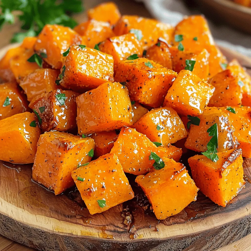 To make Roasted Maple Dijon Sweet Potatoes, you need simple, fresh ingredients. Here’s the list: - 4 medium sweet potatoes, peeled and diced into 1-inch cubes - 3 tablespoons extra virgin olive oil - 2 tablespoons pure maple syrup - 2 tablespoons Dijon mustard (preferably whole grain for added texture) - 1 teaspoon garlic powder - 1 teaspoon smoked paprika - Sea salt and freshly cracked black pepper to taste - Fresh parsley, finely chopped (for garnish) These ingredients come together to create a dish that is sweet, tangy, and full of flavor. Sweet potatoes are naturally sweet and creamy. The maple syrup adds a touch of sweetness while the Dijon mustard brings a mild kick. Garlic powder and smoked paprika add depth and warmth. Using extra virgin olive oil helps with roasting, ensuring the potatoes get crispy on the outside. The seasoning enhances all the flavors, making each bite delicious. Lastly, fresh parsley gives a pop of color and freshness, making the dish visually appealing. Gather these ingredients, and let’s dive into cooking! Preheat your oven to 425°F (220°C). This high heat crisps the sweet potatoes well. Line a baking sheet with parchment paper. This helps with easy cleanup and prevents sticking. In a small bowl, mix three tablespoons of olive oil. Add two tablespoons of maple syrup and two tablespoons of Dijon mustard. I prefer whole grain mustard for its texture. Then, sprinkle in one teaspoon of garlic powder and one teaspoon of smoked paprika. Season with sea salt and black pepper. Whisk everything until smooth. Take four medium sweet potatoes, peel them, and cut them into one-inch cubes. Place the diced sweet potatoes in a large bowl. Pour the dressing over the sweet potatoes. Use a spatula to mix gently but thoroughly. Make sure each cube gets well-coated with the glaze. Spread the seasoned sweet potatoes on the lined baking sheet. Make sure they are in a single layer for even cooking. Roast them in the oven for 25 to 30 minutes. Halfway through, take out the sheet and flip the potatoes. This helps them brown evenly and stay tender. Once the sweet potatoes are golden brown and fork-tender, take them out of the oven. Let them cool for a couple of minutes. Transfer the sweet potatoes to a serving dish. Garnish with chopped fresh parsley for a pop of color. Serve warm and enjoy this tasty side dish! To get the best sweet potatoes, start with even-sized cubes. Cut them into 1-inch pieces. This step helps them cook evenly. Preheat your oven to 425°F (220°C) for the right heat. Line your baking sheet with parchment paper. This keeps them from sticking and makes cleanup easy. Spread the sweet potatoes in a single layer. Avoid crowding them; this allows for proper browning. The key to flavor lies in the dressing. Use high-quality Dijon mustard. Whole grain adds texture and taste. Pure maple syrup brings sweetness and depth. Don't skip the garlic powder and smoked paprika. They add warmth and a nice kick. Adjust the sea salt and black pepper to your taste. For a twist, try adding a pinch of cayenne for heat. Serve the sweet potatoes on a rustic wooden platter for a charming look. Drizzle a little extra maple syrup over the top. This adds shine and flavor. Garnish with finely chopped parsley for freshness. A colorful dish makes a great centerpiece. You can also use a colorful bowl to catch the eye. This dish is not just tasty; it's also beautiful! {{image_4}} You can change the spices to suit your taste. Try adding cumin for warmth. Cayenne pepper can give a nice kick. If you prefer a sweet twist, try cinnamon. Each option adds a unique flavor to the dish. If you want to swap the maple syrup, use honey or agave nectar. Brown sugar can also work well for a rich taste. Just remember, each sweetener might change the flavor slightly. Adjust the amount based on your preference. Roasted Maple Dijon Sweet Potatoes pair great with proteins. Serve them alongside grilled chicken for a hearty meal. They also go well with baked salmon for a healthy option. If you're vegetarian, enjoy them with black beans for extra protein. After cooking, let your roasted maple Dijon sweet potatoes cool down. Then, place them in an airtight container. They will stay fresh in the fridge for about 3 to 5 days. Always check for any signs of spoilage before use. If you want to freeze your sweet potatoes, make sure they cool first. Spread them in a single layer on a baking sheet. Freeze them for 1 to 2 hours until firm. After that, transfer them to a freezer-safe bag. They can last up to 3 months in the freezer. When you're ready to eat, thaw them in the fridge overnight. To reheat, you have a few easy options. You can use the oven, microwave, or skillet. For the oven, preheat to 350°F (175°C). Spread the sweet potatoes on a baking sheet and heat for about 10-15 minutes. In the microwave, heat them in 30-second intervals until warmed through. If you prefer the skillet, heat a little olive oil over medium heat and toss the sweet potatoes until warm. This way, they stay tasty and delicious! Yes, you can use regular potatoes. They will taste different but still work. You may want to adjust cooking time since regular potatoes cook differently. Sweet potatoes give a sweeter flavor that pairs well with maple and Dijon. Regular potatoes will be more starchy and less sweet. This dish is almost vegan! Just make sure to use maple syrup and check the Dijon mustard. Most brands are vegan, but some might contain honey. The other ingredients are already vegan, so it’s simple. You can enjoy this dish with confidence! Roasted Maple Dijon Sweet Potatoes pair well with many dishes. You can serve them alongside grilled chicken or fish. They also go great with a fresh salad or roasted veggies. For a cozy meal, try serving them with a hearty grain like quinoa or rice. Leftover sweet potatoes can last about 3 to 5 days in the fridge. Make sure to store them in an airtight container to keep them fresh. When you're ready to eat, just reheat them in the oven or microwave. Enjoy them warm for the best flavor! This blog post explored the delicious world of roasted maple Dijon sweet potatoes. We covered key ingredients and provided clear steps for preparing and roasting. I shared tips to ensure perfect results and variations to fit your taste. Finally, I addressed common questions about storage and serving. Enjoy crafting this dish and experimenting with flavors. You’ll appreciate how easy and rewarding cooking can be!