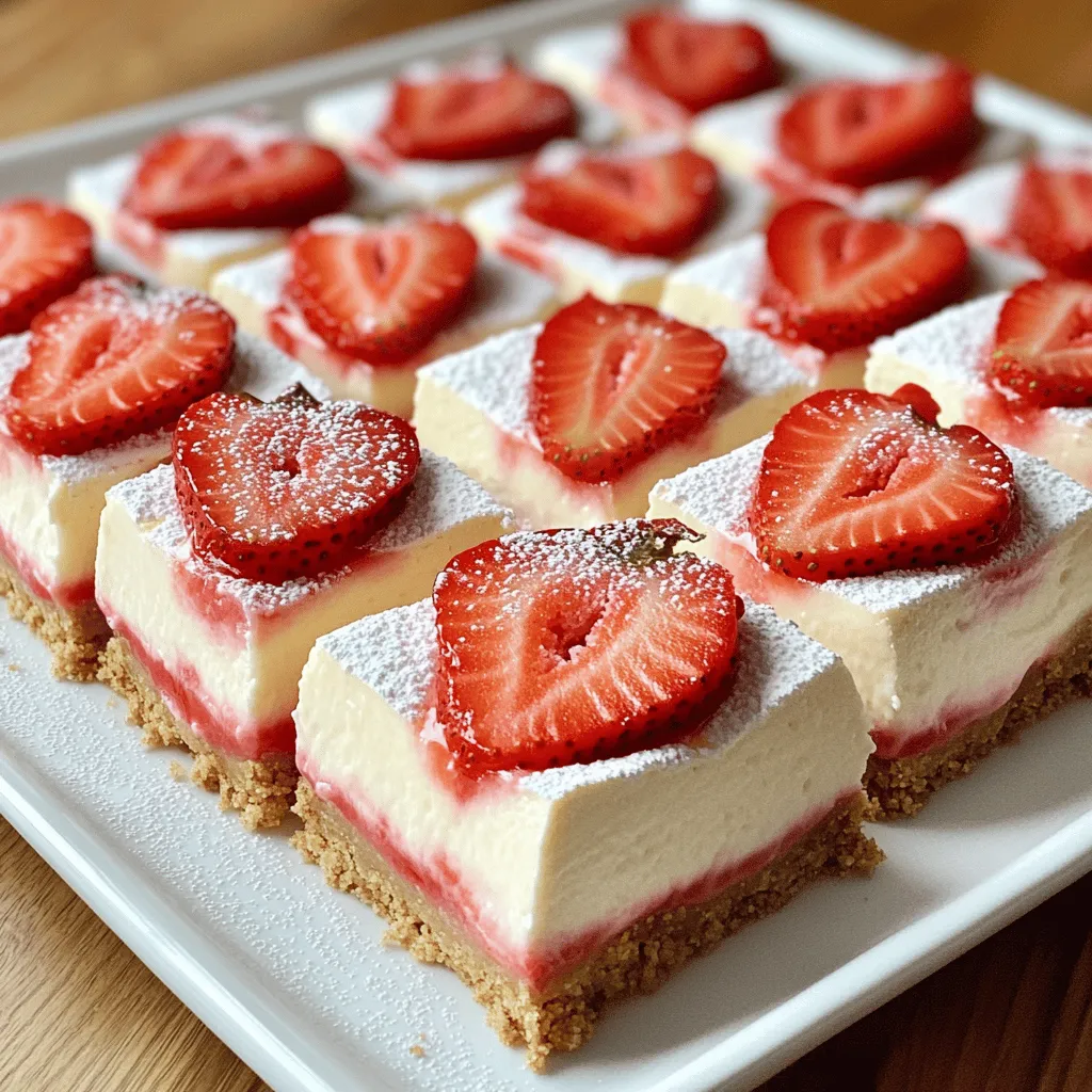 - 1 ½ cups graham cracker crumbs - ½ cup unsalted butter, melted - 2 cups cream cheese, softened at room temperature - 1 cup powdered sugar - 1 teaspoon pure vanilla extract - 1 cup heavy whipping cream, chilled - 2 cups fresh strawberries, hulled and sliced - 2 tablespoons fresh lemon juice - 1 tablespoon gelatin powder (optional) - 2 tablespoons water (for dissolving gelatin) In this recipe, we use graham cracker crumbs for the crust. The melted butter helps hold the crust together. Cream cheese adds that rich, creamy flavor we love in cheesecake. The powdered sugar sweetens the filling, while vanilla extract gives it a lovely aroma. Heavy whipping cream makes the filling light and fluffy. Fresh strawberries are the star of this dessert. They add color and a burst of flavor. Lemon juice brightens the taste, making it refreshing. If you want a firmer cheesecake, gelatin is an option. You can dissolve it in water to help it mix in smoothly. - Chocolate chips for a chocolate version - Other fruits for topping (like blueberries or raspberries) - Flavored extracts (like almond or coconut) Feel free to get creative! You can add chocolate chips for a fun twist. Other fruits like blueberries or raspberries can also taste great on top. If you want to change the flavor, try different extracts like almond or coconut. Each option gives a unique touch to your cheesecake bars. To start, grab a medium bowl. Combine 1 ½ cups of graham cracker crumbs with ½ cup of melted unsalted butter. Mix well until it looks like wet sand. This step is key for a sturdy base. Next, take a parchment-lined 9x9 inch baking dish and press the mixture into the bottom. Make sure to press firmly and evenly. This helps form a solid crust. Pop the dish into the fridge while you prepare the filling. In a large bowl, add 2 cups of softened cream cheese. Use an electric mixer at medium speed. Beat it for about 2-3 minutes until it’s creamy. Gradually add in 1 cup of powdered sugar and 1 teaspoon of pure vanilla extract. Keep mixing until it’s smooth and silky. This mix gives your bars a rich flavor. Now, take a separate bowl and pour in 1 cup of chilled heavy whipping cream. Whip it until you see stiff peaks, which may take about 3-5 minutes. Be patient; this step adds lightness. Once you have stiff peaks, gently fold the whipped cream into the cream cheese mixture with a spatula. Do this carefully to keep the mixture airy. If you want a firmer texture, dissolve 1 tablespoon of gelatin powder in 2 tablespoons of warm water. Stir until lumps disappear. Then, add the gelatin, along with 2 cups of hulled and sliced fresh strawberries and 2 tablespoons of fresh lemon juice, to the cream cheese mix. Fold everything gently until it’s well mixed. Pour this filling over your chilled graham cracker crust. Use a spatula to smooth the top. Cover the baking dish with plastic wrap. Place it in the fridge for 4-6 hours. This waiting time helps the cheesecake set firmly. When it’s ready, lift the dessert out using the edges of the parchment paper. Cut it into squares or rectangles for serving. Enjoy your no-bake strawberry cheesecake bars! Using room temperature cream cheese is key. Cold cream cheese makes it hard to mix. It can create lumps in your filling. Let it sit out for about an hour before use. This makes it smooth and creamy. When whipping the cream, start with chilled heavy cream. Use a clean bowl and beaters for the best results. Whip on medium speed until stiff peaks form. This takes about 3-5 minutes. Be careful not to over-whip. It can turn grainy and lose its fluffiness. Garnish each bar with fresh strawberries for a pop of color. A light dusting of powdered sugar adds a sweet touch. Arrange the bars cut side up on a nice platter. This makes them look more appealing when serving guests. You can also add mint leaves for a fresh look. Avoid overmixing your cheese or whipped cream. This can cause the mixture to become too thin. Combine gently to keep the air in the whipped cream. Do not skip chilling the bars long enough. They need at least 4-6 hours to set properly. If they are not chilled enough, they can fall apart when cut. Give them enough time to firm up for the best results. {{image_4}} You can easily change up the fruit in this recipe. Instead of strawberries, try using blueberries, raspberries, or blackberries. These berries add different colors and flavors. Each choice will bring a unique twist to your cheesecake bars. Another fun idea is to add a fruit puree to the filling. Blend fresh or frozen fruit to make a smooth puree. You can mix this into the cream cheese filling before pouring it over the crust. This way, you get bursts of fruit flavor in every bite. Take your cheesecake to the next level by adding different flavors. You can stir in flavored extracts like almond or coconut into the filling. A bit of lemon or lime zest can also brighten the taste. These small changes can make a big difference. If you love chocolate, try making it chocolate-flavored. Mix cocoa powder into the cream cheese filling or add chocolate chips. The rich taste of chocolate pairs well with the sweetness of the fruit. You can easily make this dessert fit different diets. For a vegan option, use coconut cream instead of heavy cream. You can also swap out the cream cheese with a vegan alternative. For the crust, replace graham crackers with crushed nuts and dates. This will give you a tasty and healthy base. If you need a gluten-free treat, look for gluten-free graham crackers. There are many brands available now. Just check the labels to ensure they are truly gluten-free. This way, everyone can enjoy these delicious cheesecake bars. To keep your cheesecake bars fresh, refrigerate them. Place them in an airtight container. If you don’t have one, cover the dish tightly with plastic wrap. This keeps the bars moist and prevents them from absorbing other smells. These cheesecake bars last 3 to 5 days in the fridge. If you plan to eat them later, proper storage is key. Always check for any signs of spoilage before enjoying. To freeze your cheesecake bars, follow these simple steps: 1. Cool Completely: Ensure the bars are fully chilled and firm. 2. Cut into Squares: Slice them into your desired serving size. 3. Wrap Each Piece: Use plastic wrap to cover each piece tightly. This prevents freezer burn. 4. Place in a Freezer Bag: Put the wrapped pieces in a freezer-safe bag. Remove as much air as possible. 5. Label the Bag: Write the date on the bag for reference. Your cheesecake bars can freeze for up to 2 months. When you’re ready to serve, thaw them in the fridge overnight. This helps maintain their creamy texture. Avoid thawing at room temperature, as they might become too soft. Enjoy your delicious treats anytime! Yes, you can skip the gelatin. If you want a firmer texture, consider using extra cream cheese. You can also chill the mixture longer. This will help it set better. Another option is to add a bit of cornstarch. Mix one tablespoon of cornstarch with the cream cheese before blending. You’ll get a nice firmness without gelatin. If you want a dairy-free option, use coconut cream. It has a rich texture. You can also use almond milk with a little coconut oil for creaminess. Another choice is soy cream. This works well too. For a lighter version, use half-and-half or evaporated milk. Just keep in mind that the texture may differ. The cheesecake bars should feel firm to the touch. You can lightly press the top with your finger. If it bounces back, they are ready. The edges will also look a bit firmer than the center. If the center jiggles a lot, give them more time in the fridge. Yes, you can use frozen strawberries, but thaw them first. Drain off any extra liquid. This helps keep the bars from becoming soggy. Frozen strawberries may also be softer than fresh ones. This can change the texture a little. If you don’t mind that, feel free to use them! You learned how to make easy and tasty cheesecake bars. We covered key ingredients, step-by-step instructions, and tips for perfect results. You can also customize the recipe with different flavors and toppings to suit your taste. Always remember to chill the bars well for the best texture. Enjoy your treats, and have fun experimenting with new variations. Happy baking!