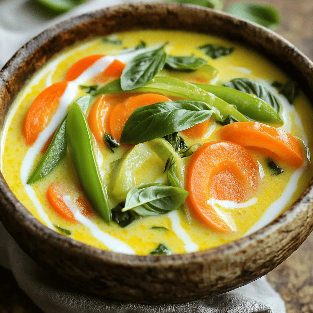 To make Thai Coconut Curry Soup, gather these key items: - 1 tablespoon coconut oil - 1 medium onion, finely chopped - 3 cloves garlic, minced - 1 tablespoon fresh ginger, grated - 2 tablespoons red curry paste (adjust to taste) - 4 cups vegetable broth (low-sodium recommended) - 1 can (14 oz) full-fat coconut milk - 1 bell pepper, sliced (red or yellow for color) - 2 medium carrots, sliced into thin rounds - 1 cup snap peas, trimmed - 1 cup mushrooms, sliced (button or shiitake work well) - 2 tablespoons soy sauce (or tamari for gluten-free) - 1 tablespoon fresh lime juice - Fresh basil or cilantro leaves for garnish - Salt and freshly cracked black pepper to taste These ingredients come together to create a flavorful soup. The coconut milk adds creaminess, while the red curry paste gives it a nice kick. You can boost the taste of your soup with these extras: - Fresh lime wedges for serving - Sliced chili peppers for more heat - Extra vegetables like zucchini or spinach - Cooked shrimp or chicken for added protein These add-ins let you customize your soup based on what you like. Feel free to experiment! If you don’t have something, you can swap it out. Here are some ideas: - Use olive oil instead of coconut oil - Substitute yellow curry paste for red curry paste - Chicken broth can replace vegetable broth - Coconut cream can stand in for coconut milk These swaps keep the soup tasty while using what you have. Don't be afraid to make it your own! Start by gathering all your ingredients. This makes cooking smooth and fun. Chop the onion finely and mince the garlic. Grate the ginger with a microplane. Slice the bell pepper and carrots thinly. Trim the snap peas and slice the mushrooms. These steps are key for even cooking. Heat coconut oil in a large pot over medium heat. Once it melts, add the chopped onion. Sauté it for five minutes until it turns soft and clear. Next, mix in the minced garlic and ginger. Cook for one more minute. This builds a nice base flavor. Then, add red curry paste and stir it for two minutes. This helps bring out the curry's rich aromas. Slowly pour in the vegetable broth and coconut milk. Stir well and bring to a gentle simmer. Once it simmers, toss in the bell pepper, carrots, snap peas, and mushrooms. Let them cook uncovered for about 15 minutes. The veggies should be tender but still have a crunch. Finally, stir in soy sauce and lime juice. Taste it and adjust salt and pepper as needed. To save time, prep all your ingredients first. This way, you won’t rush later. While the soup simmers, clean your workspace. This keeps everything tidy and organized. If you have extra time, you can make rice or noodles as a side. They pair well with the soup and add a nice touch. To create a rich coconut curry broth, start with coconut oil. Heat it in a large pot. Add finely chopped onion and sauté until soft. This takes about five minutes. Next, stir in minced garlic and grated ginger for one more minute. This step brings out their wonderful aromas. Add red curry paste and stir for two minutes. This helps to activate the flavors. Then, slowly pour in low-sodium vegetable broth and full-fat coconut milk. Stir well and let it simmer gently. This combination gives you a creamy, flavorful base. To adjust the spice in your soup, you can modify the red curry paste. Start with two tablespoons and taste. If you want more heat, add a little extra. You can also add a pinch of cayenne pepper if you like it spicy. For a milder soup, use less curry paste. Always taste your broth before adding more salt or pepper, to keep it balanced. Cooking times for vegetables can vary. To keep them tender-crisp, add them during the last 15 minutes of simmering. Bell peppers, carrots, snap peas, and mushrooms all cook well together. Start with the carrots as they take longer. Add the others after a few minutes. This way, your veggies stay bright and flavorful. Always check for doneness with a fork. You want them to be cooked but still have a nice bite. {{image_4}} You can easily make this soup vegetarian or vegan. Just skip any meat and use vegetable broth. Substitute coconut milk, which adds creamy richness. For more protein, add lentils or chickpeas. They cook well and soak up flavors. You can also toss in extra veggies like zucchini or spinach. Adding protein makes this soup heartier. For chicken, cut it into bite-sized pieces and add it early in the cooking. This way, it cooks through and stays juicy. Tofu is a great choice too. Use firm tofu, cut into cubes, and add it at the same time as the veggies. For seafood, shrimp works well. Add shrimp in the last few minutes to keep it tender. Curry pastes bring unique flavors to your soup. Red curry paste is common, but you can switch it up. Green curry paste gives a fresh, bright taste. Yellow curry paste offers a milder flavor. Feel free to mix in fresh herbs like cilantro, basil, or mint. These herbs boost freshness and add depth to the dish. After enjoying your Thai coconut curry soup, store leftovers right away. Let the soup cool down first. Then, pour it into an airtight container. This keeps the soup fresh. You can keep it in the fridge for up to 3 days. Make sure to label the container with the date. This way, you will know when to enjoy it again. To reheat your soup, pour it into a pot. Heat it on medium-low. Stir often to help it warm evenly. If the soup seems thick, add a splash of vegetable broth. This keeps the soup creamy and delicious. You can also use the microwave. Just heat in short bursts and stir in between. This way, you avoid hot spots. If you want to save your soup for later, freezing is a great option. Pour the cooled soup into freezer-safe bags or containers. Leave some space at the top, as the soup may expand. Label each bag with the date. You can freeze the soup for up to 3 months. When you are ready to eat, thaw it overnight in the fridge. Reheat as mentioned earlier for the best flavor. Yes, you can use low-fat coconut milk. However, it changes the soup's creaminess. Full-fat coconut milk adds richness and depth. If you choose low-fat, add extra spices for flavor. You might also consider adding a splash of lime juice for brightness. Thai curry often uses these spices: - Red curry paste - Fresh ginger - Garlic - Lime leaves - Lemongrass - Turmeric - Coriander These spices create a balanced and vibrant taste. Adjust the amounts based on your spice level. Red curry paste brings heat and flavor to the soup. Thai Coconut Curry Soup can be healthy. It has plenty of vegetables, which provide fiber and nutrients. Full-fat coconut milk offers healthy fats, great for energy. You can reduce sodium by using low-sodium broth. Adjust the oil and salt for a lighter version. Enjoying this soup in moderation makes it a tasty, healthy choice. This blog post covered all you need for Thai Coconut Curry Soup. We explored essential ingredients and tasty add-ins. I shared helpful cooking steps and tips for perfecting your broth. You learned how to store leftovers and reheat them well. In conclusion, making this soup is simple and fun. Enjoy the process and make it your own! Each bowl is a chance to create something delicious that warms your heart.