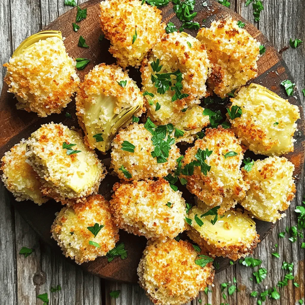 - 1 can (14 oz) artichoke hearts - 1/2 cup freshly grated Parmesan cheese - 1/2 cup Panko breadcrumbs - 3 cloves garlic, finely minced - 2 tablespoons extra virgin olive oil - 1 teaspoon Italian seasoning blend - Salt and freshly ground black pepper, to taste - Fresh parsley for garnishing - Air fryer - Mixing bowls - Measuring cups and spoons - Tongs or fork for handling - Spatula for serving The ingredients are simple yet full of flavor. The artichoke hearts are the star here. They bring a unique taste and texture. I always use freshly grated Parmesan cheese for the best flavor. The Panko breadcrumbs add a delightful crunch. Garlic adds a rich, savory note. The olive oil helps everything stick and crisps up beautifully. You can find all these ingredients at your local store. If you want to make it a bit healthier, use less cheese or oil. However, I recommend sticking to the recipe the first time. It’s all about getting that perfect crispy texture! - Set the temperature to 375°F (190°C) - Allow 5 minutes for preheating First, we need to preheat the air fryer. This step helps get our artichokes crispy. Set the temperature to 375°F (190°C) and wait for about 5 minutes. - Combine Parmesan cheese, Panko, minced garlic, Italian seasoning, salt, and pepper - Stir until evenly mixed Next, let’s make the breadcrumb mixture. In a medium bowl, mix together the freshly grated Parmesan cheese, Panko breadcrumbs, minced garlic, Italian seasoning, salt, and pepper. Stir it well until everything is evenly mixed. This mixture will give our artichokes a nice crunch and flavor. - Toss artichoke hearts in olive oil - Dip each heart in the breadcrumb mixture ensuring even coverage Now, we coat the artichoke hearts. First, toss the drained artichoke hearts in olive oil. This helps the breadcrumbs stick. Then, dip each heart into the breadcrumb mix. Press slightly to make sure the crumbs stick well. - Arrange in a single layer in the air fryer basket - Cook for 10-12 minutes, shaking halfway through It’s time to air fry! Place the coated artichoke hearts in a single layer in the air fryer basket. Cook them for 10 to 12 minutes. Halfway through, shake the basket to help them crisp on all sides. - Remove from air fryer and cool for a minute - Sprinkle with freshly chopped parsley When they finish cooking, carefully take the artichoke hearts out. Let them cool for a minute. To make them look fancy, sprinkle with freshly chopped parsley before serving. Enjoy your crispy garlic Parmesan artichoke hearts! - Use Panko breadcrumbs for extra crunch. - Ensure artichoke hearts are thoroughly drained. - Do not overcrowd the air fryer basket. To get that perfect crunch, Panko breadcrumbs are key. They create a light and crispy layer. Make sure your artichoke hearts are dried well. Any extra moisture can lead to sogginess. When you place the hearts in the air fryer, give them space. Overcrowding can keep them from getting crispy. - Experiment with different herbs like rosemary or thyme. - Add chili flakes for a spicy kick. Adding herbs can really boost the flavor. Rosemary and thyme pair well with artichokes. If you like heat, sprinkle in some chili flakes. This little change can make a big difference. - Pair with marinara sauce or aioli for dipping. - Serve with a fresh salad or as an appetizer platter. These crispy bites shine when you dip them. Marinara sauce or aioli makes a tasty match. You can also place them on a platter with salad for a great meal. They work well as a snack or at a party! {{image_4}} You can easily make this dish gluten-free. Just swap regular breadcrumbs for gluten-free breadcrumbs. This keeps the crunch while catering to those with dietary needs. Want an extra cheesy treat? Add shredded mozzarella cheese to the breadcrumb mix. This gives a gooey texture that melts in your mouth. You can also switch up the cheese. Try asiago or gouda for a different taste experience. Both add a rich flavor that complements the artichokes. If you love heat, add some spice to your artichoke hearts. Mix hot sauce or sriracha into the olive oil. This gives each piece a spicy kick. You can also add crushed jalapeños to the breadcrumb mix. This will make each bite a fiery delight. Store any leftover air fryer crispy garlic Parmesan artichoke hearts in an airtight container in the fridge. This keeps them fresh and tasty. You should eat them within 2-3 days for the best flavor. To bring back the crispiness, reheat your artichoke hearts in the air fryer. Just a few minutes will do the trick. Avoid using the microwave, as it can make them soggy and less enjoyable. For easy meals later, freeze raw coated artichoke hearts. Just be sure to thaw them before air frying. This way, you can enjoy a quick and tasty snack whenever you want! Yes, but thaw and drain them well before coating. Frozen artichokes often hold extra moisture. If you skip this step, they may not crisp up well. Take your time to ensure they are dry. This step is key for the best texture. Substitute cheese with vegan parmesan and use a plant-based oil. There are many tasty vegan cheeses. Look for one that melts well. This keeps the flavor while making it vegan-friendly. Great as an appetizer, or serve with pasta, salad, or as part of a charcuterie board. They add a nice crunch and flavor to any meal. Pair them with marinara or aioli for a dipping option. They should be golden brown and crispy on the outside, tender on the inside. Check them at the 10-minute mark. If they need more time, keep an eye on them. Don't let them burn! You can now make tasty air-fried artichoke hearts with ease. Start with simple ingredients like artichokes, cheese, and breadcrumbs. Follow the steps to prepare and cook them quickly in your air fryer. Remember, you can customize flavors and keep leftovers for later. Enjoy these crunchy bites as an appetizer or a snack. I hope you try this recipe and savor the great taste you've created. Happy cooking!