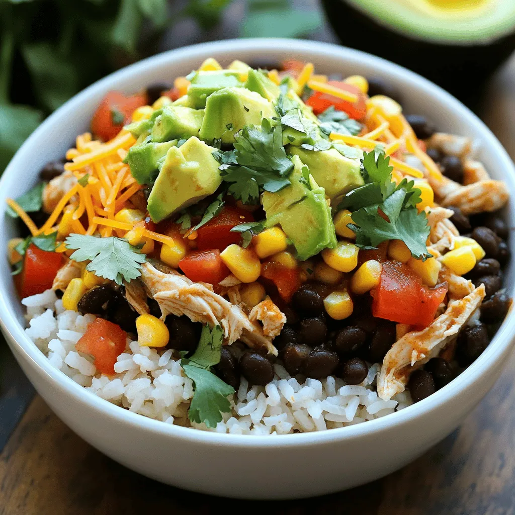 - 1.5 lbs boneless, skinless chicken thighs - 1 can (15 oz) black beans, thoroughly rinsed and drained - 1 cup corn (fresh, frozen, or canned) - 1 cup diced tomatoes (fresh or canned) - 1/2 cup onion, finely diced - 2 tablespoons chipotle chili powder - 1 teaspoon ground cumin - 1 teaspoon smoked paprika - 1/2 teaspoon salt - 1/4 teaspoon black pepper - 1 cup chicken broth - Juice from 1 lime - Diced avocado - Freshly chopped cilantro - Shredded cheese - Sour cream Using quality ingredients makes this dish shine. Chicken thighs are juicy and rich in flavor. They cook well in a slow cooker, becoming tender and easy to shred. Black beans add protein and fiber. Corn gives a sweet crunch, while diced tomatoes add moisture and acidity. The onion brings depth to the dish. For seasoning, I use chipotle chili powder for a smoky kick. Ground cumin adds warmth, and smoked paprika enhances the flavor profile. Salt and black pepper balance all the tastes. Chicken broth keeps everything moist and adds more chicken flavor. Lime juice brightens the whole dish. Feel free to customize with toppings. Diced avocado adds creaminess. Fresh cilantro gives a burst of freshness. Shredded cheese melts over the hot chicken. Sour cream adds a cool touch. Each topping enhances your bowl, making it even more delicious. Enjoy creating your perfect burrito bowl! Start by placing the boneless chicken thighs at the bottom of your slow cooker. Make sure to space them evenly. This helps them cook well and stay juicy. Proper spacing is key for good heat circulation. Now, it’s time to layer the veggies. On top of the chicken, add the rinsed black beans, corn, diced tomatoes, finely diced onion, and minced garlic. Spread them evenly across the chicken. Even distribution ensures every bite is full of flavor. Next, mix the spices. In a small bowl, combine chipotle chili powder, ground cumin, smoked paprika, salt, and black pepper. Sprinkle this mix evenly over the ingredients in the slow cooker. Then, pour in the chicken broth and fresh lime juice. This keeps the chicken moist while cooking. Cook on low for 6 to 8 hours or high for 3 to 4 hours. The chicken should be tender and easy to shred. When cooking is done, use two forks to shred the chicken right in the slow cooker. Mix it well with the beans and veggies. This blends all the flavors together and makes each bite delicious. While shredding the chicken, cook the long-grain rice according to package instructions. When ready, serve the flavorful chicken mixture over a generous bed of rice. For a nice finish, add toppings like diced avocado, fresh cilantro, shredded cheese, or a dollop of sour cream. This adds color and creaminess to your bowl. For the best results with chicken in a slow cooker, use thighs. They stay juicy and tender. Start by laying the chicken at the bottom of the slow cooker. This helps them cook evenly. Keep chicken spaced apart to allow heat to circulate. To keep the chicken moist, add broth and lime juice. This adds flavor and keeps it from drying out. Want to boost the taste? You can add more spices! Consider a pinch of cayenne for heat. Or, try adding some smoked chipotle for a deeper flavor. You can also mix in fresh herbs like oregano. To customize spice levels, taste as you go. Adjust seasonings based on your heat preference. Make it spicy, or keep it mild for kids. For a great look, layer your bowl well. Start with a base of rice. This gives a nice foundation. Then, add the shredded chicken mixture on top. Finally, finish with toppings. Use vibrant ingredients like green avocado or bright cilantro. This makes your dish pop. A colorful bowl is pleasing and fun to eat! {{image_4}} You can switch up the protein in your burrito bowls. If you prefer chicken breast, it works well too. Chicken breast is leaner and cooks faster than thighs. You can also try turkey for a lighter option. For those who want a meat-free meal, tofu or tempeh makes a great choice. Both absorb flavors well, giving you a tasty dish. Rice is classic, but you can get creative with grains. Quinoa adds protein and a nutty flavor. It's also gluten-free, making it a great choice for those with allergies. If you want to keep it low-carb, try cauliflower rice. It's light and allows the other flavors to shine. You can adjust the spice level to suit your taste. If you like things mild, reduce the chipotle chili powder. Adding a bit of honey can also balance the heat. On the other hand, if you crave heat, toss in some diced jalapeños or a splash of hot sauce. You can also add different veggies like bell peppers or zucchini for more color and nutrients. Mixing in a variety of vegetables keeps every bite exciting! To store leftovers, let the burrito bowls cool to room temperature. Transfer the chicken and rice to an airtight container. Make sure to keep them separate to maintain texture. This method helps the rice stay fluffy and the chicken moist. For best flavor, consume the leftovers within three days. Reheat them in the microwave or on the stove. Add a splash of chicken broth if the rice feels dry. This keeps the dish tasty and enjoyable. To freeze your burrito bowls, pack them in freezer-safe containers. Separate the rice from the chicken mix to prevent clumping. This helps in reheating later. For reheating, let it thaw overnight in the fridge. Then, heat in a pan on low. Stir occasionally to keep the texture nice. If using a microwave, add a splash of water to keep it moist. In the fridge, the dish lasts about three to four days. In the freezer, it can keep well for up to three months. Always check for signs of spoilage. Look for off smells, discoloration, or a slimy texture. If you notice any of these, it’s best to toss it. Yes, you can use frozen chicken in the slow cooker. It is safe, but there are some tips. First, make sure to add extra cooking time. Frozen chicken needs about 1-2 hours more. Always check the internal temperature. It should reach 165°F. This keeps your meal safe to eat. To check if the chicken is done, use a meat thermometer. Insert it into the thickest part of the chicken. It should read 165°F. If you don't have a thermometer, look for the chicken to shred easily. It should look moist and tender. Yes! You can prepare this recipe ahead of time. Chop your veggies and spice mix the day before. Store them in the fridge. You can also cook the chicken ahead of time. Just reheat it when you are ready to serve. These burrito bowls pair well with many sides. Try serving them with tortilla chips or a fresh salad. You can also add a side of guacamole or pico de gallo. For drinks, consider serving soda, iced tea, or a light beer. If you use less chicken, reduce the cooking time. For smaller portions, cook for about 4-6 hours on low. For larger portions, add more cooking time. You can cook for 8-10 hours on low. Always check the chicken's doneness to ensure it’s fully cooked. In this blog post, we explored a flavorful slow cooker burrito bowl recipe. We discussed key ingredients like chicken thighs, black beans, and spices. I shared step-by-step instructions for prepping and serving, along with tips for flavor and presentation. In conclusion, this dish is easy to make and enjoy with loved ones. Customize it to fit your taste. With simple storage tips, you'll enjoy these bowls for days. Happy cooking!