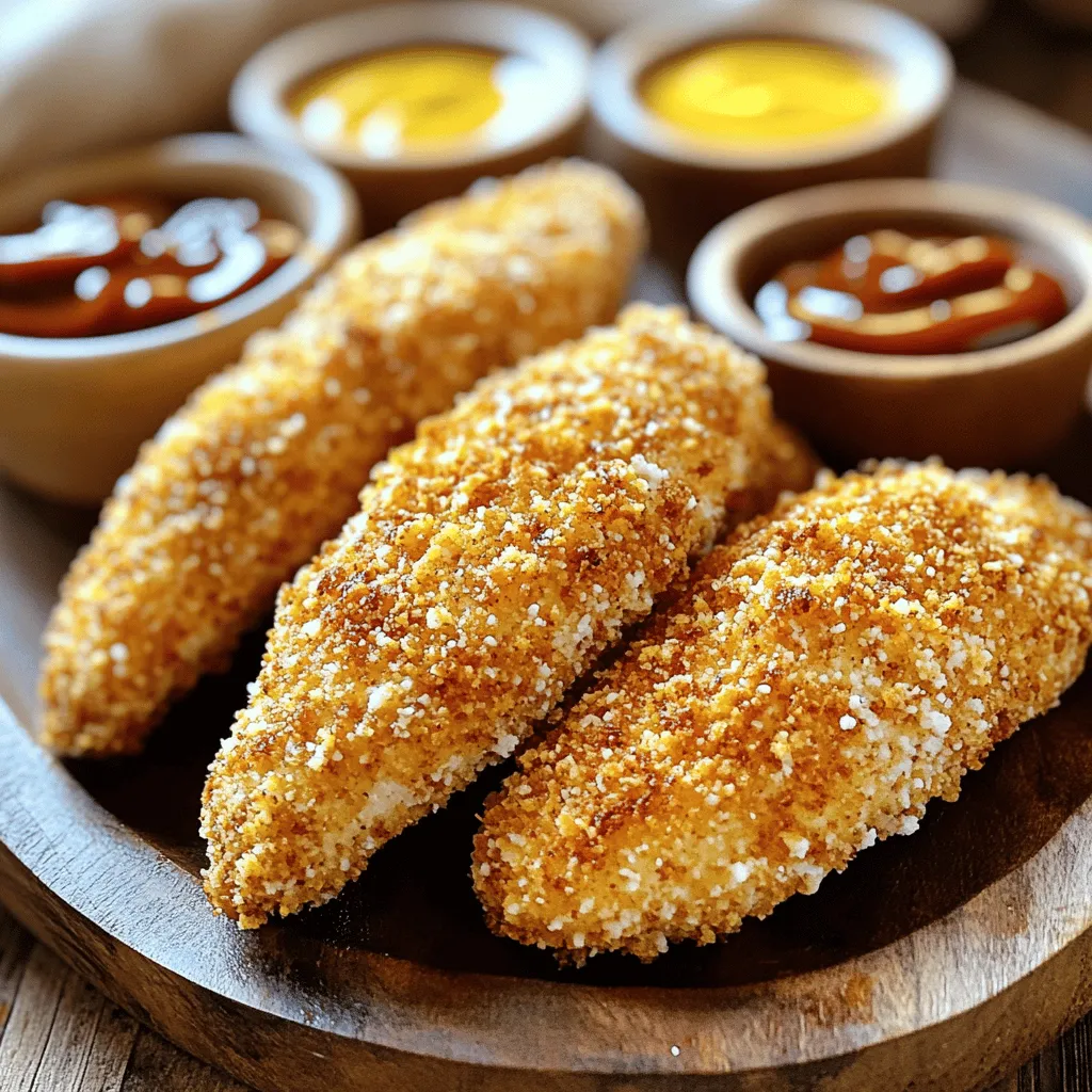 To make crispy baked chicken tenders, you need a few key ingredients: - 1 pound chicken breast tenders - 1 cup buttermilk (or plain yogurt for a tangy twist) - 1 cup all-purpose flour - 1 cup panko breadcrumbs (for extra crunchiness) These main ingredients give the tenders their flavor and texture. The chicken breast tenders are tender and juicy. Buttermilk or yogurt helps to marinate the chicken, making it soft. The flour and panko breadcrumbs create that delightful crispy coat. To enhance the flavor, gather the following seasonings: - 1 teaspoon garlic powder - 1 teaspoon onion powder - 1 teaspoon smoked paprika - 1 teaspoon salt - 1/2 teaspoon black pepper - 1/2 teaspoon cayenne pepper (optional, adjust for desired spice level) - 1/4 cup freshly grated Parmesan cheese The spices bring life to the tenders. Garlic and onion powder add depth. Smoked paprika gives it a hint of smokiness. The Parmesan cheese makes it rich and cheesy. You can adjust the cayenne pepper for extra heat if you like spicy food. You will also need: - Cooking spray Cooking spray makes a big difference. It helps the tenders brown nicely without sticking. This way, you enjoy crispy baked chicken tenders without excess oil. To make your chicken tenders juicy and tasty, marinate them. Start with a bowl and pour in 1 cup of buttermilk. Add 1 teaspoon of salt, 1/2 teaspoon of black pepper, and cayenne pepper if you want some heat. Mix well. Place the chicken tenders in the bowl. Make sure they soak in the marinade. Cover the bowl and put it in the fridge for at least 1 hour. If you have time, marinate overnight for better flavor. While the chicken marinates, set up your breading station. Preheat your oven to 425°F (220°C). Take a baking sheet and line it with parchment paper to avoid sticking. Lightly spray it with cooking spray. Now, grab three shallow bowls. In the first bowl, add 1 cup of all-purpose flour. In the second bowl, mix 1 teaspoon of garlic powder, 1 teaspoon of onion powder, 1 teaspoon of smoked paprika, and 1 teaspoon of salt. In the third bowl, combine 1 cup of panko breadcrumbs and 1/4 cup of grated Parmesan cheese. After marinating, take a chicken tender from the bowl. Let any extra marinade drip off. First, coat it in the flour, shaking off any excess. Next, dip it in the seasoning mix to cover all sides. Finally, press it into the panko-Parmesan mixture. Make sure each tender has a thick, crispy coating. Repeat this for all chicken tenders. Place the breaded chicken tenders on the prepared baking sheet. Leave some space between them for even cooking. Lightly spray the tops with cooking spray for extra crispiness. Bake the tenders for about 18-20 minutes. Check for doneness by cutting into one. The inside should be white and juices clear. The outside should be golden brown and crunchy. Once baked, take the chicken tenders out of the oven. Let them cool for a minute to set the coating. Serve them hot with your favorite dipping sauces. Options like honey mustard, barbecue sauce, or creamy ranch dressing work well. You can also add a sprinkle of fresh parsley for color. Enjoy your meal! To get that perfect crispy bite, panko breadcrumbs are key. They are lighter and flakier than regular breadcrumbs. This helps create a crunch that you can't resist. When baking, I recommend spraying a light coat of cooking spray on your chicken tenders. This adds a golden finish. You can also place the baking sheet in the oven while it preheats. This gives the chicken a jumpstart on crispiness, making each tender even crunchier. Marinating your chicken is vital for flavor and tenderness. I suggest you let the chicken sit in the buttermilk for at least one hour. If time allows, marinate it overnight. This longer soak helps the flavors soak in deeply. It also makes your chicken super juicy and soft. Always cover the bowl tightly to keep the chicken fresh. While the basic seasonings are great, you can mix it up! Try adding different spices like cumin or Italian herbs. Fresh herbs such as parsley or thyme can brighten the flavor, too. If you love heat, add more cayenne pepper or a dash of hot sauce to the marinade. This makes each bite exciting and packed with flavor. {{image_4}} You can change the flavor of your chicken tenders easily. Try different spice blends. Some great options include: - Cajun spice mix for a kick. - Italian seasoning with herbs like oregano and basil. - Lemon pepper for a zesty touch. Adding fresh herbs gives a nice twist too. Chopped parsley or cilantro can boost the taste. You can mix these into the breading or sprinkle them on top after baking for freshness. If you're looking for gluten-free options, you can swap the flour and breadcrumbs. Here are some ideas: - Use almond flour instead of all-purpose flour. It adds a nutty flavor. - Try pork rinds as a crunchy breading. Simply crush them and use instead of panko. These alternatives keep your chicken tenders tasty while meeting dietary needs. Dipping sauces can elevate your chicken tenders. Here are some fun ideas: - Honey mustard for a sweet and tangy blend. - Buffalo sauce for a spicy kick. - Creamy ranch for a cool contrast. You can also pair your tenders with side dishes. Try serving them with: - Sweet potato fries for a sweet twist. - Coleslaw for a crunchy side. - Vegetable sticks for a fresh crunch. Mix and match to create a meal that's fun and satisfying! To keep your leftover chicken tenders fresh, place them in an airtight container. This helps keep out air and moisture. Store them in the fridge for up to three days. If you want extra safety, wrap them tightly in plastic wrap before placing them in the container. To reheat your chicken tenders and keep them crispy, use the oven. Preheat your oven to 375°F (190°C). Place the chicken tenders on a baking sheet. Heat them for about 10-15 minutes. This method makes sure they stay crunchy outside and warm inside. You can also use an air fryer for a quicker option. Just set it to 375°F (190°C) and cook for about 5-7 minutes. If you want to save some chicken tenders for later, freezing is a great option. First, let them cool completely. Then, place the tenders in a single layer on a baking sheet and freeze them for about an hour. This prevents them from sticking together. After that, transfer the frozen tenders to a freezer bag. They can last up to three months in the freezer. When you’re ready to eat, thaw them in the fridge overnight and reheat as mentioned above. Yes, you can use chicken breasts. Chicken tenders are thinner and cook faster. If you use breasts, cut them into strips for even cooking. Adjust your baking time to around 25-30 minutes. Always check that the chicken is cooked through with an internal temperature of 165°F. To add heat, use cayenne pepper in the breading. You can also mix in chili powder or hot sauce into the buttermilk marinade. For more flavor, try adding crushed red pepper flakes to the breadcrumb mix. Start with a little and taste as you go. Yes, you can. Plain yogurt is a great substitute. You can also use a mixture of milk and vinegar or lemon juice. This will give a similar tangy flavor. The key is to keep the chicken tender and juicy during the baking process. Popular sauces include honey mustard, ranch dressing, and barbecue sauce. For a twist, try buffalo sauce or a spicy aioli. These sauces add flavor and make eating fun. You can even mix your favorite sauces together for a new taste. Leftovers last about 3-4 days in the fridge. Place them in an airtight container to keep them fresh. Make sure they cool down before sealing. If you want to enjoy them later, consider freezing them for up to 3 months. In this article, we covered how to make crispy baked chicken tenders. We discussed important ingredients like chicken, buttermilk, and seasonings. You learned how to marinate, prepare the breading station, and bake to perfection. Tips for getting that crunchy texture and fun variations made this dish even more exciting. Remember, cooking is about trying new flavors and finding what you love. Enjoy your crispy tenders and share them with family and friends!