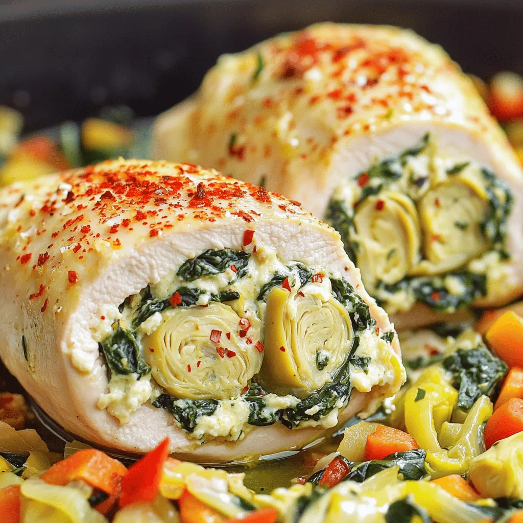 - 2 large chicken breasts - 1 cup fresh spinach, chopped - 1 cup artichoke hearts, drained and roughly chopped - 1/2 cup cream cheese, softened - 1/2 cup mozzarella cheese, shredded - 1/4 cup Parmesan cheese, grated - 2 cloves garlic, minced - 1 tablespoon olive oil - Salt and pepper to taste - 1/2 teaspoon red pepper flakes (optional) - Sharp knife - Medium-sized skillet - Mixing bowl - Baking dish - Meat thermometer When making spinach artichoke stuffed chicken, gather all these ingredients first. The chicken breasts are your canvas. Spinach and artichokes create a rich filling. Cream cheese adds creaminess, while mozzarella and Parmesan bring flavor. Garlic gives it a nice kick, and olive oil helps sauté. Don't forget salt and pepper to season, and red pepper flakes can add heat if you want. You need a sharp knife to create pockets in the chicken. A skillet helps cook your filling. A mixing bowl combines all the delicious ingredients. The baking dish holds your stuffed chicken while it cooks. Finally, a meat thermometer ensures the chicken is safe to eat. This setup makes cooking easy and fun. You will love the flavors! Preheat your oven to 375°F (190°C). A hot oven helps cook the chicken evenly. Heat olive oil in a medium skillet over medium heat. Add minced garlic and sauté for 1 minute. The garlic should smell great but watch it closely. Next, add chopped spinach and artichoke hearts. Cook for 3-4 minutes until the spinach wilts down. Stir often to mix the flavors well. In a mixing bowl, combine the sautéed spinach and artichokes with softened cream cheese, shredded mozzarella, and grated Parmesan. Add a pinch of salt, pepper, and red pepper flakes if you like some heat. Mix until it becomes a smooth and creamy filling. Take your sharp knife and slice a pocket into each chicken breast. Cut horizontally, but leave one side intact. Make the pocket deep enough to hold the stuffing. Carefully stuff each chicken breast with the creamy filling. If needed, use toothpicks to close the openings and keep the stuffing inside. Place the stuffed chicken breasts in a greased baking dish. Space them out for even cooking. Season the tops with salt, pepper, and a sprinkle of Parmesan cheese for flavor. Bake in the preheated oven for 25-30 minutes. The chicken should reach an internal temperature of 165°F (74°C). After baking, let the chicken rest for 5 minutes. This step helps the juices stay inside, making each bite juicy and tasty. You can swap regular cream cheese for low-fat options. This change helps cut calories while keeping the dish creamy. For spinach, you can use frozen instead of fresh. Just make sure to thaw and drain it well first. Frozen spinach is easy and saves time, but fresh spinach adds a nice texture. To keep the chicken moist, do not overcook it. Bake until the internal temperature reaches 165°F (74°C). A meat thermometer is key. It helps you know when the chicken is done without guessing. This tool makes cooking easier and more precise. When serving, slice the stuffed chicken in half. This way, the colorful filling shows off nicely. Place the chicken on a plate with sautéed veggies or a light salad. For a pop of color, add fresh parsley as a garnish. It makes the dish look vibrant and inviting. {{image_4}} You can boost the taste of your spinach artichoke stuffed chicken. One great option is adding sun-dried tomatoes. They bring a nice sweetness that pairs well with the savory stuffing. Chopping them up and mixing them in is easy. You can also try different cheeses. Feta adds a tangy flavor, while cheddar gives a rich, creamy texture. Mixing these cheeses can create a unique taste that you will love. You don't have to bake the chicken if you want a different method. Grilling stuffed chicken gives it a nice smokey flavor. Just be sure to keep an eye on it so it cooks evenly. If you are in a hurry, try using an Instant Pot. It speeds up cooking time and keeps the chicken juicy. Just set it to cook for about 10-15 minutes, and you’ll have a meal ready in no time! Using seasonal vegetables can elevate your dish. In spring, add fresh asparagus or peas to the stuffing. In summer, cherry tomatoes can provide a burst of flavor. Fall is perfect for adding roasted squash or pumpkin. Winter vegetables like kale or Brussels sprouts can also be a great choice. Mixing in seasonal veggies not only changes the taste but also keeps your meals fresh and exciting. To keep your Spinach Artichoke Stuffed Chicken fresh, store leftovers in the fridge. - Use airtight containers to lock in moisture and flavor. - Label the containers with the date to track freshness. - Consume within three days for the best taste and safety. When you’re ready to enjoy leftovers, reheating is key. - The best method is to use an oven at 350°F (175°C). - Place the chicken in a baking dish and cover it with foil. - Heat for about 15-20 minutes until warm. - This method helps maintain the chicken's juicy texture and rich flavor. - You can also use a microwave, but be careful to not overcook. - Heat in short intervals, checking often to avoid dryness. Yes, you can prepare this dish ahead. Just follow these steps: - Prep the stuffing: Make the spinach and artichoke filling. Store it in the fridge for up to two days. - Stuff the chicken: Fill the chicken breasts and seal them. Wrap each chicken breast in plastic wrap. - Chill: Keep the wrapped chicken in the fridge until you are ready to bake it. - Bake: When ready, bake as directed. You may need to add a few extra minutes to the cooking time. This makes meal prep easy and saves time on busy nights. Pair this stuffed chicken with delicious sides. Here are some great ideas: - Roasted vegetables: Carrots, bell peppers, or zucchini add color and flavor. - Rice or quinoa: These grains soak up the chicken juices well. - Salad: A light salad with greens and a lemon vinaigrette complements the dish nicely. - Garlic bread: This adds a nice crunch and is perfect for dipping. These sides will enhance the meal and make it more filling. Check the chicken for doneness to ensure it is safe to eat. Here’s how: - Internal temperature: Use a meat thermometer. The chicken should reach 165°F (74°C). - Visual cues: The juices should run clear, not pink. The meat should be white and firm. - Rest time: After baking, let the chicken rest for five minutes before cutting. This helps keep it juicy. These methods will help you cook the chicken perfectly every time. Making Spinach Artichoke Stuffed Chicken is simple and rewarding. You learned about the key ingredients, tools, and step-by-step instructions. Tips for keeping the chicken moist and creative variations add even more value. In the end, this dish offers flavor and satisfaction, perfect for any meal. You can impress your family with ease. Remember to enjoy the cooking process and have fun experimenting with flavors!