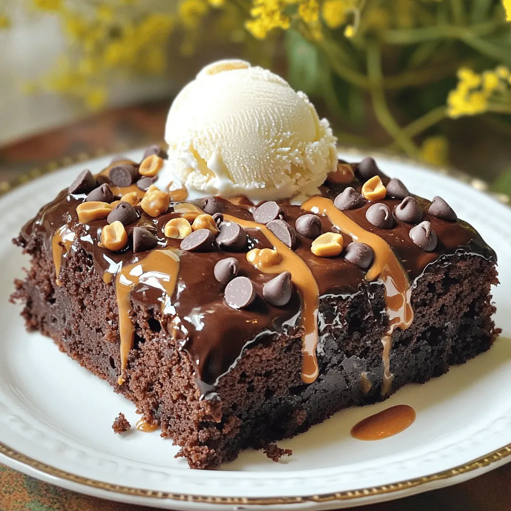 To make the Slow Cooker Peanut Butter Hot Fudge Cake, gather these simple ingredients: - 1 cup all-purpose flour - 1 cup granulated sugar - 1/2 cup unsweetened cocoa powder - 2 teaspoons baking powder - 1/2 teaspoon salt - 1/2 cup milk (whole or 2%) - 1/4 cup unsalted butter, melted - 1/4 cup creamy peanut butter - 1 teaspoon vanilla extract - 1 cup chocolate chips (semi-sweet or dark) - 1 cup hot water (not boiling) - Optional toppings: - 1/2 cup chopped peanuts - Ice cream or whipped cream This cake combines rich flavors with a soft texture. Each ingredient plays a key role in making your dessert special. For instance, cocoa powder gives the cake its deep chocolate flavor, while peanut butter adds a creamy touch. Don't skip the chocolate chips; they melt into gooey pockets of delight. The optional toppings can elevate your dish and add extra crunch. Enjoy the process of gathering these ingredients, as it sets the stage for a delicious treat! Start by gathering your dry ingredients. You need flour, sugar, cocoa powder, baking powder, and salt. Use a whisk to mix these well. This helps make the batter smooth. Make sure there are no lumps. Lumps can ruin the texture of your cake. If you find any, break them apart with the whisk. A good mix sets the stage for a great cake. For the wet mix, you will use milk, melted butter, creamy peanut butter, and vanilla extract. Put these in a bowl. Use a whisk to mix until smooth. Creamy peanut butter is key here. It adds rich flavor and helps the cake stay moist. If you use chunky peanut butter, the texture will change. Stick with creamy for the best results. Now, it’s time to combine the wet and dry mixes. Pour the wet mixture into the dry. Use a spatula or wooden spoon to stir gently. Be careful not to overmix. Lumps in the batter are okay. They can make your cake lighter. After mixing, fold in the chocolate chips. This adds yummy bites of chocolate throughout the cake. Pour the batter into the slow cooker. Spread it out evenly. This helps it cook well. Next, pour hot water over the batter. Do not mix the water in! This will create a fudge layer beneath your cake. The water is key to getting that rich, gooey bottom. Cover the slow cooker with its lid. Set it to low heat for about 2 to 2.5 hours. Check the cake as it cooks. The edges should be set, but the center will be soft. This means it’s done! If it looks too wet in the middle, give it extra time. After cooking, turn off the slow cooker. Let the cake rest for about 15 minutes. This helps the flavors mix. When ready to serve, scoop out portions into bowls. Top with chopped peanuts if you like. Add a scoop of ice cream or whipped cream for extra fun. Enjoy this warm treat with friends or family! To get the best fudge layer, use hot water, not boiling. Pour it gently over the batter. This helps the fudge layer form below the cake. If you want a thicker fudge layer, add a bit more cocoa powder to the batter. You can also adjust the amount of chocolate chips based on your taste. More chips mean more chocolatey goodness! When serving, think about garnishes. Chopped peanuts on top add a nice crunch. A drizzle of warm fudge sauce makes it look fancy. For ice cream, try vanilla, chocolate, or even salted caramel. Each flavor will bring out the richness of the cake. You can also use whipped cream for a lighter touch. If your cake is undercooked, don't worry! Just cover it again and cook for another 15-30 minutes. Check it often to avoid overcooking. To prevent a dry cake, make sure you measure the ingredients accurately. Too much flour can dry it out. Always check the cake's edges; they should be firm while the middle stays soft and fudgy. {{image_4}} For gluten-free options, you can use a gluten-free flour blend. Look for blends that include xanthan gum for the best texture. This swap will keep your cake tasty and safe for those with gluten sensitivities. If you need dairy-free alternatives, use almond milk or coconut milk instead of regular milk. For butter, coconut oil or a dairy-free butter substitute works well. These options maintain creaminess without dairy. Want to spice things up? Adding a teaspoon of cinnamon or a hint of espresso can elevate your cake. Cinnamon gives warmth, while espresso adds a rich depth. Just mix in these spices when combining the dry ingredients. You can also incorporate different nut butters. Try almond or cashew butter for a unique twist. Each nut butter brings its own flavor, making your cake special and fun to experiment with. If you want a quicker bake, you can use the oven. Preheat it to 350°F. Pour the batter into a greased baking dish and bake for about 30-35 minutes. Check for doneness with a toothpick; it should come out clean. For an Instant Pot adaptation, use the pot's cake setting. Pour the batter into a greased pan that fits inside the pot. Add a cup of water to the pot, then cook on high for about 30 minutes. This method creates a moist cake with less cooking time. To keep your cake fresh, store it in an airtight container. Place the cake in the fridge to maintain its taste. It can last up to five days in the refrigerator. If you want it to stay fresh longer, consider freezing it. When you reheat the cake, try to keep the texture soft. The microwave can warm it up quickly. Heat it in 30-second bursts to avoid overcooking. You can also use the oven. Set it to 350°F and warm the cake for about 10 minutes. You can freeze the cake for later enjoyment. Cut it into pieces and wrap each slice in plastic wrap. Then, place the wrapped slices in a freezer bag. To thaw, move the cake to the fridge overnight. You can also warm it gently in the microwave. This will keep it moist and tasty. Yes, you can use different flours. Almond flour and oat flour work well. They can change the texture. Almond flour makes it moist, while oat flour gives a nice flavor. Keep in mind, the cake may not rise as much. You might need to adjust the baking powder too. You can prepare the batter in advance. Mix the dry and wet ingredients separately. Store them in the fridge, but not too long. Bake it the next day for fresh cake. Just remember to let it sit before cooking. This helps the flavors blend well. If you run out of chocolate chips, don’t worry! You can use chopped chocolate bars instead. Cocoa nibs or butterscotch chips also add a nice twist. Even raisins can work if you want a fruity touch. Get creative with what you have on hand! Check the edges of the cake. They should look set and firm. The center will be soft and fudgy. You can also insert a toothpick; it should come out with some moist crumbs. If it comes out clean, it might be overcooked! Yes, you can skip the peanut butter. Use sun butter for a nut-free option. You can also try almond butter for a different flavor. Just adjust the amount to keep the texture right. The cake will still be delicious without it! You now have all the ingredients and steps to make a delicious slow cooker cake. Remember to mix properly and monitor your cake while it cooks. Don't forget the tips for perfecting texture and flavor. This recipe can easily fit into your routine with its variations and storage tips. I hope you feel inspired to try this easy cake. Enjoy your baking adventure and all the tasty treats you will create!