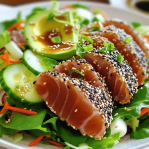 For this salad, you will need fresh, high-quality ingredients. Here is what you'll need: - 2 Ahi tuna steaks (approximately 6 ounces each) - 1/4 cup black sesame seeds - 1/4 cup white sesame seeds - 2 tablespoons olive oil - Salt and pepper to taste - 4 cups mixed salad greens (such as arugula, spinach, and baby kale) - 1 cucumber, thinly sliced - 1 carrot, shredded - 1/2 red bell pepper, thinly sliced - 1 avocado, sliced To enhance the taste of your salad, you will need a few dressing ingredients: - 2 tablespoons soy sauce (or tamari for a gluten-free option) - 1 tablespoon rice vinegar - 1 tablespoon sesame oil - 1 teaspoon honey or agave syrup These ingredients add depth and balance to the dish, making each bite flavorful. Want to take your salad to the next level? Try these garnishes: - Sliced green onions - Extra sesame seeds These add a nice touch and an extra crunch. Enjoy crafting your own version! Start by drying the Ahi tuna steaks with paper towels. This helps the sesame seeds stick better. Next, sprinkle salt and pepper on both sides. This simple step enhances the tuna's natural flavors. On a flat plate, combine the black and white sesame seeds. Take one tuna steak and press it firmly into the seeds. Make sure each side is well coated. This creates a nice, crunchy crust. Heat olive oil in a non-stick skillet over medium-high heat. Wait until the oil shimmers. Carefully place the tuna steaks in the skillet. Sear each side for about 2 minutes. This gives you a medium-rare finish. If you like it more cooked, adjust the time a little. After searing, remove the tuna and let it rest for a couple of minutes. In a large bowl, mix the salad greens with the sliced cucumber, shredded carrot, red bell pepper, and sliced avocado. Gently toss everything together. This colorful mix adds great texture and flavor to the salad. In a small bowl, whisk together soy sauce, rice vinegar, sesame oil, and honey or agave syrup. Mix until smooth. This dressing ties all the salad ingredients together with a nice balance of flavors. Once the tuna has rested, slice it against the grain into thin strips, about 1/2-inch thick. Lay the salad mixture on individual plates. Place the sliced tuna on top. Drizzle the dressing over everything. For a beautiful finish, add sliced green onions and more sesame seeds if you like. To get that ideal sear, start with dry tuna steaks. Pat them with paper towels. Season both sides with salt and pepper. Heat olive oil in your skillet until it shimmers. This means it’s hot enough. Place the tuna in the pan gently. Sear for about 2 minutes on each side for medium-rare. If you want it more cooked, add a minute. Let the tuna rest after cooking. This keeps it juicy. Mixing flavors is key for a tasty salad. Use a blend of greens like arugula and spinach. The peppery taste of arugula contrasts well with creamy avocado. Try adding thin cucumber slices and shredded carrots for crunch. Red bell pepper adds a sweet flavor and bright color. For more zest, consider adding a squeeze of lime juice. This will brighten up the dish and make it fresh. How you plate your dish matters. Start with a vibrant salad base. Arrange it neatly on the plate. Slice your tuna thinly and place it on top. Drizzle the dressing around the plate for an elegant touch. Sprinkle extra sesame seeds and sliced green onions for garnish. This not only looks great but adds flavor too. A beautiful plate makes every bite more enjoyable. {{image_4}} If you can't find Ahi tuna, you can use salmon or yellowfin tuna. Both options work well and still give a tasty meal. If you prefer a plant-based choice, try marinated tofu. It soaks up flavors well and has a nice texture when seared. Feel free to switch up the dressing. A ginger-soy dressing adds a spicy kick. For a creamier taste, try a wasabi mayo. A citrus vinaigrette with orange or lime juice brings freshness to the dish. These variations keep your salad exciting and full of flavor. You can add seasonal veggies for extra crunch and color. In spring, consider adding asparagus or snap peas. In the summer, cherry tomatoes and radishes shine. Fall brings butternut squash or roasted beets for a warm touch. Each season offers unique flavors to enhance your salad experience. To store leftover salad, first place it in an airtight container. Keep the salad separate from the dressing to avoid sogginess. You can store the salad in the fridge for up to two days. If you have leftover tuna, store it in a separate container. Store Ahi tuna in the coldest part of your fridge. Wrap it tightly in plastic wrap or foil. This helps keep it fresh. Use tuna within two days for the best taste and texture. If you don’t plan to eat it soon, freeze it. Wrap it well and place it in a freezer bag to prevent freezer burn. If you need to reheat tuna, do it gently. Place it in a skillet over low heat. Heat it for just a few minutes to warm through. Avoid cooking it too long, as it can become tough. You can also serve it cold on salads or in sandwiches, which keeps the flavor fresh. Yes, you can use frozen Ahi tuna. Just make sure to thaw it completely. Place it in the fridge overnight. This helps keep the texture nice. Pat it dry before cooking to prevent steaming. You can store the salad in the fridge for up to two days. Keep the dressing separate until you are ready to eat. This keeps the greens fresh and crunchy. Tamari is a great gluten-free option for soy sauce. Coconut aminos also works well. Both add a savory flavor without gluten. You can prepare parts of the salad in advance. Chop the veggies and store them in airtight containers. Cook the tuna just before serving for the best taste. Many sides go well with this salad. Try serving it with rice or quinoa. A light soup can also complement the dish. Fresh fruit like pineapple adds a sweet touch, too. This article guided you through creating a tasty sesame crusted ahi tuna salad. You learned about key ingredients, step-by-step cooking tips, and alternative options to explore. I also shared storage advice for leftovers and answered common questions. This dish is simple yet impressive. Enjoy experimenting with flavors and variations to make it your own. Your cooking skills will shine with practice. Remember, fresh ingredients and a little love make all the difference.