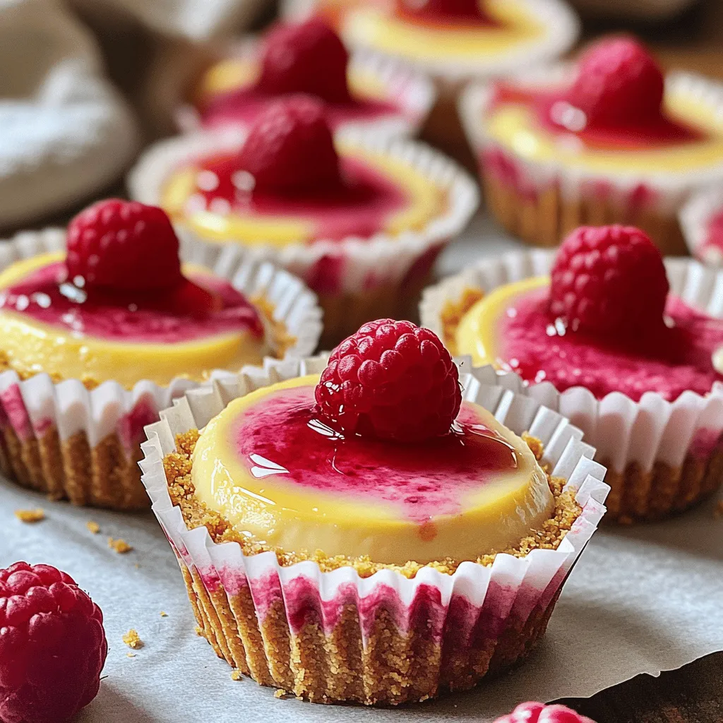 - 1 cup graham cracker crumbs - 16 oz cream cheese, softened - 1 cup raspberries These three ingredients create the heart of the mini cheesecakes. The graham cracker crumbs form a sturdy base. Cream cheese gives the cheesecake its rich and creamy texture. Fresh raspberries add a burst of flavor and color. - 2 tablespoons honey - Variations of sugar Honey is a great choice if you want extra sweetness. You can also use different sugars, like brown sugar or coconut sugar, to change the taste a bit. These options let you customize the recipe to your liking. First, set your oven to 325°F (160°C). This temperature helps the cheesecakes cook evenly. Next, line a muffin tin with paper liners. You will need about 12 liners for this recipe. In a medium bowl, mix 1 cup of graham cracker crumbs with 2 tablespoons of sugar. Pour in 1/4 cup of melted unsalted butter. Stir until the crumbs look wet. Take about 2 tablespoons of this mix and press it into each muffin liner. Use the back of a spoon or your fingers to make it compact. Bake the crusts for 8-10 minutes until they are lightly golden. Once done, let them cool for a bit. In a large bowl, add 16 oz of softened cream cheese and 1/2 cup of sugar. Beat them together with an electric mixer until smooth. This should take about 2-3 minutes. Then, add 2 large eggs, one at a time. Mix well after each egg. Next, pour in 1 teaspoon of vanilla extract, the zest of 1 lemon, and 1/4 cup of fresh lemon juice. Mix until everything is well combined. Gently fold in 1 cup of raspberries. Be careful not to mash them too much. Now, spoon the cheesecake filling into each muffin liner, filling them about three-quarters full. This allows room for the cheesecakes to rise. Bake them in the oven for 18-20 minutes. The edges should be set, but the centers can be slightly jiggly. After baking, turn off the oven. Leave the cheesecakes inside with the door slightly open for 30 minutes. This slow cooling helps avoid cracks. Once they reach room temperature, transfer them to the fridge. Chill for at least 4 hours, or overnight for the best results. To get smooth mini cheesecakes, avoid over-mixing. When you add the eggs, mix just until combined. Too much mixing can add air, which might cause cracks. When folding in the raspberries, be gentle. You want to keep some berries whole for the best look and taste. Cooling your cheesecakes correctly is key to avoiding cracks. After baking, turn off the oven and leave the door slightly open. This lets the cheesecakes cool slowly. Leave them in the oven for about 30 minutes. Then, move them to room temperature to cool fully before chilling. Chill the mini cheesecakes for at least four hours. For the best taste and texture, chilling them overnight is ideal. This helps them set perfectly. When it's time to serve, add some flair. Drizzle honey on top for extra sweetness. Place a few fresh raspberries on each cheesecake for a pop of color. This makes for a beautiful presentation that impresses your guests. {{image_4}} You can easily change the flavor of these mini cheesecakes. One fun idea is to add other fruits. Blueberries or strawberries work great. They give a fresh taste and look pretty too. Just fold them in gently, like you did with the raspberries. Another way to switch things up is by swapping the lemon juice for lime juice. Lime adds a zesty twist. It gives a bright flavor that pairs well with the cream cheese. If you love citrus, this change can be a winner! If you need a gluten-free option, you can make a simple change. Use gluten-free graham crackers for the crust. They taste just as good and keep the same texture. You can also make a crust from nuts or oats. For those following a vegan diet, try using vegan cream cheese. There are many great brands available. Instead of eggs, use a mix of ground flaxseed and water. This mix acts as a binder. You can make a delicious vegan cheesecake that everyone will love! To keep your leftover mini cheesecakes fresh, store them in the fridge. Place them in an airtight container. This helps keep out moisture and keeps the flavors bright. You can also use a cake keeper if you have one. It’s a great way to show off your desserts! Make sure to eat your leftovers within five days. After that, the taste may change. If you notice any off smells or changes in texture, it’s best to toss them. If you want to save some for later, you can freeze these mini cheesecakes. First, allow them to cool completely. Wrap each cheesecake tightly in plastic wrap. This step helps protect them from freezer burn. Place the wrapped cheesecakes in a freezer-safe bag or container. They can stay in the freezer for up to three months. When you’re ready to enjoy them, take them out and place them in the fridge overnight to thaw. Avoid using the microwave, as this can change their texture. Enjoy your delicious treat without worry! Can I use frozen raspberries? Yes, you can use frozen raspberries! Just thaw them and drain off any extra juice. This keeps the filling creamy and prevents excess moisture. Frozen raspberries can still give great flavor and color to your mini cheesecakes. Can I make these mini cheesecakes ahead of time? Absolutely! You can make these cheesecakes a day ahead. Just follow the recipe and chill them overnight. This helps the flavors to meld and improves the texture. Store them in the fridge until you are ready to serve. Why are my cheesecakes cracking? Cracks often happen from too much heat or rapid cooling. Make sure to bake at the right temperature and allow them to cool gradually in the oven. This step helps keep them smooth and pretty. How can I tell when they are done baking? The cheesecakes are done when the edges look set and the center has a slight jiggle. If they are too firm, they may be overbaked. Keep an eye on them as they bake to get the best results! You can create delicious mini cheesecakes using simple ingredients. Start with graham cracker crumbs and cream cheese, then add fresh raspberries for flavor. By following the steps, you’ll master the crust and filling. Remember to keep an eye on baking time to avoid cracks. Feel free to experiment with fruits and dietary options. Proper storage will help you enjoy these treats later. Try these tips for a great cheesecake experience, and you’ll impress family and friends with your skills. Enjoy your baking journey!