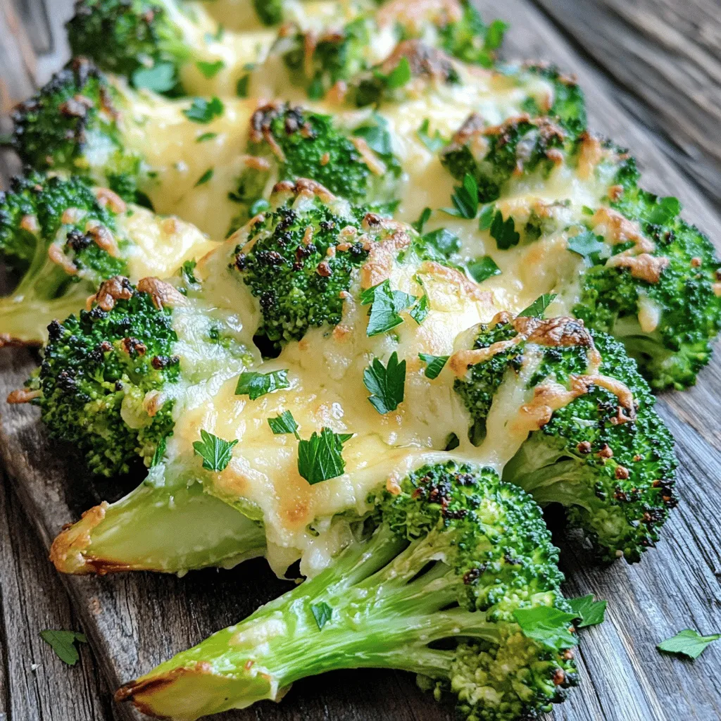 - Broccoli florets - Garlic - Parmesan cheese - Olive oil - Lemon zest - Sea salt - Black pepper - Optional red pepper flakes - Fresh parsley for garnish The main star of this dish is the broccoli. It adds a bright green color and a nice crunch. I prefer using fresh broccoli florets for the best flavor and texture. The garlic brings a rich, savory taste that pairs perfectly with the other ingredients. Freshly grated Parmesan cheese adds a creamy, salty touch. For the oil, I always use extra-virgin olive oil. It gives a great depth of flavor and helps the broccoli roast well. A hint of lemon zest brightens the dish and lifts all the flavors. Sea salt and black pepper are key for seasoning. If you like a bit of heat, red pepper flakes work nicely. - Dairy-free alternatives: You can use nutritional yeast instead of Parmesan for a cheesy flavor. - Low-sodium options: Use less sea salt or try a salt substitute to keep it healthy. - Vegetable alternatives: Swap broccoli for cauliflower or Brussels sprouts if you prefer. These substitutions still let you enjoy a tasty dish. Feel free to mix and match based on what you have at home! 1. Preheat the oven: Start by preheating your oven to 425°F (220°C). A hot oven helps the broccoli roast well. 2. Prepare broccoli and garlic: Trim two large heads of broccoli into bite-sized florets. Mince four cloves of garlic finely. This mix will bring a great taste. 3. Combine ingredients: In a large bowl, add the broccoli, minced garlic, 3 tablespoons of olive oil, 1 teaspoon lemon zest, 1 teaspoon sea salt, 1/2 teaspoon black pepper, and 1/2 teaspoon red pepper flakes if you like some heat. Toss everything together well. Make sure every piece of broccoli is coated evenly with oil and spices. This step is key for flavor. 1. Spread broccoli on the baking sheet: Line a baking sheet with parchment paper for easy cleanup. Spread the seasoned broccoli mixture in a single layer on the sheet. This helps the broccoli roast evenly. 2. Initial roasting phase: Place the baking sheet in the preheated oven. Roast the broccoli for 15 minutes. This will allow it to become tender and caramelized. 3. Add Parmesan cheese and continue roasting: After 15 minutes, take the baking sheet out. Sprinkle 1/4 cup of grated Parmesan cheese over the broccoli. Put it back in the oven for another 5-7 minutes. The cheese should melt and bubble, giving a lovely golden color. 1. Garnishing the dish: Once done, take the baking sheet out and let it rest for about a minute. You can garnish the dish with freshly chopped parsley for color and freshness. 2. Presentation tips: Serve the roasted broccoli in a large, shallow bowl or a serving platter. The bright green broccoli and golden cheese look beautiful together. A wedge of lemon on the side adds a nice touch and some zest! Even coating is key to tasty roasted broccoli. When you mix the florets with olive oil and spices, make sure every piece gets some love. This helps the flavors stick and enhances the taste. Use your hands to toss everything well. To get that nice caramelization, roast at a high temperature. I love 425°F (220°C) for this dish. The heat helps the edges crisp up, making them golden and sweet. It only takes about 15 minutes for the first roast, so keep an eye on it. Spices can make your broccoli sing! Besides salt and pepper, consider adding garlic powder or smoked paprika for depth. You could also use fresh herbs like thyme or rosemary for a pop of flavor. Think about using homemade ingredients too. Store-bought garlic can lack that fresh punch. Grating your own Parmesan cheese gives a richer taste than pre-shredded cheese. Little choices like these can take your dish to the next level. One big mistake is overcooking the broccoli. It should be tender but still have a bit of crunch. Check it around the 15-minute mark. If it's too soft, it loses its great texture. Another mistake is not seasoning enough. Broccoli can be bland if you skip on the salt or spices. Taste your mixture before roasting. Adjust the seasoning to your liking. This will ensure every bite is full of flavor. {{image_4}} Vegan version You can make this dish vegan easily. Just swap the Parmesan for a plant-based cheese. Nutritional yeast also works well. This adds a cheesy flavor without dairy. Gluten-free options This recipe is naturally gluten-free. All the ingredients are safe for those with gluten issues. Enjoy this dish without worry! Adding nuts or seeds For added texture, sprinkle some nuts or seeds on top. Almonds, walnuts, or sunflower seeds make great choices. They add crunch and healthy fats. Incorporating other vegetables Feel free to mix in other veggies. Carrots, bell peppers, or cauliflower can add color and flavor. Just make sure to cut them into similar sizes for even cooking. Air fryer instructions Using an air fryer is a quick way to cook this dish. Toss the broccoli and seasonings as usual. Cook at 400°F for about 10-12 minutes. Shake the basket halfway for even crispness. Stovetop steam and sauté options If you prefer stovetop cooking, steam the broccoli first. Cook it for about 5 minutes until bright green. Then, sauté it in olive oil with garlic for 3-4 minutes. Finish with Parmesan for that cheesy touch. After you enjoy the roasted garlic Parmesan broccoli, let it cool down. This step is key to keeping it fresh. Place the cooled broccoli in an airtight container. Glass containers work best, but plastic ones are fine too. Store your leftovers in the fridge. They stay tasty for about three to four days. To reheat, use the oven for the best texture. Preheat your oven to 350°F (175°C). Spread the broccoli on a baking sheet. Heat for about 10 minutes or until warm. This method keeps the broccoli crisp and cheese melty. You can also use the microwave, but the texture may suffer. If you choose the microwave, heat in short bursts. This helps avoid sogginess. You can freeze roasted broccoli for later use. First, let it cool completely. Then, spread it out on a baking sheet. Freeze it for about an hour until solid. Once frozen, transfer it to a freezer bag. Squeeze out the air to prevent freezer burn. It can last up to three months in the freezer. When you're ready to use it, thaw the broccoli in the fridge overnight. Reheat it in the oven for the best results. This way, you maintain its crunch and flavor. You will know the broccoli is done when it is bright green and tender. Look for a slight browning on the edges. The cheese should also be melted and golden. A fork should easily pierce the florets. This gives you that perfect roasted texture and flavor. Yes, you can make this recipe ahead of time. Roast the broccoli and let it cool. Store it in an airtight container in the fridge for up to three days. Reheat it in the oven to bring back that crispy texture. You can also prepare the broccoli and garlic mix a day early. Just toss it with olive oil and seasonings before roasting. Roasted Garlic Parmesan Broccoli pairs well with many dishes. You can serve it alongside grilled chicken or fish. It also goes nicely with pasta or quinoa for a hearty meal. For a vegetarian option, try it with a creamy risotto. You can also add a fresh salad for a complete dinner. Roasting broccoli with garlic and Parmesan is simple and rewarding. You saw the key ingredients and how easy it is to prepare. I shared tips on avoiding common mistakes and gave options for dietary needs. Remember, you can add flavors and use different methods for fun twists. Enjoy your meal and feel free to experiment. With these basics, you can make a tasty dish every time. Keep it fresh and delicious!