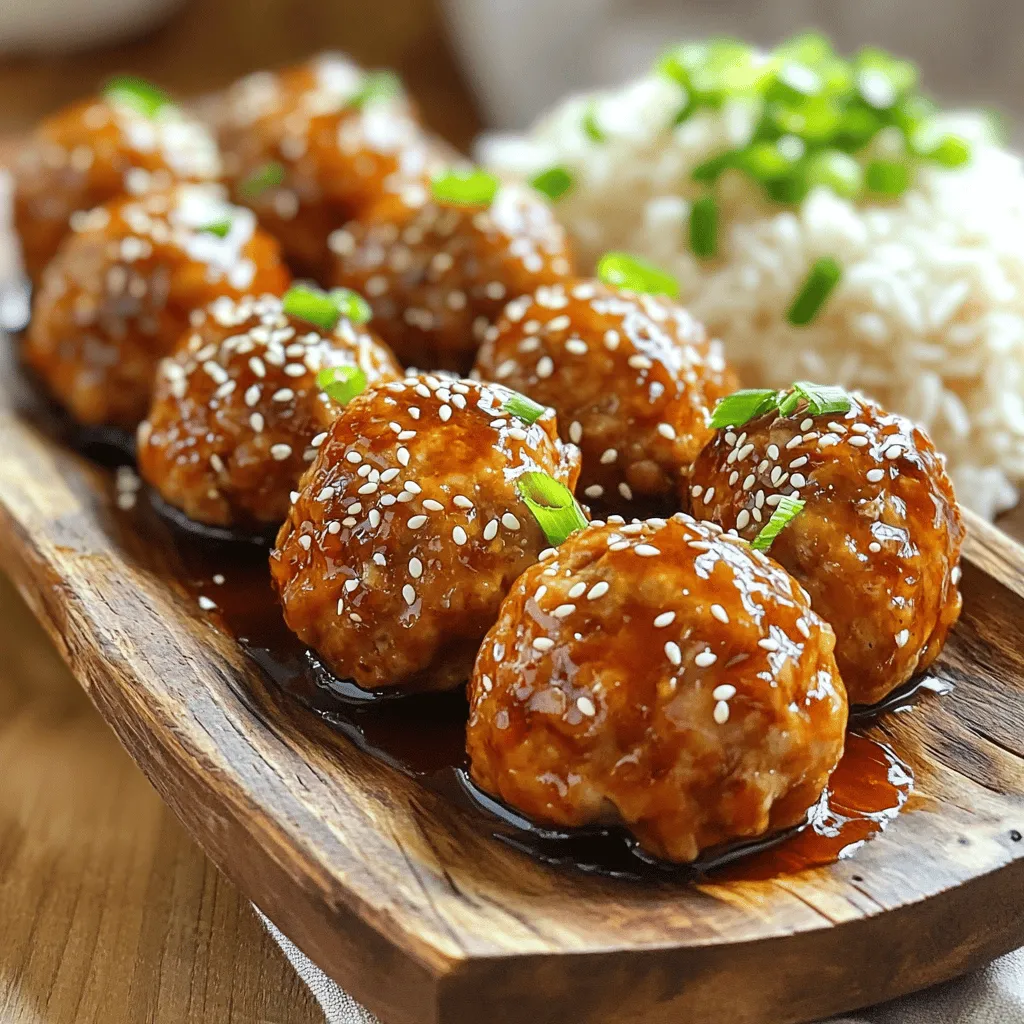 - 1 lb ground chicken - 1/4 cup breadcrumbs - 1/4 cup green onions, finely chopped - 1 clove garlic, minced - 1 tablespoon ginger, freshly grated - 1 tablespoon soy sauce - 1 tablespoon sesame oil - 1 tablespoon honey - 1 teaspoon cornstarch - Salt and pepper to taste To make teriyaki chicken meatballs, you need simple, fresh ingredients. Ground chicken gives the meatballs a moist texture. Breadcrumbs help hold everything together. The green onions add a nice crunch and flavor. Garlic and ginger bring warmth and zest. Soy sauce and sesame oil give depth and richness. Honey adds a touch of sweetness. Cornstarch helps bind the mixture and gives it a smooth texture. Don’t forget salt and pepper to enhance all the flavors. - Sesame seeds for garnish - Additional green onions, chopped for garnish Garnishes make your dish look appealing. A sprinkle of sesame seeds adds a nice crunch. Chopped green onions brighten the dish with color and flavor. These small touches make your meal feel special and ready for sharing. - 1/4 cup soy sauce - 1/4 cup honey - 1 tablespoon cornstarch mixed with 2 tablespoons of water The teriyaki sauce is key to this recipe. Soy sauce gives it a savory base. Honey balances the saltiness with sweetness. Cornstarch mixed with water thickens the sauce nicely. This sauce coats the meatballs, making each bite flavorful and satisfying. Combine all main ingredients in a large bowl. Use 1 lb of ground chicken, 1/4 cup breadcrumbs, 1/4 cup finely chopped green onions, 1 clove minced garlic, 1 tablespoon freshly grated ginger, 1 tablespoon soy sauce, 1 tablespoon sesame oil, 1 tablespoon honey, 1 teaspoon cornstarch, salt, and pepper. Use your hands or a spatula to mix thoroughly. This blending ensures all flavors mix well. Preheat your oven to 400°F (200°C). Scoop about 1 tablespoon of the chicken mixture. Roll it into a firm ball, about 1 inch wide. Place each meatball on a baking sheet lined with parchment paper. Continue until you shape all the mixture into meatballs. Place the meatballs on the lined baking sheet. Bake them in the preheated oven for 15-20 minutes. They should turn golden brown and be fully cooked inside. Check to ensure they reach an internal temperature of 165°F for safety. While the meatballs bake, prepare the teriyaki sauce. In a small saucepan, combine 1/4 cup soy sauce, 1/4 cup honey, and 1 tablespoon cornstarch mixed with 2 tablespoons of water. Heat this mixture over medium heat. Stir continuously until it thickens, which takes about 5 minutes. Once the meatballs are cooked, take them out of the oven. Drizzle the thickened teriyaki sauce over the meatballs while they sit on the baking tray. Toss gently to coat them evenly in the sauce. This step adds a delicious glaze. Transfer the coated meatballs to a serving dish. Garnish with a sprinkle of sesame seeds and additional chopped green onions for a fresh look. Enjoy your flavorful teriyaki chicken meatballs! To make great meatballs, mix the ingredients well. This step helps spread the flavors. Use your hands or a spatula to combine everything. This ensures each meatball tastes the same. When you shape the meatballs, do not overcrowd the baking sheet. Leave some space between them. This helps them cook evenly and get nice and brown. Want to spice things up? Add crushed red pepper to the meat mixture. It gives your meatballs a nice kick. You can also use fresh herbs. Chopped cilantro or basil can brighten the taste. They add a fresh touch that makes your dish stand out. For a stunning look, serve your meatballs on a decorative platter. A rustic wooden board works great. Add a swirl of extra teriyaki sauce on top. This makes the dish more inviting. Pair your meatballs with a side of steamed rice or a bright salad. The colors and textures will make your meal pop! {{image_4}} You can switch up the meat for different flavors. - Use ground turkey instead of chicken. It makes a lighter meatball. - Try a vegetarian option. Use mashed chickpeas or tofu as the base. The sauce can add fun twists to your meatballs. - For a sweet and spicy kick, mix in some chili sauce. - Make a homemade pineapple teriyaki sauce for a tropical taste. How you serve your meatballs can change the meal. - Pair them with steamed vegetables for a healthy balance. - Add Asian-inspired salads for a fresh, crunchy side. Store your teriyaki chicken meatballs in an airtight container. They will stay fresh in the fridge for up to 3 days. This makes it easy to enjoy leftovers. Just make sure they are cooled before sealing. You can freeze uncooked meatballs for up to 3 months. This is great for meal prep. Just shape the meatballs and place them in a single layer on a baking sheet. Once frozen, transfer them to a freezer bag. Cooked meatballs can also be frozen. They reheat well, so you can enjoy them later. To reheat, place the meatballs in the oven at 350°F (175°C) for 10-15 minutes. This method keeps them warm and delicious. If you need a quick option, you can microwave them. Heat in short bursts until they are warm all the way through. Enjoy your tasty meal without the wait! To make sure your meatballs stay firm, use breadcrumbs as a binder. Mix them well with the ground chicken and other ingredients. Adding a beaten egg can also help bind everything together. Make sure to shape them tightly into balls. This prevents them from falling apart while cooking. Yes, you can prepare teriyaki chicken meatballs ahead of time. Form the meatballs and store them in the fridge for up to 24 hours before baking. You can also freeze them for later. Just make sure to place them in an airtight container. When ready to cook, bake from frozen or let them thaw first. Teriyaki chicken meatballs pair well with many sides. Here are some popular choices: - Steamed rice - Fried rice - Asian-style slaw - Roasted vegetables - Noodles These sides add flavor and balance to the dish. To change the sweetness of the sauce, you can add or reduce honey or sugar. If you find it too sweet, add a little more soy sauce. This will balance the flavors. You can also mix in a splash of rice vinegar for a tangy kick. To make teriyaki chicken meatballs gluten-free, use gluten-free breadcrumbs. Check the soy sauce label, as many brands contain gluten. You can substitute it with tamari, which is gluten-free. These simple swaps keep your dish safe for gluten-free diets. Teriyaki chicken meatballs are tasty and easy to make. We covered the main ingredients, step-by-step instructions, and useful tips. You can vary the recipe with different meats or sauces. Storage tips ensure your leftovers remain fresh. Enjoy these flavorful meatballs on busy nights or for meal prep. Now, you have all the tools to create a delicious dish that’s sure to please everyone. Get cooking and enjoy a delightful meal!