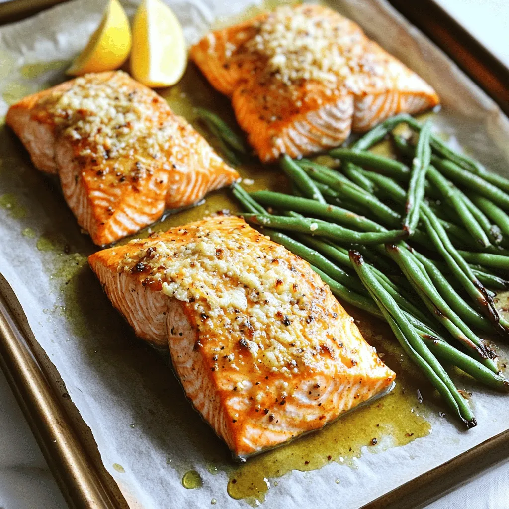 - 4 salmon fillets (6 ounces each) - 1 pound fresh green beans - 3 tablespoons olive oil - 3 cloves garlic, minced - 1/2 cup Parmesan cheese, grated - 1 teaspoon dried Italian herbs - Salt and black pepper, to taste - Lemon wedges, for serving When I make this dish, I love the fresh salmon fillets. They are full of flavor and healthy. The green beans add a nice crunch and color. Using high-quality olive oil is key here. It enhances all the tastes. For seasoning, minced garlic gives a strong flavor. I always use fresh garlic for the best taste. The grated Parmesan cheese melts beautifully over the salmon and green beans. It adds richness and a salty kick. I like to sprinkle salt and black pepper to taste. Just a little makes the dish pop. Finally, serving with lemon wedges brightens the meal. A squeeze of lemon right before you eat adds freshness. This recipe is easy to prepare. It’s perfect for a quick dinner or a special occasion. You’ll enjoy how all the flavors work together. - Preheat oven to 400°F (200°C). - Line baking sheet with parchment paper. Start by setting the oven. This step gets things ready for cooking. While the oven heats up, line your baking sheet. Parchment paper helps keep your sheet clean. It also makes for easy food removal later. - Whisk together olive oil, minced garlic, and Italian herbs. - Season with salt and pepper. Next, grab a bowl. In it, you will mix olive oil, minced garlic, and dried Italian herbs. Whisk them together until combined. This mixture adds flavor. Don’t forget to add salt and pepper to taste. - Coat salmon fillets with garlic oil mixture. - Toss green beans with remaining oil mixture. Now, take your salmon fillets. Place them skin-side down on the baking sheet. Use a brush or spoon to coat the salmon with the garlic oil mixture. Make sure each fillet gets a good amount. Then, in a separate bowl, toss the green beans with any leftover garlic oil mixture. This adds flavor to the beans too. - Place salmon on one side of the baking sheet. - Spread green beans on the other side, ensuring even layers. It’s time to arrange the food. Place the salmon on one side of the baking sheet. Spread the green beans on the other side. Keep the beans in a single layer. This helps them cook evenly. - Sprinkle Parmesan cheese over salmon and green beans. Now for a tasty touch. Evenly sprinkle grated Parmesan cheese over the salmon and green beans. This cheese will melt and create a nice, crispy topping as it bakes. - Bake for 15-20 minutes. - Check doneness of salmon and green beans. Finally, place the baking sheet in the oven. Bake for 15-20 minutes. You know it’s done when the salmon flakes easily with a fork. The green beans should be tender with a slight crunch. To cook salmon perfectly, aim for flaky and moist fish. Here are some tips: - Choose fresh salmon: Look for bright, firm fillets. Avoid any that smell fishy. - Use room temperature salmon: Let the fillets sit out for about 15 minutes before cooking. This helps them cook evenly. - Don’t overcook: Bake until the salmon flakes easily with a fork. This usually takes 15 to 20 minutes at 400°F (200°C). - Check for doneness: Use a fork to gently press the thickest part of the fillet. If it flakes, it's done! Want to boost the taste? Here are some ideas for herbs and spices: - Fresh herbs: Try dill or parsley for a bright flavor. - Citrus zest: Add lemon or lime zest for a zing. - Spice it up: A dash of red pepper flakes adds heat if you like it spicy. - Smoked paprika: This gives a warm, smoky flavor that pairs well with salmon. Pair your dish with these ideas for a complete meal: - Grains: Serve with quinoa or rice for a filling side. - Salads: A simple green salad with vinaigrette adds freshness. - Sauces: A yogurt sauce or chimichurri drizzled on top enhances flavors. - Bread: Serve with crusty bread to soak up any juices. {{image_4}} You can change the green beans to other veggies. Some great choices are: - Asparagus - Broccoli - Brussels sprouts - Bell peppers These veggies add new colors and tastes. Each option cooks well and brings its own flavor. Just remember to cut them to similar sizes for even cooking. Want to mix it up? Try different seasonings or cheeses. Here are some ideas: - Use lemon pepper for a zesty kick. - Add smoked paprika for a warm, smoky flavor. - Swap Parmesan for feta or goat cheese. Each option adds a unique twist to the dish. Feel free to experiment with your favorite flavors. If you need this recipe to fit specific diets, here are some tips: - For a gluten-free version, ensure the Parmesan is gluten-free. - To make it dairy-free, use a plant-based cheese. These swaps keep the dish tasty while meeting your dietary needs. Enjoy making it your own! To keep your leftovers fresh, place them in an airtight container. Store in the fridge for up to three days. Ensure the dish cools down before sealing to avoid moisture build-up. If you want to keep flavors intact, separate the salmon from the green beans. When it's time to enjoy leftovers, preheat your oven to 350°F (175°C). Place the salmon and green beans on a baking sheet. Cover with foil to keep the moisture in. Bake for about 10-15 minutes until heated through. You can also use the microwave. Reheat on medium power for 1-2 minutes, checking often. If you want to freeze the meal, let it cool completely first. Place the salmon and green beans in freezer-safe bags or containers. Remove as much air as possible to prevent freezer burn. This dish can last up to three months. To thaw, move it to the fridge overnight before reheating. The best way to cook salmon is by baking, grilling, or pan-searing. Baking keeps the fish moist and tender. Grilling adds a nice char, while pan-searing gives a crispy skin. I love baking because it’s easy and allows me to make a full meal on one pan. This method also keeps my kitchen clean. Yes, you can use frozen salmon. Be sure to thaw it first. The best way to thaw salmon is to leave it in the fridge overnight. If you are short on time, you can place it in a sealed bag and submerge it in cold water for about an hour. This method prevents the fish from cooking unevenly. Leftovers will last for up to three days in the fridge. Store the salmon and green beans in an airtight container. Make sure they cool to room temperature before sealing. This helps keep them fresh and tasty. You can prep this dish ahead of time. You can make the garlic oil mixture and coat the salmon and beans earlier in the day. Just cover them and place them in the fridge. When you are ready to cook, simply bake them as directed. This saves time and makes dinner easy! This blog post guides you through making a delicious salmon and green beans dish. We covered key ingredients like salmon, green beans, and savory Parmesan. I shared simple steps for preparation, baking, and serving. Tips help ensure perfect flavor and texture. You can explore variations and storage methods too. With these insights, you can enjoy this meal fresh or prepared in advance. Try it out and elevate your cooking with ease!