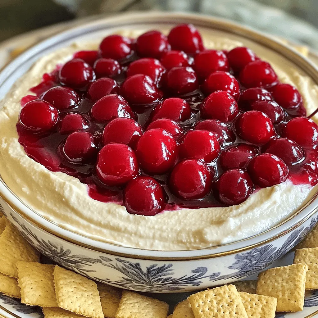 - 8 oz cream cheese, softened - 1/2 cup powdered sugar - 1 teaspoon pure vanilla extract - 1 cup heavy whipped cream - 1 cup cherry pie filling To make this dip, you start with cream cheese. It gives the dip a rich and creamy base. Next, you add powdered sugar for sweetness. Pure vanilla extract adds flavor and warmth. Heavy whipped cream makes it light and fluffy. Finally, cherry pie filling provides that sweet and tangy finish. - Fresh cherries for garnish - Graham crackers for serving - Variation ideas (different types of pie filling) You can garnish with fresh cherries for a nice touch. Graham crackers are perfect for dipping. If you want to get creative, try using other pie fillings like blueberry or strawberry. To start, gather all your ingredients. In a large bowl, add the softened cream cheese, powdered sugar, and pure vanilla extract. Beat them together using an electric mixer on medium speed. Keep mixing until it is smooth and creamy. Next, gently fold in the heavy whipped cream. Use a spatula or a large spoon for this. Make sure to mix carefully. You want the whipped cream mixed in without losing its fluffiness. Now it’s time to assemble the dip. Transfer the cheesecake mixture to a pretty serving dish. Use the back of a spoon to make a shallow well in the center of the dip. This well will hold the cherry topping. Spoon the cherry pie filling into the well you created. Allow the cherries to spill over the edges. This makes a lovely presentation that will catch everyone’s eye. You can serve the Cherry Cheesecake Dip right away or chill it. If you want it chilled, cover the dish and place it in the fridge for up to an hour. For dippers, fresh cherries and graham crackers are perfect. You can add other dippers too, like pretzels or apple slices. They all work well with the sweet dip. To make your Cherry Cheesecake Dip the best it can be, use room temperature ingredients. This step helps the cream cheese mix smoothly. It also makes the dip creamy and easy to spread. Take the cream cheese out of the fridge about 30 minutes before you start. Using homemade whipped cream is a great choice. Fresh whipped cream tastes better than store-bought. You can control the sweetness and texture. To make it, just whip heavy cream until soft peaks form. It adds a light and airy touch to your dip. For a stunning presentation, garnish your dip with whole cherries. Place them on top of the cherry pie filling. This adds a bright pop of color. You can also sprinkle crushed graham crackers on top for added texture. When serving, use a decorative bowl for the graham crackers. This makes your table look inviting. Arrange the crackers around the dip for easy access. It’s great for parties or gatherings, as guests will love the look and taste! {{image_4}} You can change the flavor of your Cherry Cheesecake Dip easily. Try using different pie fillings. Blueberry or strawberry can add a fun twist. You can also add chocolate chips for extra sweetness. Nuts provide a great crunch and rich flavor. Mix and match to find your favorite combo. If you need gluten-free options, choose gluten-free graham crackers. Many brands offer these tasty alternatives. For a vegan dip, use plant-based cream cheese. Coconut whipped cream can replace heavy cream. These swaps keep the flavor rich while fitting different diets. Enjoy the dip without worry! After making Cherry Cheesecake Dip, refrigerate it right away. Use a covered container to keep it fresh. The dip stays good for about 3 days. Enjoy the best taste within the first day or two. Yes, you can freeze Cherry Cheesecake Dip. It will keep for about a month in the freezer. First, place it in an airtight container. When you are ready to eat it, move the dip to the fridge overnight to thaw. After thawing, mix it gently before serving. This helps bring back its creamy texture. Can I use low-fat cream cheese? Yes, you can use low-fat cream cheese. It will change the texture a bit. The dip may be less creamy but still tasty. How long can Cherry Cheesecake Dip be left out? I recommend not leaving it out for more than two hours. After that, it should go back in the fridge. Can I make this dip ahead of time? Yes, you can make this dip ahead of time. Just store it in the fridge for up to a day. It will still taste great when served. What can I use instead of whipped cream? You can use store-bought whipped topping or whipped coconut cream. Both options work well in this dip. What else can I serve with Cherry Cheesecake Dip? You can serve fresh fruit like strawberries or apples. Graham crackers are great too. Consider using pretzels for a salty twist. Can I make individual servings of this dip? Absolutely! Use small cups or jars for individual servings. This makes it easy for guests to grab one. This blog post covered how to make a delicious Cherry Cheesecake Dip. You learned about the key ingredients and steps to prepare it. Our tips helped you perfect the dip and make it visually appealing for any occasion. We explored variations and storage options, answering common questions along the way. Now, you can enjoy this tasty treat and impress your friends. Don't hesitate to experiment with flavors and toppings. Enjoy every creamy bite!