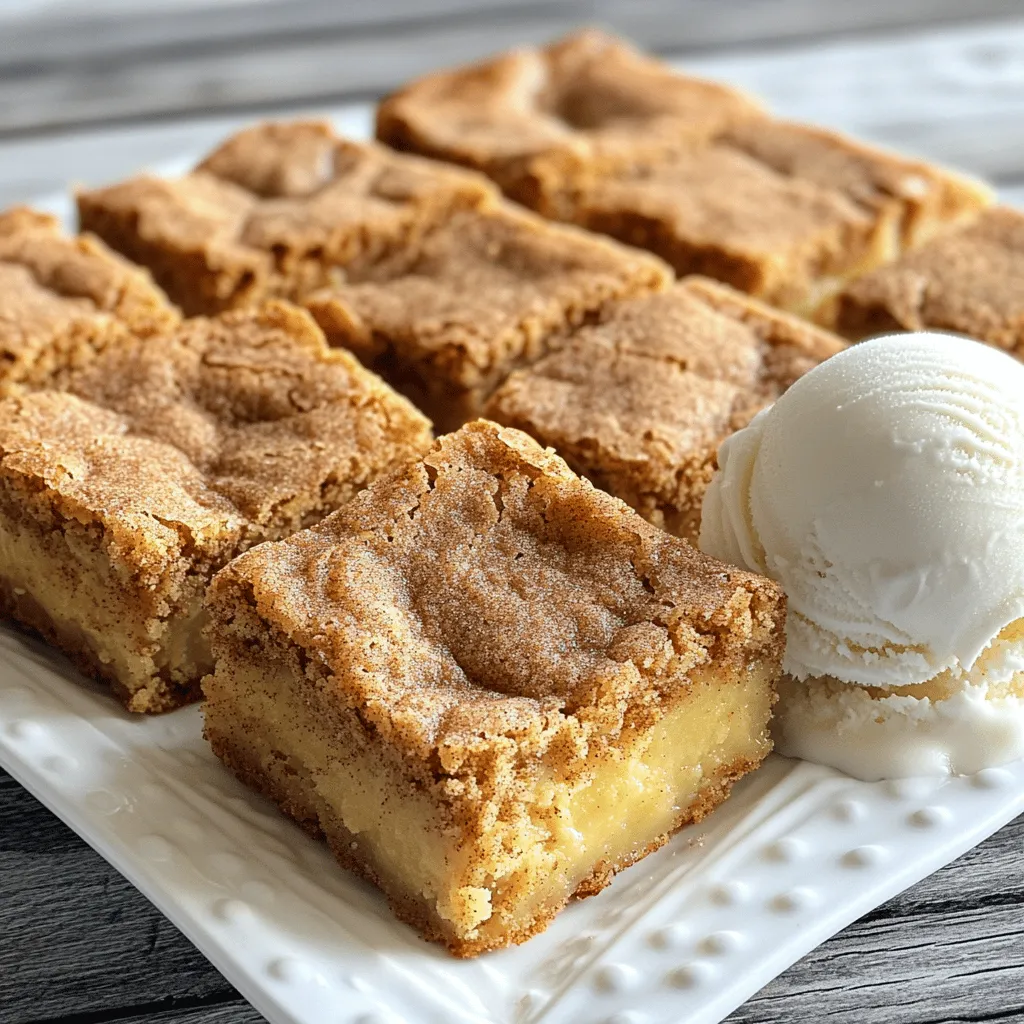 - 1 cup unsalted butter, melted - 1 ½ cups packed brown sugar - 2 large eggs - 1 teaspoon vanilla extract The main ingredients for Cinnamon Snickerdoodle Blondies create a rich and gooey base. Unsalted butter gives a creamy texture. Brown sugar makes the blondies sweet and chewy. Eggs bind the mixture, adding moisture. Vanilla extract adds a warm flavor that enhances every bite. - 2 cups all-purpose flour - 1 teaspoon baking powder - 1 teaspoon ground cinnamon - ½ teaspoon salt - ¼ teaspoon baking soda The dry ingredients are essential for structure. All-purpose flour forms the base of the blondies. Baking powder and baking soda help them rise. Ground cinnamon provides that signature snickerdoodle taste. Salt enhances the overall flavor, balancing the sweetness. - 2 tablespoons granulated sugar - 1 teaspoon ground cinnamon The topping ingredients add a sweet, spiced crunch. Granulated sugar creates a nice contrast to the soft blondies. Ground cinnamon ties in the warm, comforting flavor we love in snickerdoodles. This topping is a must for that perfect finish! - Preheat your oven to 350°F (175°C). - Get a 9x13 inch baking dish ready. You can grease it with butter or use parchment paper. This helps with easy removal after baking. - In a big bowl, whisk the melted butter and brown sugar together. Mix until it looks smooth and creamy. - Add the eggs, one at a time, whisking well after each. This helps blend everything nicely. Then, stir in the vanilla extract for extra flavor. - In a different bowl, whisk together the dry ingredients: flour, baking powder, ground cinnamon, salt, and baking soda. - Gradually add this dry mix into the wet ingredients. Stir gently until just combined. Don’t overmix it! This keeps the blondies soft and chewy. - Pour the batter into your baking dish. Spread it out evenly with a spatula or the back of a spoon. - In a small bowl, mix together the granulated sugar and ground cinnamon for the topping. Sprinkle this mixture over the batter. - Bake in the preheated oven for 20-25 minutes. Check for doneness by inserting a toothpick in the center. It should come out clean or with a few moist crumbs. This means they are ready! - Once baked, take the dish out and let the blondies cool in the pan for about 10 minutes. After that, move them to a wire rack to cool completely. This step keeps their texture just right. To make cinnamon snickerdoodle blondies, texture is key. Do not overmix your batter. Overmixing can make the blondies tough. Mix just until you see no dry flour. This keeps them soft and chewy. Pay close attention to your baking time. Bake for 20-25 minutes, but watch closely. The edges should turn golden brown. A toothpick should come out clean or with a few moist crumbs. This tells you they are done! For a great look, dust the blondies with cinnamon sugar. It adds color and a tasty touch. Serve them on a nice plate to impress your guests. Pair these blondies with a scoop of vanilla ice cream. The cold creaminess matches well with the warm, sweet blondies. You can also enjoy them with a cup of coffee. The flavors blend beautifully together. Use high-quality vanilla extract to boost flavor. It makes a big difference! You can also try different types of sugar in your recipe. Brown sugar adds depth, while granulated sugar gives sweetness. Mixing them can create a unique taste. Don't be afraid to experiment! These small changes can lead to delicious surprises. {{image_4}} You can make these blondies even more fun with add-ins. Here are some tasty ideas: - Nuts: Chopped walnuts or pecans add a nice crunch and flavor. - Chocolate Chips: Mix in semi-sweet chocolate chips or white chocolate for extra sweetness. Adding these ingredients can create a new twist on the classic blondie. You can mix and match based on what you like best! You can also change up the flavor of your blondies. Here are two ideas: - Pumpkin Spice Variation: Add pumpkin spice for a fall treat. Just swap some of the cinnamon for pumpkin spice. - Almond Extract: Add a splash of almond extract for a nutty flavor that goes well with cinnamon. These twists can make your blondies unique, perfect for any occasion. If you have dietary needs, there are easy swaps you can make: - Gluten-Free Flour: Use gluten-free flour instead of all-purpose flour. This way, everyone can enjoy them. - Vegan Options: For a vegan version, use flax eggs instead of regular eggs and coconut oil instead of butter. These adjustments can help everyone enjoy your cinnamon snickerdoodle blondies! To keep your cinnamon snickerdoodle blondies fresh, use an airtight container. This prevents them from drying out. Glass or plastic containers work well. Store them at room temperature for best taste. Cinnamon snickerdoodle blondies last about 3 to 5 days at room temperature. If you want to keep them longer, freeze them. Wrap each blondie in plastic wrap, then place them in a freezer bag. They will stay good for up to three months in the freezer. Reheat your blondies in the oven for the best results. Set the oven to 350°F (175°C) and warm them for about 10 minutes. If you use a microwave, warm them in short bursts of 10-15 seconds. This helps avoid texture changes. Enjoy them warm for a delicious treat! Yes, you can use salted butter if you don't have unsalted. It will add a bit of saltiness to the blondies. This change can enhance the flavor but may make your blondies taste different. If you choose salted butter, reduce the added salt in the recipe. This way, you keep a good balance of flavors in your sweet treat. To check for doneness, use a toothpick. Insert it into the center of the blondies. If it comes out clean or with a few moist crumbs, they are done. If the toothpick has wet batter, bake for a few more minutes. Remember, blondies can be a bit gooey, so don't worry if they are not completely dry inside. The edges should look golden brown when they are ready. Leftover blondies can be used in many fun ways. You can crumble them over ice cream for a tasty sundae. You can also make a trifle by layering them with whipped cream and fruit. Another idea is to turn them into blondie bites by cutting them into smaller squares and serving them at parties. They can also be stored in an airtight container for up to a week. In this post, we covered how to make delicious blondies. We discussed key ingredients like butter, sugars, and eggs. I provided step-by-step instructions for mixing and baking. Tips for texture and serving were shared, along with fun variations and storage advice. Now, you can make the best blondies for any occasion. Enjoy experimenting with flavors and sharing your treats! Happy baking!