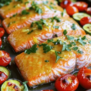 - 4 salmon fillets (6 oz each) - 2 tablespoons extra virgin olive oil - 4 garlic cloves, minced finely - Zest of 1 large lemon - Juice of 1 large lemon - 1 teaspoon natural honey - 1 teaspoon dried oregano - Salt and freshly cracked black pepper to taste The main ingredients make this dish shine. Salmon is the star. It’s rich, flaky, and packed with healthy fats. The olive oil adds a smooth texture and flavor. Garlic brings a punch of taste that pairs well with lemon. The honey balances the tartness. Oregano rounds out the flavors with its earthy touch. Salt and pepper enhance everything, making it pop. - 1 cup cherry tomatoes, halved - 1 medium zucchini, cut into half-moons - 1 red bell pepper, sliced into thin strips The veggies add color and nutrition. Cherry tomatoes burst with sweetness and juice. Zucchini offers a mild taste and a nice crunch. Red bell pepper adds a sweet crunch and bright color. Together, they soak up the marinade, making them delicious. You can mix and match veggies to your liking, too. - Fresh parsley leaves for garnish - Lemon wedge Garnishes bring the dish to life. Fresh parsley adds a pop of green and freshness. A lemon wedge on the side gives an extra zing. You can squeeze it over the salmon for more flavor. These simple touches enhance both the look and taste of your meal. - Preheat the oven: Start by preheating your oven to 400°F (200°C). This makes sure everything cooks evenly and quickly. - Prepare the marinade: In a small bowl, mix together 2 tablespoons of olive oil, 4 minced garlic cloves, the zest and juice of 1 lemon, 1 teaspoon of honey, 1 teaspoon of dried oregano, and a pinch of salt and pepper. This mix will bring a lot of flavor to your dish. - Coating the salmon fillets: Place 4 salmon fillets on a parchment-lined baking sheet. Drizzle half of the marinade over the fillets. Make sure each piece is well coated for the best taste. - Marinating time considerations: Let the salmon sit for about 10 minutes. This short wait allows the flavors to soak in nicely. - Adding vegetables around salmon: While the salmon marinates, cut 1 cup of cherry tomatoes in half, slice 1 medium zucchini into half-moons, and cut 1 red bell pepper into thin strips. Spread the veggies around the salmon on the sheet pan. - Drizzling remaining marinade: Pour the rest of the marinade over the veggies. This gives them a tasty boost, making every bite delicious. - Baking time and temperature: Put the sheet pan in your preheated oven. Bake for 15-20 minutes. This timing helps the salmon and veggies cook just right. - Checking for doneness: The salmon is ready when it flakes easily with a fork. The veggies should look tender and bright. Enjoy the aromas filling your kitchen! To cook salmon just right, timing is key. Salmon fillets need 15 to 20 minutes in the oven at 400°F (200°C). If your fillets are thicker, they may take a bit longer. To check if your salmon is done, gently poke it with a fork. It should flake easily. If it looks opaque and a light pink inside, it’s perfect. To boost flavor, add herbs like dill or basil. Fresh herbs add a nice touch and depth. You can also try spices like paprika or cumin for a twist. If you don’t have honey, maple syrup works well too. You can swap in different vegetables like asparagus or broccoli. Mix and match to suit your taste! For plating, use a large platter to display the salmon and veggies. Drizzle some marinade over everything for extra flavor. Add a lemon wedge on the side for color and a zesty kick. Fresh parsley sprinkled on top gives a nice pop of green. This makes your meal look festive and inviting! {{image_4}} You can switch fish types. Try trout or cod for a fun change. Each fish brings a unique flavor. You can also use shrimp for a seafood twist. Substituting vegetables is easy. If you prefer, replace zucchini with asparagus. Broccoli or green beans also work well. Use whatever you have on hand. This dish is all about flexibility! Want to add heat? Sprinkle red pepper flakes over the salmon. This gives a spicy kick without losing flavor. You can also try a dash of sriracha mixed into the marinade. Citrus variations can brighten up the dish. Use lime or orange juice instead of lemon. This small change makes a big difference. The bright flavors will surprise your taste buds! If you're gluten-free, this recipe fits perfectly. All the ingredients are naturally gluten-free. You can enjoy this meal without worry. For a low-carb option, skip the honey. You can use a sugar substitute if you like sweetness. Replace the cherry tomatoes with extra zucchini or bell peppers. This keeps it light and healthy! After enjoying your meal, let the salmon cool down. This helps keep it fresh. Use an airtight container to store leftovers. This keeps the flavors locked in and safe from air. To reheat salmon, use the oven or a skillet. This method keeps the salmon moist. Heat it at 300°F (150°C) for about 10 minutes. Check it often to avoid overcooking. You want it warm, not dry. If you have extra salmon, you can freeze it. Wrap the fillets tightly in plastic wrap. Then, place them in a freezer bag. This helps prevent freezer burn. When ready to cook, thaw in the fridge overnight. You can also cook directly from frozen, but it will take longer. Yes, you can use frozen salmon. Just make sure to thaw it first. Thawing can be done overnight in the fridge or in a sealed bag under cold water. Once thawed, pat the salmon dry before marinating. This helps the flavors stick better. You can serve this salmon with many sides. Consider these options: - Quinoa or rice for a hearty base. - A fresh green salad for crunch. - Roasted or steamed vegetables for more color. - Garlic bread to soak up the tasty juices. Marinating the salmon is not required but highly recommended. The marinade adds flavor and moisture. A quick 10-minute soak works well, but longer is fine too. This way, the salmon absorbs the zesty lemon and garlic taste, making every bite delicious. To check if salmon is done, look for a few key signs: - The salmon should flake easily with a fork. - The color should change from bright pink to a lighter shade. - An internal temperature of 145°F (63°C) means it is safe to eat. Absolutely! This recipe is great for meal prep. Cook the salmon and veggies, then let them cool. Store in airtight containers for up to four days. You can reheat it in the microwave or oven. The flavors stay vibrant, making it a tasty, quick meal. This blog post covered how to make a tasty sheet pan lemon garlic salmon. We looked at key ingredients like salmon, olive oil, and colorful veggies. You learned how to prepare, marinate, bake, and present your dish. Tips helped refine cooking and storage for leftovers. You can switch ingredients or adapt for diets too. Try this recipe for an easy, flavorful meal. With practice, you’ll impress your family and friends. Enjoy your cooking!