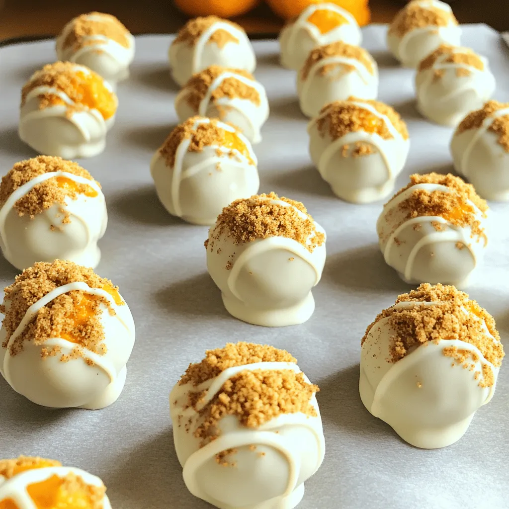 - 1 pack (14.3 oz) Pumpkin Spice Oreo cookies - 8 oz cream cheese, softened to room temperature - 1 cup white chocolate chips - 1 teaspoon vanilla extract - 1 tablespoon pumpkin puree - 1 teaspoon pumpkin pie spice - Pinch of sea salt - Optional: crushed graham crackers for rolling If you can't find Pumpkin Spice Oreo cookies, regular Oreos work well. You can add pumpkin spice to regular Oreos for extra flavor. For a dairy-free version, use vegan cream cheese. If you want to use dark chocolate, swap the white chocolate chips with dark ones. You can also skip the white chocolate coating and roll the truffles in cocoa powder or crushed nuts for a different taste. Each truffle contains about 90 calories. They have 5 grams of fat and 10 grams of carbs. Each truffle also has about 1 gram of protein. If you're counting sugar, each truffle has about 6 grams of sugar. Keep in mind, these values may change based on your ingredient choices. For a healthier treat, you might consider using less cream cheese or chocolate. Making No-Bake Pumpkin Spice Oreo Truffles is simple. You start by gathering your ingredients. This recipe needs Pumpkin Spice Oreo cookies, cream cheese, white chocolate chips, vanilla extract, pumpkin puree, pumpkin pie spice, and sea salt. Optional crushed graham crackers add a nice touch. 1. Crush the Cookies: Use a food processor to turn the Pumpkin Spice Oreos into fine crumbs. Transfer the crumbs to a large mixing bowl. 2. Mix Wet Ingredients: In another bowl, blend the softened cream cheese, pumpkin puree, vanilla extract, pumpkin pie spice, and a pinch of sea salt. Mix until smooth and creamy. 3. Combine Mixtures: Gradually add the cookie crumbs to the cream cheese mix. Stir well until you have a thick, moldable dough. 4. Shape the Truffles: Take about one tablespoon of the mixture and roll it into a ball with your hands. Place the balls on a baking sheet lined with parchment paper. 5. Chill the Truffles: Refrigerate the truffles for about 30 minutes. This step helps them firm up. 6. Melt the Chocolate: While the truffles chill, melt the white chocolate chips in a microwave-safe bowl. Heat in 30-second intervals, stirring in between, until smooth. 7. Coat the Truffles: Dip each chilled truffle into the melted white chocolate. Make sure they are fully covered. Lift them out with a fork and let the excess chocolate drip off. 8. Optional Coating: If you like, roll the coated truffles in crushed graham crackers while the chocolate is still wet. This adds a fun crunch. 9. Set and Serve: Place the chocolate-coated truffles back on the parchment paper. Let them sit at room temperature for about 15 minutes or until the chocolate hardens. - Make sure your cream cheese is softened for easy mixing. - Crush the Oreos finely for a better texture. - Keep the melted chocolate warm, but do not overheat it. - If the truffles are too soft, chill them longer before coating. - Display your truffles on a nice plate with a sprinkle of cinnamon or a small pumpkin for a festive touch. To get the perfect texture for your truffles, use room temperature cream cheese. This makes mixing easy and smooth. When you crush the Pumpkin Spice Oreo cookies, aim for fine crumbs. A food processor works great for this. Mix the cookie crumbs slowly into the cream cheese mixture. This helps create a thick and moldable dough. If you want a crunchier bite, roll the truffles in crushed graham crackers right after dipping in chocolate. One common mistake is not chilling the truffles long enough. If they are too warm, they won’t hold their shape. Make sure to let them chill for at least 30 minutes. Another mistake is melting the chocolate too quickly. Heat it in short bursts, stirring in between. This keeps the chocolate smooth and prevents burning. Lastly, avoid skipping the pinch of sea salt. It enhances the flavors and balances the sweetness. For a festive touch, serve your truffles on a decorative plate. Add a sprinkle of cinnamon on top for extra flavor. You can also display them next to small pumpkins or autumn leaves. This gives a cozy fall vibe. If you want to impress, make a truffle box as a gift. Everyone loves a tasty treat! {{image_4}} You can change the taste of your truffles easily. Try using regular Oreos instead of Pumpkin Spice Oreos. This gives a classic flavor twist. If you love chocolate, use chocolate chips in place of white chocolate. You can even mix in peanut butter for a rich and nutty taste. For a fun twist, add a bit of mint extract. Each option creates a unique treat. You can make these truffles fit different diets. To make them vegan, swap cream cheese for a plant-based cream cheese. Use dairy-free chocolate chips as well. Gluten-free eaters can use gluten-free Oreo cookies. These simple swaps keep the flavor and texture great while fitting dietary needs. Add seasonal touches for extra flair. Try mixing in chopped nuts like pecans or walnuts for crunch. You can also sprinkle in shredded coconut for a tropical twist. For a fall vibe, add dried cranberries or apple bits. These little changes can make your truffles more festive and fun. Store your No-Bake Pumpkin Spice Oreo Truffles in an airtight container. This keeps them fresh. Place parchment paper between layers if stacking. Keep them in the refrigerator for the best taste and texture. Avoid leaving them out at room temperature for too long. The cream cheese can spoil if it gets too warm. You can freeze these truffles for up to three months. First, place them on a baking sheet in one layer. Freeze them until solid, about an hour. After they freeze, transfer them to an airtight container. Label it with the date. When you want to eat them, thaw in the fridge overnight. This way, they taste fresh and yummy. These truffles last about one week in the fridge. That is if you store them properly. If kept in the freezer, they are good for three months. Always check for changes in smell or texture before eating. If anything seems off, it’s better to be safe and toss them out. Yes, you can use regular Oreos. The flavor will change, but they still taste great. The pumpkin spice flavor might lose some of its charm without the Pumpkin Spice Oreos. If you want that fall taste, use the pumpkin flavor for the best results. To make your truffles firmer, chill the mixture longer before rolling. You can also add more crushed Oreos to the mix. If you want even firmer truffles, keep them in the fridge after coating with chocolate. This helps maintain their shape. If you need a substitute for cream cheese, use mascarpone cheese or Greek yogurt. Both options work well and offer a creamy texture. If you want a dairy-free choice, try using vegan cream cheese. It provides a similar taste and texture for your truffles. This blog post covered key ingredients, step-by-step instructions, and helpful tips for making delicious truffles. We explored substitutions, nutrition, and serving options. I shared common mistakes to avoid and variations you can try, like chocolate or vegan options. Proper storage is also crucial for freshness. In the end, making truffles can be fun and easy. With these tips, you can create tasty treats tailored to your taste. Enjoy experimenting!