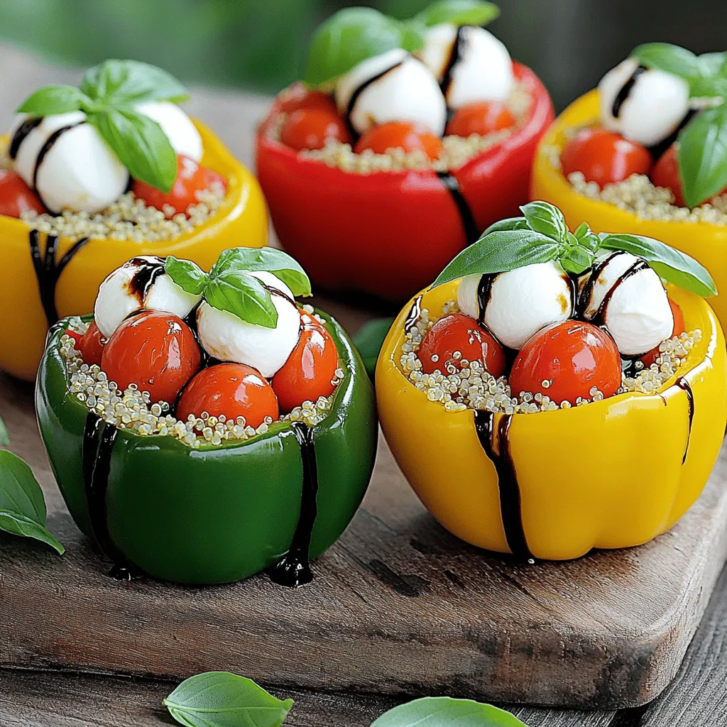 To make Caprese Quinoa Stuffed Peppers, gather these items: - 4 medium-sized bell peppers (any color you like) - 1 cup quinoa, thoroughly rinsed - 2 cups vegetable broth (or water) - 1 cup cherry tomatoes, halved - 1 cup fresh mozzarella balls, halved or diced - 1 cup fresh basil leaves, chopped (plus extra for garnish) - 2 tablespoons balsamic glaze (store-bought or homemade) - 2 tablespoons extra virgin olive oil - Salt and freshly cracked pepper to taste - Optional: 1 teaspoon dried oregano for added flavor When choosing bell peppers, look for ones that feel firm and heavy. Their skin should be smooth and shiny. Avoid any with bruises or soft spots. For cherry tomatoes, pick those that are bright and plump. They should smell sweet and fresh. Fresh basil should be vibrant green with no dark spots. You can switch up the peppers. Try using poblano or jalapeño for a spicy kick. For cheese, you can use feta or goat cheese instead of mozzarella. If you want a dairy-free option, you can skip the cheese or use a vegan alternative. You can also add other veggies like zucchini or spinach to the quinoa mix for extra nutrition. Start by getting your oven ready. Preheat it to 375°F (190°C). While that heats up, grab four medium bell peppers. You can use red, yellow, or green ones. Cut off the tops and take out the seeds and membranes. This makes room for the tasty filling. Place the peppers upright in a baking dish. Make sure they stand well so they won't tip over. Next, rinse one cup of quinoa under cold water. This helps remove any bitterness. In a medium pot, combine the rinsed quinoa with two cups of vegetable broth. Bring it to a boil, then turn the heat down low. Cover the pot and let it simmer for about 15 minutes. The quinoa should turn fluffy and absorb all the liquid. In a large bowl, mix the cooked quinoa with the fun stuff. Add one cup of halved cherry tomatoes, one cup of fresh mozzarella balls, and one cup of chopped basil leaves. Drizzle in two tablespoons of balsamic glaze and two tablespoons of extra virgin olive oil. Sprinkle in salt and freshly cracked pepper to taste. If you want, add one teaspoon of dried oregano for more flavor. Gently stir everything together until mixed well. Now it's time to fill the peppers. Carefully spoon the quinoa mixture into each pepper. Pack it tightly to fill them up. Cover the baking dish with aluminum foil to keep the moisture in. Bake in your preheated oven for 25 minutes. After that, take off the foil and bake for another 10 to 15 minutes. The peppers should be tender and slightly caramelized on top. When they are done, take the baking dish out of the oven. Let the stuffed peppers cool for about 5 minutes. Before serving, add some extra fresh basil as a garnish. Enjoy your colorful and healthy meal! To cook quinoa perfectly, start by rinsing it well. This removes the bitter coating called saponin. Use a ratio of 1 cup quinoa to 2 cups vegetable broth or water. Bring it to a boil, then lower the heat. Cover the pot and let it simmer for 15 minutes. When done, fluff it with a fork. This gives it a nice texture. Add flavor to your quinoa by using vegetable broth instead of water. You can also mix in herbs like oregano or thyme. Balsamic glaze adds a sweet touch and pairs well with the tomatoes and mozzarella. Don't forget to season with salt and fresh pepper. These small tweaks make a big difference. For this recipe, use a medium saucepan for cooking quinoa. A baking dish should hold the peppers upright. Choose one that is deep enough for even cooking. A mixing bowl helps you combine the stuffing ingredients easily. A fork is perfect for fluffing the quinoa and a spoon for filling the peppers. {{image_4}} You can easily make this dish vegetarian or vegan. For a vegetarian option, use mozzarella made from cow's milk. If you want a vegan dish, swap the mozzarella for vegan cheese or omit it entirely. You can also substitute the balsamic glaze with a homemade mix of balsamic vinegar and a bit of maple syrup. This keeps the sweet and tangy flavor. If you want to add protein, consider using ground turkey or chicken. Cook the meat in a pan before mixing it into the quinoa. For a plant-based protein, add black beans or chickpeas. Rinse and drain the beans, then mix them with your quinoa stuffing. This adds texture and makes the meal more filling. You can play with different seasonings to enhance the flavors. Try adding garlic powder or crushed red pepper for heat. Fresh herbs like parsley or oregano can also brighten the dish. For toppings, sprinkle some grated parmesan cheese on top before baking. You can also add a drizzle of olive oil or a sprinkle of nuts for a crunchy finish. After enjoying your Caprese quinoa stuffed peppers, let them cool down. Place any leftovers in an airtight container. Store them in the fridge for up to four days. This keeps them fresh and tasty. I recommend labeling the container with the date to remember when you made them. To reheat your stuffed peppers, preheat the oven to 350°F (175°C). Place the peppers in a baking dish. Cover them with foil to hold in moisture. Bake for about 15-20 minutes. If you prefer, you can also microwave them. Just put the peppers on a microwave-safe plate and heat them for 2-3 minutes. You can freeze these stuffed peppers for later! First, let them cool completely. Wrap each pepper in plastic wrap or aluminum foil. Put them in a freezer-safe bag or container. They can last for up to three months in the freezer. To thaw, move the peppers to the fridge overnight. Once thawed, reheat them as mentioned above. Enjoy your delicious meal even after some time! Caprese Quinoa Stuffed Peppers can last in the fridge for about 3 to 5 days. Make sure to store them in an airtight container. This helps keep them fresh. When you are ready to eat, just reheat them in the oven or microwave. Yes, you can make this dish ahead of time. You can prepare the stuffed peppers and keep them in the fridge before baking. Just cover them tightly with plastic wrap or foil. Bake them when you're ready to enjoy! This makes meal prep easy and fun. Stuffed peppers pair well with many sides. Here are some great options: - A fresh garden salad - Garlic bread for a crunchy texture - Steamed veggies for extra nutrition - Quinoa or rice for a filling meal - A light soup to start your meal These sides complement the flavors of the stuffed peppers well. Enjoy your meal! This article covered the key steps to make delicious Caprese Quinoa Stuffed Peppers. We explored the best ingredients, preparation tips, and cooking tricks. You learned how to customize your dish with different flavors and dietary needs. Remember to store leftovers properly and know the best ways to reheat them. I hope you try this dish and create your own tasty variations. Enjoy cooking and sharing these stuffed peppers with others!
