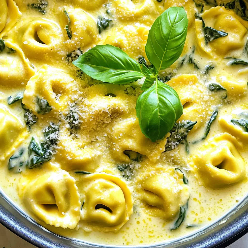 To create a delicious One-Pot Alfredo Spinach Tortellini, gather the following ingredients: - 10 oz refrigerated cheese tortellini - 2 cups fresh spinach, roughly chopped - 1 cup heavy cream (preferably at room temperature) - 1 cup vegetable broth (low-sodium recommended) - 1 cup grated Parmesan cheese (freshly grated for best flavor) - 2 cloves garlic, minced - 1 tablespoon extra virgin olive oil - 1 teaspoon Italian seasoning (dried) - Salt and freshly ground black pepper to taste - Fresh basil leaves for garnish Each ingredient plays a key role in crafting this creamy dish. The cheese tortellini serves as the main star, bringing a delightful texture. Fresh spinach adds a pop of color and nutrients. Heavy cream gives the dish its rich, velvety sauce, while vegetable broth enhances the overall flavor. Using freshly grated Parmesan cheese ensures the best taste. Garlic brings a warm aroma and depth. Olive oil is essential for sautéing the garlic. Italian seasoning adds a hint of herbaceous flavor, and salt and pepper allow you to adjust the seasoning to your liking. Finally, fresh basil elevates the presentation and taste. With these key ingredients, you are ready to create a meal that is both simple and satisfying. Enjoy the process! - Sautéing garlic First, heat a large pot over medium heat. Add one tablespoon of olive oil. Once the oil shimmers, add two minced garlic cloves. Sauté for about one minute. The garlic should smell good and turn golden. Be careful not to burn it. - Combining liquids Next, slowly pour in one cup of vegetable broth and one cup of heavy cream. Stir gently to mix the liquids well. This step creates a smooth base for your sauce. - Cooking tortellini Carefully add ten ounces of refrigerated cheese tortellini to the pot. Ensure they are fully submerged in the liquid. Turn the heat up slightly to bring the mixture to a gentle simmer. Cook for five to seven minutes. Stir occasionally until the tortellini are tender. - Adding cheese and seasoning Once the tortellini are cooked, reduce the heat to low. Stir in one cup of grated Parmesan cheese and one teaspoon of Italian seasoning. Mix continuously until the cheese melts. This creates a rich, creamy sauce that coats the tortellini. - Incorporating spinach Add two cups of roughly chopped fresh spinach to the pot. Stir and cook for two to three minutes. The spinach will wilt and blend into the dish, adding color and nutrition. - Adjusting seasoning Finally, taste the dish. Add salt and freshly ground black pepper to suit your taste. If needed, adjust the seasoning for the perfect flavor. Serve hot, garnished with fresh basil leaves for a lovely touch. Choosing the right tortellini I prefer using refrigerated cheese tortellini. It cooks quickly and tastes fresh. Look for good quality brands that use real cheese. Fresh tortellini makes a big difference in flavor. Best practices for sautéing garlic When sautéing garlic, heat the olive oil until it shimmers. Add the minced garlic and stir it for about one minute. This way, it gets fragrant and golden without burning. Keep an eye on it! Burnt garlic can ruin your dish. Cooking times for tortellini Cook the tortellini in the broth and cream for about 5-7 minutes. Stir occasionally to make sure they cook evenly. You want them tender but still al dente for the best texture. How to enhance flavors To boost flavors, add freshly grated Parmesan cheese slowly. This helps it melt well and coat the tortellini. Season with salt and black pepper to taste. Fresh spinach adds a nice touch, too. If you want more flavor, try adding red pepper flakes or fresh herbs. {{image_4}} You can change things up with different greens. Instead of spinach, try kale or arugula. Both add great flavor and a nice crunch. You can also use Swiss chard for a slightly sweeter taste. Cheese is key in this dish. If you want a twist, use mozzarella or fontina. They melt well and offer a creamy texture. For a sharper flavor, try using aged cheddar. Want to add protein? Chicken or shrimp works great here. Cook the protein first, then add it back to the pot with the tortellini. You can even use cooked sausage for a hearty option. If you love heat, add red pepper flakes. Just a pinch can make your dish pop. Start small, then taste as you go. Sautéed mushrooms are another fun addition. They add an earthy flavor and a nice texture. Cook them with the garlic for extra depth. You can also add a splash of white wine for a more complex taste. To keep your One-Pot Alfredo Spinach Tortellini fresh, store leftovers right. Place them in an airtight container. Make sure the dish cools down to room temperature before sealing. This helps prevent moisture buildup. You can store it in the fridge for up to three days. I recommend using glass containers for storage. They are durable and do not stain. If you prefer plastic, choose BPA-free ones. Make sure the containers are well-sealed to keep your tortellini fresh. When it’s time to enjoy your leftovers, reheat gently. Place the tortellini in a pot over low heat. Add a splash of vegetable broth or cream to keep it creamy. Stir often to avoid sticking. To keep the sauce rich, avoid high heat. Rapid boiling can cause the cream to separate. Make sure to stir in liquid slowly. This will help maintain that delicious creamy texture you love. Can I use frozen tortellini? Yes, you can use frozen tortellini. Just add a few extra minutes to the cooking time. Frozen tortellini cooks well in the creamy sauce. Is there a dairy-free option? Yes! You can use a dairy-free cream and nutritional yeast for cheese flavor. Try coconut cream for a rich taste. How long does it take to cook tortellini from frozen? It takes about 7-10 minutes to cook frozen tortellini in the sauce. Stir gently to prevent sticking. Can I prep this dish in advance? You can prep some ingredients ahead. Chop spinach and mince garlic. Cook it fresh for the best taste and texture. What can I serve with One-Pot Alfredo Spinach Tortellini? Serve this dish with a fresh salad or garlic bread. A light wine, like Pinot Grigio, pairs nicely too. In this blog post, we covered the essential ingredients for One-Pot Alfredo Spinach Tortellini. You learned the step-by-step instructions to make this dish easy and quick. We also shared tips to perfect your cooking and variations to try. This meal not only tastes great but also offers many ways to make it your own. Enjoy creating your own version and savoring every bite. Cooking can be fun and rewarding when you experiment with flavors!