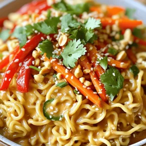 - 200g ramen noodles - 1 cup vegetable broth - 1/2 cup coconut milk - 2 tablespoons peanut butter (preferably creamy) - 1 tablespoon soy sauce - 1 tablespoon freshly squeezed lime juice - 1 tablespoon sriracha sauce (adjust to taste for spice level) - 1 teaspoon brown sugar - 1 red bell pepper, thinly sliced - 1 carrot, julienned - 2 green onions, chopped - 1/4 cup fresh cilantro, chopped (for garnish) - Crushed peanuts (for garnish) - Sesame oil (for drizzling) You can add various garnishes for extra flavor and crunch. Here are some ideas: - Chopped peanuts add texture. - Fresh cilantro brightens the dish. - Green onions give a fresh taste. - A squeeze of lime adds zing. If you have dietary needs, here are some swaps you can make: - Use gluten-free noodles for a gluten-free meal. - Swap peanut butter with almond butter for nut allergies. - Coconut milk can be replaced with almond or soy milk. - For a low-sodium option, use low-sodium soy sauce. These ingredients and substitutes will help you create a tasty bowl of Spicy Thai Peanut Ramen that fits your needs! To start, bring a large pot of water to a boil. Once boiling, add 200 grams of ramen noodles. Cook them for about 3 to 4 minutes. You want them al dente, not mushy. After cooking, drain the noodles and set them aside in a big mixing bowl. Next, grab a medium saucepan. Pour in 1 cup of vegetable broth and 1/2 cup of coconut milk. Add 2 tablespoons of creamy peanut butter, 1 tablespoon of soy sauce, and 1 tablespoon of fresh lime juice. For a kick, mix in 1 tablespoon of sriracha sauce and 1 teaspoon of brown sugar. Whisk everything together over medium heat. Let it simmer for 3 to 5 minutes to blend the flavors. Now, take a separate skillet. Heat a drizzle of sesame oil over medium heat. Add 1 thinly sliced red bell pepper and 1 julienned carrot. Sauté these veggies for about 2 to 3 minutes. They should be slightly soft but still crunchy. Remove them from heat. In the mixing bowl with the noodles, pour the spicy peanut sauce over them. Toss everything well to coat the noodles evenly. Then, gently fold in the sautéed vegetables. Make sure everything is mixed together nicely. Divide the ramen into serving bowls. Top each bowl with chopped green onions, fresh cilantro, and a sprinkle of crushed peanuts. For extra flavor, drizzle a bit of sesame oil on top. Enjoy your meal! To make perfect ramen noodles, start with boiling water. Use a large pot so noodles have space. Cook the noodles for 3-4 minutes as per package directions. They should be al dente, meaning firm but not hard. Drain the noodles and toss them with a bit of sesame oil. This stops them from sticking together. To adjust the spice levels, use the sriracha sauce wisely. If you want a mild dish, start with half the suggested amount. Taste the sauce and add more sriracha if you like it hotter. You can also use chili flakes for added heat without changing the sauce's texture. For easy weeknight dinners, cook extra noodles in advance. Store them in an airtight container in the fridge. You can also prepare the sauce ahead of time and keep it in the fridge for a few days. Just reheat the sauce and toss with fresh noodles and veggies right before serving. Fresh herbs can elevate your ramen. Add cilantro for brightness and green onions for crunch. You can also sprinkle in some crushed peanuts for texture. For an extra kick, try adding a dash of lime zest. It brightens the dish and adds a refreshing note. {{image_4}} To make a vegan version, simply swap out the broth. Use vegetable broth instead of chicken broth. This keeps the dish plant-based and tasty. You can also check that your peanut butter is vegan. Many brands are, but it’s always good to look. If you want to add protein, there are great choices. Chicken is a classic option. Cook it in the skillet before adding veggies. Tofu is another great choice for a plant-based protein. Firm tofu works best. Shrimp adds a nice seafood flavor. Cook shrimp until they turn pink, then mix them in with the noodles. Adding veggies boosts flavor and nutrition. You can use broccoli, snap peas, or spinach. These vegetables add color and crunch. Try mushrooms for a meaty texture. You can also mix in bok choy or zucchini for extra fun. The more you add, the more fun your ramen becomes! To store your Spicy Thai Peanut Ramen, let it cool down first. Once cooled, place it in an airtight container. Make sure to separate the noodles from the sauce if possible. This keeps the noodles from getting soggy. Store the container in the fridge for up to three days. Label the container with the date for easy tracking. When you are ready to enjoy your leftovers, heat them gently. You can use a microwave or a stovetop. If using a microwave, add a little water to maintain moisture. Heat in short bursts, stirring in between. On the stovetop, warm over low heat and stir often. This helps keep the noodles from sticking together. Add fresh herbs or extra sriracha for a flavor boost. If you want to freeze your ramen, separate the noodles and sauce. Place each in separate freezer-safe bags or containers. This way, they stay fresh longer. You can freeze for up to one month. When ready to eat, thaw in the fridge overnight. Reheat as described above for the best taste and texture. You can serve Spicy Thai Peanut Ramen with a side salad or spring rolls. A simple cucumber salad adds a nice crunch. Another option is crispy tofu for extra protein. Fresh lime wedges brighten the dish. If you like spice, serve sriracha on the side. Yes, you can make this recipe gluten-free. Use gluten-free ramen noodles instead of regular ones. Check the soy sauce label for gluten-free options. Tamari is a good substitute for soy sauce. This way, you keep the flavor and stay gluten-free. To make the flavor less intense, reduce the sriracha sauce. Start with half a tablespoon and taste. You can also add more coconut milk to mellow the heat. Adding extra veggies like carrots or bell peppers can balance the flavors. Yes, you can use instant ramen noodles for this recipe. Just cook them according to the package instructions. Instant noodles work well with the spicy peanut sauce. They save time and still taste great in this dish. In this blog post, we explored how to make Spicy Thai Peanut Ramen. We covered the key ingredients, from spicy peanut sauce to tasty garnishes. I shared step-by-step cooking tips, so you can get it just right. We discussed meal prep ideas and delicious variations to suit everyone’s taste. Proper storage keeps leftovers fresh, and I answered common questions to help you. Enjoy experimenting with this recipe and make it your own! Your next favorite dish is just waiting for you to try it.