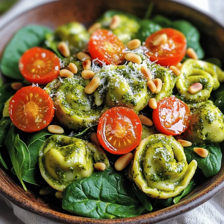 - 12 ounces cheese tortellini - 1 cup cherry tomatoes, halved - 1 cup baby spinach, roughly chopped - ½ cup creamy pesto (store-bought or homemade) - ¼ cup cream cheese, softened - 3 tablespoons extra virgin olive oil - 1 tablespoon fresh lemon juice - Salt and freshly cracked black pepper, to taste - ¼ cup pine nuts, toasted until golden - Grated Parmesan cheese, for garnish In this salad, the cheese tortellini is the star. It gives a nice bite and cheesy flavor. Cherry tomatoes add sweetness and color. Baby spinach brings a fresh, green crunch. Creamy pesto makes everything rich and flavorful. Cream cheese helps bind it all together. Olive oil and lemon juice add a bright finish. Toasted pine nuts give a delightful crunch. Lastly, a sprinkle of Parmesan cheese enhances the flavor. - Extra cherry tomato halves - A drizzle of olive oil - Fresh basil leaves These optional toppings can make your salad look even better. They add more color and flavor. Fresh basil gives a nice herb taste. You can also use more Parmesan if you love cheese. - Large pot for cooking tortellini - Mixing bowl - Whisk - Spatula or wooden spoon - Colander for draining tortellini - Serving dish These tools help you make the salad easily. A large pot lets you cook the tortellini right. A mixing bowl is perfect for combining the creamy pesto and cream cheese. A whisk helps mix everything smoothly. Use a spatula or wooden spoon to gently toss the salad. Finally, a colander drains the tortellini well, and a nice serving dish makes it look great. Start by boiling water in a large pot. Once it reaches a rolling boil, add 12 ounces of cheese tortellini. Cook them for 3-5 minutes until they are al dente. Once done, drain the tortellini in a colander. Rinse them under cold water to stop the cooking. Let them cool for a few minutes while you prepare the rest. In a large mixing bowl, take ½ cup of creamy pesto and ¼ cup of softened cream cheese. Use a whisk to mix them until smooth and creamy. This will be the base of your salad. Make sure there are no lumps. The creamy pesto will add great flavor to the dish. Now, it’s time to bring everything together. Add the cooled tortellini to the bowl with the creamy pesto. Then, toss in 1 cup of halved cherry tomatoes and 1 cup of roughly chopped baby spinach. Drizzle in 3 tablespoons of extra virgin olive oil and 1 tablespoon of fresh lemon juice. Use a spatula to mix gently. Make sure every piece is coated well. Taste your salad and add salt and freshly cracked black pepper to your liking. Finally, fold in ¼ cup of toasted pine nuts for a nice crunch. Transfer your salad to a serving dish and top it with grated Parmesan cheese. For the best taste, let it chill in the fridge for 30 minutes. Enjoy your creamy pesto tortellini salad! To cook tortellini just right, follow these steps: - Bring a large pot of salted water to a boil. - Add the tortellini and stir gently. - Cook for 3-5 minutes until al dente. - Drain the tortellini in a colander. - Rinse under cold water to stop cooking. This keeps the tortellini firm and tasty. To make this dish pop, try these tips: - Use fresh lemon juice for a bright taste. - Add a pinch of salt and cracked black pepper. - Toast the pine nuts for a richer flavor. - Let the salad rest in the fridge for 30 minutes. This helps all the flavors mix well together. Here are some great ways to serve your salad: - Use a clear bowl to show off the colors. - Top with extra cherry tomato halves for style. - Drizzle olive oil on top right before serving. - Pair with grilled chicken or crusty bread for a meal. These ideas will make your salad even more appealing. {{image_4}} You can use many types of pesto in this dish. Traditional basil pesto works well. You might also try sun-dried tomato pesto for a richer taste. Spinach pesto adds a fresh twist. For a nut-free option, use pumpkin seeds instead of pine nuts. Boost the salad's nutrition easily. You can add cooked chicken or turkey for extra protein. Chickpeas are great for a plant-based boost. Bell peppers add crunch and color. Avocado gives a creamy texture and healthy fats. Try adding some chopped nuts for extra crunch and flavor. For a gluten-free version, use gluten-free tortellini. They are widely available now. For a vegan salad, skip the cheese and use a vegan cream cheese. You can also use nutritional yeast for a cheesy flavor. Make sure your pesto is vegan, using ingredients like cashews and spinach. To keep your creamy pesto tortellini salad fresh, store it in an airtight container. Make sure it is sealed tightly. This helps to prevent the salad from drying out or absorbing other odors from the fridge. If you have extra cherry tomatoes or pine nuts, store those in separate containers. This keeps them fresh and prevents sogginess. When stored properly, creamy pesto tortellini salad can last in the fridge for about 3 to 5 days. Always check for any changes in smell or appearance before eating. If you notice anything off, it’s best to throw it out. The flavors may intensify over time, but the salad should still taste good within that timeframe. I do not recommend freezing creamy pesto tortellini salad. The texture of the tortellini and greens can change when thawed. However, if you want to freeze it, do so without the fresh ingredients like spinach and tomatoes. The creamy pesto sauce can freeze well. When you’re ready to use it, thaw it in the fridge overnight and mix it with fresh ingredients before serving. Yes, you can use store-bought pesto. It saves time and effort. Look for a high-quality brand. A good pesto should taste fresh and vibrant. Always check the ingredients for the best flavor. Making homemade pesto is easy. You need fresh basil, garlic, pine nuts, olive oil, and Parmesan cheese. 1. Blend 2 cups of fresh basil leaves with 2 cloves of garlic. 2. Add ¼ cup of pine nuts and ½ cup of grated Parmesan. 3. Slowly drizzle in ½ cup of olive oil while blending. 4. Season with salt and pepper to taste. This will give you a fresh and flavorful pesto. Creamy Pesto Tortellini Salad pairs well with many dishes. Try serving it with grilled chicken or shrimp for protein. A side of garlic bread or a fresh green salad complements it nicely too. You can also enjoy it as a light meal on its own. Yes, this salad is great for meal prep. It keeps well in the fridge for a few days. Just store it in an airtight container. To keep it fresh, add the pine nuts just before serving. This way, they stay crunchy and tasty. This blog post covered how to make a tasty creamy pesto tortellini salad. We explored the key ingredients and optional toppings, along with helpful kitchen tools. I provided step-by-step instructions for cooking the tortellini and mixing the creamy pesto. You learned tips for perfect texture and flavor, plus variations to fit your needs. Finally, we discussed storage and answered common questions. Now, you have everything you need to create this delightful dish at home! Enjoy your cooking adventure and savor every bite of your salad!
