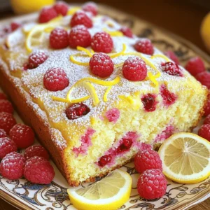 - 1 cup plain yogurt (Greek or regular) - 1/2 cup vegetable oil - 1 cup granulated sugar - 3 large eggs - Zest of 2 lemons (about 2 tablespoons) - 1/4 cup fresh lemon juice - 1 1/2 cups all-purpose flour - 2 teaspoons baking powder - 1/2 teaspoon baking soda - 1/4 teaspoon salt - 1 cup fresh raspberries (or frozen, thawed and drained) - 1 teaspoon vanilla extract - Powdered sugar for dusting (optional) In this lemon raspberry yogurt cake, each ingredient plays a vital role. The yogurt keeps the cake moist and adds a tangy flavor. The vegetable oil helps create a soft texture. The sugar balances the tartness of the raspberries and lemons. - Additional fresh raspberries - Thin slices of lemon - Mint leaves Garnishing can make your cake look more inviting. Adding fresh raspberries or lemon slices gives a burst of color. Mint leaves add a nice touch and a hint of freshness. - Substitute Greek yogurt with regular yogurt for a lighter cake. - Use coconut oil instead of vegetable oil for a hint of coconut flavor. - Swap in whole wheat flour for a healthier option. - Try using honey or maple syrup instead of granulated sugar for a natural sweetener. These alternatives can cater to your taste and dietary needs. Experimenting with different ingredients can lead to exciting new flavors while keeping the essence of the cake intact. Start by preheating your oven to 350°F (175°C). Grab a 9x5-inch loaf pan. You can grease and flour it or line it with parchment paper. This helps with easy removal after baking. In a large bowl, whisk together 1 cup of plain yogurt, 1/2 cup of vegetable oil, and 1 cup of granulated sugar. Mix until everything is smooth and blended well. Now, add in 3 large eggs, one at a time. Make sure to mix well after each egg. Next, stir in the zest of 2 lemons, 1/4 cup of fresh lemon juice, and 1 teaspoon of vanilla extract. Keep mixing until the mixture is completely smooth. In a separate bowl, sift together 1 1/2 cups of all-purpose flour, 2 teaspoons of baking powder, 1/2 teaspoon of baking soda, and 1/4 teaspoon of salt. This helps remove lumps and makes the cake lighter. Gradually add the dry mixture to the wet ingredients. Stir gently with a spatula or wooden spoon. Be careful not to overmix, as this can make the cake dense. You want it just combined. Gently fold in 1 cup of fresh raspberries. Keep them intact for bursts of flavor in each slice. This adds a sweet and tart touch to your cake. Pour the batter into the prepared loaf pan. Smooth the top with a spatula. Bake in the oven for 50-60 minutes. The cake is done when a toothpick comes out clean or with a few moist crumbs. Let it cool in the pan for about 10 minutes. Then, transfer it to a wire rack to cool completely. If you like, dust the top with powdered sugar for a sweet finish. To make your lemon raspberry yogurt cake light, use room-temperature ingredients. Cold ingredients can make the batter dense. Mix the wet ingredients well before adding the dry ones. Avoid overmixing. Stir just until you see no dry flour. This helps keep the cake airy. To stop the raspberries from sinking, coat them in a bit of flour before adding. Toss them in a small bowl with a tablespoon of flour. This slight coating helps them stay suspended in the batter. Fold them in carefully. This keeps the raspberries whole and juicy. Serve the cake on a pretty plate. Add fresh raspberries around the slices. Thin lemon slices can add color. For a sweet touch, dust the top with powdered sugar. It gives a nice finish. You can also serve with a dollop of whipped cream. This adds richness to each bite. {{image_4}} You can switch out the raspberries for other fruits. Blueberries, strawberries, or blackberries all work well. If you choose strawberries, cut them into small pieces. This will help them mix well into the batter. Each fruit adds its unique taste. For a tropical twist, try diced pineapple or mango. Just remember, adjust the sugar slightly if the fruit is sweeter. If you need gluten-free, use almond flour or a gluten-free blend. It works great with the yogurt too. For a dairy-free version, swap yogurt for coconut yogurt. Use a neutral oil like coconut or avocado oil instead of vegetable oil. These changes keep the cake moist and tasty. You won’t miss the dairy or gluten at all! You can boost flavor in fun ways. Try adding a pinch of cardamom or cinnamon for warmth. For a zingy touch, add a bit of orange zest along with the lemon. If you love nuts, fold in chopped walnuts or almonds. They add a nice crunch and flavor. You can also drizzle a simple glaze on top for extra sweetness. Mix powdered sugar with lemon juice for a bright finish. To keep your lemon raspberry yogurt cake fresh, store it in an airtight container. This will help retain its moisture and flavor. If you don't have a container, wrap the cake tightly in plastic wrap. Place it in a cool, dry area away from direct sunlight. This method keeps it tasty for several days. You can freeze this cake for later enjoyment. First, let the cake cool completely. Then, wrap it tightly in plastic wrap, followed by aluminum foil. This double wrapping prevents freezer burn. Label the package with the date and type of cake. You can freeze it for up to three months. When you are ready to eat it, thaw it in the fridge overnight. When stored properly, the lemon raspberry yogurt cake lasts about 5 to 7 days at room temperature. If you keep it in the fridge, it can last up to 10 days. Just remember to check for any signs of spoilage, like mold or an off smell. Enjoy your cake at its best! Yes, you can use frozen raspberries. Just make sure to thaw and drain them first. This helps keep your cake from getting too wet. Also, they can add a nice burst of flavor. You can tell the cake is done when a toothpick comes out clean. Insert it into the center of the cake. If it has a few moist crumbs, it’s still good. Just don’t let it bake too long or it may dry out. You can substitute yogurt with sour cream or buttermilk. Both will keep the cake moist. However, the flavor will change a bit. If you want a tangy note, stick with yogurt. Serve the cake on a nice plate. You can add fresh raspberries on the side. A light dusting of powdered sugar on top adds a sweet touch. For a colorful finish, place lemon slices around the cake. Yes, you can make this cake a day ahead. Store it in an airtight container to keep it fresh. It actually tastes better after resting, as the flavors meld together nicely. Just dust with powdered sugar right before serving. In this blog post, we covered key ingredients for your cake, from must-haves to garnishes. You saw step-by-step instructions to ensure a perfect bake, with tips for a light texture and beautiful presentation. We explored variations and storage methods, so you can enjoy your cake longer. Remember, experimenting with flavors keeps things fresh. I hope you feel ready to bake a delicious cake that impresses everyone. Enjoy the process and the tasty results!