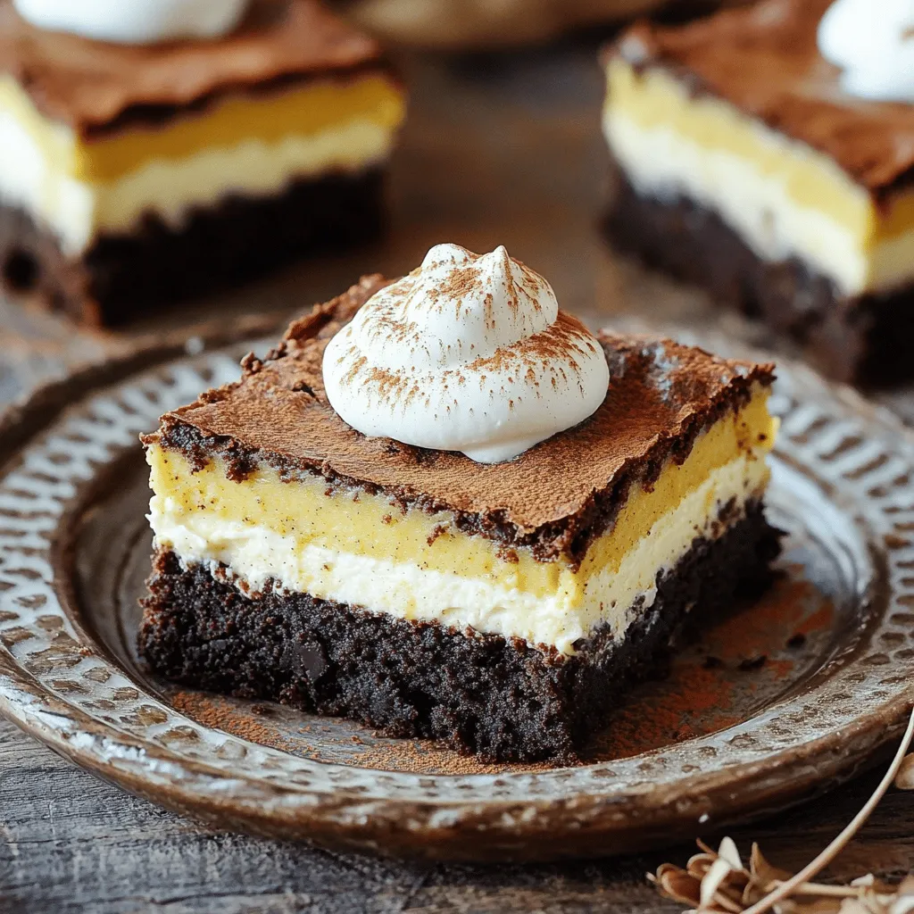- 1 cup unsalted butter, melted - 2 cups granulated sugar - 1 cup packed brown sugar - 4 large eggs, at room temperature - 1 teaspoon pure vanilla extract - 1 cup all-purpose flour - 1 cup unsweetened cocoa powder - 1 teaspoon baking powder - 1/2 teaspoon salt - 16 oz cream cheese, softened to room temperature - 1 cup pumpkin puree - 3/4 cup granulated sugar - 2 large eggs, at room temperature - 1 teaspoon pure vanilla extract - 1 teaspoon pumpkin pie spice - 1/2 teaspoon ground cinnamon When making these bars, fresh ingredients are key. I suggest using unsalted butter for the brownie layer. This lets you control the saltiness in your dessert. The sugars add sweetness and moisture. The eggs help bind everything together. For the pumpkin cheesecake layer, it’s best to use cream cheese at room temperature. This makes it easier to mix smoothly. Pumpkin puree gives a rich flavor and a lovely color. The spices add warmth and that cozy fall taste we all love. Mixing them well is vital for a creamy texture. You can find most of these ingredients at any grocery store. If you want to improve flavor, choose high-quality vanilla extract and pumpkin puree. These small changes can make a big difference in your final dish. Enjoy the process of gathering these ingredients. It's the first step to baking something truly delicious! - Preheat your oven to 350°F (175°C). - Grease a 9x13 inch baking pan. You can also line it with parchment paper. This makes it easy to remove the bars later. - Start by melting 1 cup of unsalted butter in a bowl. You can use the microwave or stovetop. - Once melted, mix in 2 cups of granulated sugar and 1 cup of packed brown sugar. Stir until smooth. - Add 4 large eggs one at a time. Mix well after each. Then, stir in 1 teaspoon of pure vanilla extract. - In another bowl, sift together 1 cup of all-purpose flour, 1 cup of unsweetened cocoa powder, 1 teaspoon of baking powder, and 1/2 teaspoon of salt. - Gradually fold the dry mix into the wet mix. Stir gently until just combined. Don’t overmix! - Pour the brownie batter into the prepared pan. Spread it evenly across the bottom. - In a clean bowl, beat 16 oz of softened cream cheese with an electric mixer until smooth. - Add 1 cup of pumpkin puree, 3/4 cup of granulated sugar, 2 large eggs, 1 teaspoon of vanilla extract, 1 teaspoon of pumpkin pie spice, and 1/2 teaspoon of ground cinnamon. Mix well until creamy. - Carefully pour this pumpkin cheesecake mix over the brownie layer. Use a spatula to spread it evenly. - Place the pan in the oven and bake for 30-35 minutes. - The edges should be set, but the center will jiggle slightly. A toothpick in the brownie part should come out mostly clean. - After baking, let the pan cool at room temperature. - Transfer the pan to the fridge and chill for at least 2-3 hours. This helps the bars set properly. - When ready to serve, lift the bars out using parchment paper if you lined the pan. - Cut them into squares or bars. - For a lovely touch, serve them on a decorative platter. Add a dollop of whipped cream and a sprinkle of pumpkin pie spice on top. - Avoiding overmixing: When you mix the brownie batter, stir gently. Overmixing can make your brownies tough. Mix just until the flour disappears. This keeps the texture soft and fudgy. - Ensuring proper cooling: After baking, let the bars cool in the pan. Let them sit for about 30 minutes at room temperature. Then, chill them in the fridge for at least two hours. This helps the layers set and makes cutting easier. - Suggestions for additional spices: You can add a pinch of nutmeg or ginger for more warmth. These spices blend well with pumpkin and enhance the fall flavor. - Topping ideas: Try adding a dollop of whipped cream on top. You can also sprinkle some crushed pecans or a dash of caramel sauce for extra sweetness. - How to achieve the perfect brownie texture: Use melted butter and avoid too much flour in the brownie layer. This keeps the bars rich and moist. Also, bake them just until the edges set. - Ensuring a creamy cheesecake layer: Make sure your cream cheese is soft. Beat it until smooth before adding other ingredients. This avoids lumps and makes the cheesecake layer creamy and rich. {{image_4}} You can easily swap ingredients for different diets. For gluten-free options, use a gluten-free flour mix. This keeps the texture nice and helps everyone enjoy the bars. For a vegan twist, use flax eggs instead of regular eggs. Mix one tablespoon of ground flaxseed with three tablespoons of water for each egg. You can also use vegan cream cheese for the cheesecake layer. Make these bars even more special by adding chocolate chips or nuts. Dark chocolate chips give a rich taste, while walnuts or pecans add a nice crunch. You can also change the spices. For a twist, try adding ginger or nutmeg, which pairs well with pumpkin and gives a warm flavor. You can incorporate other seasonal ingredients too. Try adding dried cranberries for a pop of color and flavor. For holidays, consider using peppermint extract in winter or lemon zest in spring. These small changes can make your pumpkin cheesecake brownie bars fit any celebration perfectly. To store your pumpkin cheesecake brownie bars, place them in an airtight container. This keeps them fresh and moist. You can also cover the pan tightly with plastic wrap. The bars stay good in the fridge for up to one week. If you want to save some for later, freezing is a great option. Cut the bars into squares, then wrap each piece in plastic wrap. Place the wrapped bars in a freezer-safe bag or container. They can last in the freezer for about three months. After taking them out of the fridge or freezer, let the bars sit at room temperature for a bit. If you froze them, thaw them overnight in the fridge. For a warm treat, you can reheat them in the microwave for about 10-15 seconds. Enjoy your tasty bars with a dollop of whipped cream! No, you should not use pumpkin pie filling. Pumpkin pie filling has added spices and sugars. This can change the taste of your bars. Stick to pure pumpkin puree for the best results. Check the edges and center of your brownie layer. The edges should look firm, while the center should jiggle slightly. Use a toothpick to test; it should come out mostly clean. If it has wet batter, it needs more time. Yes, you can make these bars in advance. They chill well in the fridge. Make them a day or two before you plan to serve them. This allows the flavors to meld together nicely. Cracking can happen due to overbaking or sudden temperature changes. If it cracks, don’t worry! You can cover it with whipped cream or a sprinkle of cinnamon. This adds charm and hides the cracks. To make your bars festive, add a dollop of whipped cream on top. A sprinkle of pumpkin pie spice adds a nice touch. You can also use colorful fall-themed plates or garnishes to dress up your presentation. This recipe combines rich brownie and creamy pumpkin cheesecake for a delightful treat. We explored key ingredients, step-by-step baking, and tips for perfect results. Remember to try various flavors or ingredient swaps for unique twists. Enjoy your delicious bars fresh or stored. With a little care, they can impress friends and family. Happy baking!