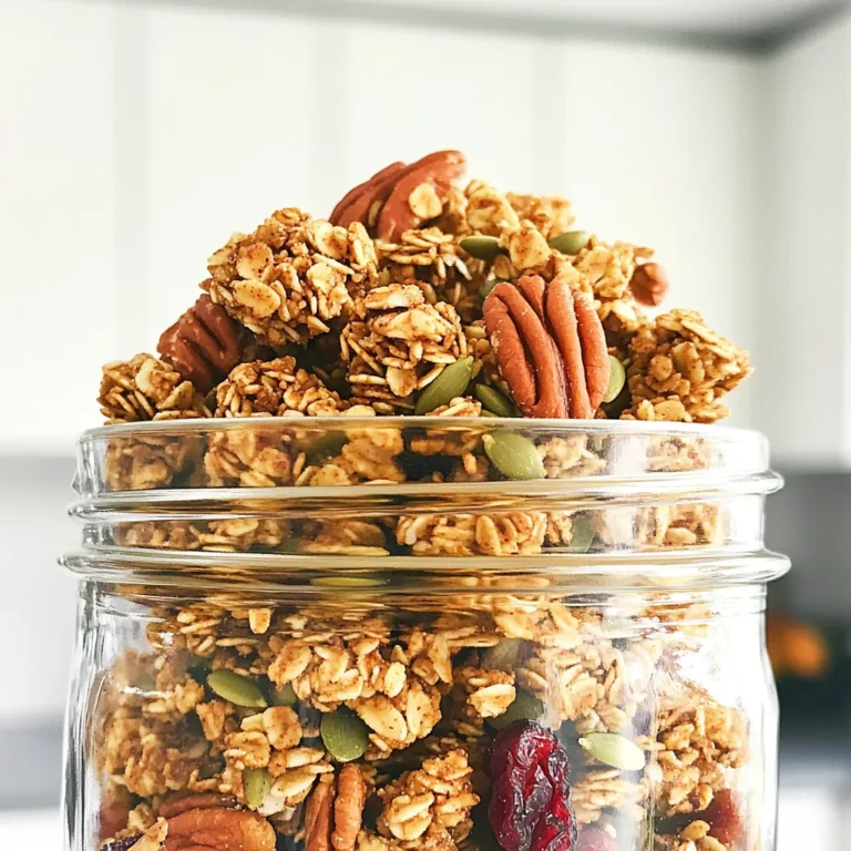 - 3 cups rolled oats - 1 cup pecans, coarsely chopped - 1/2 cup pumpkin seeds (pepitas) - 1/2 cup unsweetened shredded coconut - 1/2 teaspoon ground cinnamon - 1/4 teaspoon ground nutmeg - 1/4 teaspoon sea salt - 1/2 cup pure maple syrup - 1/4 cup coconut oil, melted - 1 teaspoon pure vanilla extract - 1/2 cup dried cranberries or cherries When making Spiced Maple Pecan Granola Clusters, gather these ingredients first. Each one plays a big role in flavor and texture. The rolled oats form the base. They give the granola its hearty crunch. Chopped pecans add a rich, nutty taste. Pumpkin seeds bring a nice crunch and are packed with nutrients. Shredded coconut gives a sweet, chewy bite. Spices are key too. Ground cinnamon gives warmth. Nutmeg adds a hint of sweetness. Sea salt balances all the flavors. For the wet part, pure maple syrup is sweet and rich. Coconut oil helps everything stick together. Vanilla extract adds depth. Dried cranberries or cherries give a fruity touch. Having all these ingredients ready makes the process smooth. You’ll see how they come together to create something delicious! - Preheat oven to 350°F (175°C). - Line a baking sheet with parchment paper. - Combine rolled oats, pecans, pumpkin seeds, coconut, cinnamon, nutmeg, and salt in a bowl. - Stir well to mix all the dry ingredients evenly. - In another bowl, whisk together maple syrup, melted coconut oil, and vanilla extract. - Make sure the mixture is smooth and free of lumps. - Pour the wet mixture over the dry ingredients and stir until coated. - Spread the mixture onto the lined baking sheet, pressing down lightly for clusters. - Bake for 20-25 minutes, stirring halfway through to ensure even browning. - Let the granola cool completely on the baking sheet. - Once cooled, break it into clusters of your desired size. - Mix in dried cranberries or cherries for added flavor. To get those perfect clusters, press the mixture down before baking. This helps the granola stick together better. Another key tip is to avoid over-stirring while it bakes. Stirring too much can break apart those lovely clusters you want. Store your granola clusters in an airtight container. This keeps them fresh at room temperature. They can last up to two weeks, but I doubt they will last that long! For a beautiful display, serve your granola in clear glass jars. This highlights the lovely colors and textures. You can also use the granola as a tasty topping for yogurt or smoothie bowls. A sprinkle of extra dried fruit or nuts adds flair just before serving. {{image_4}} You can change this recipe easily. Use different nuts or seeds that you like. Almonds, walnuts, or sunflower seeds all work well. If you want a sweeter touch, swap maple syrup for honey, but only if you don’t need it to be vegan. Get creative with your spices. You can add ginger or cardamom for a warm kick. If you love chocolate, toss in some chocolate chips or cocoa powder for a rich flavor. These small changes can make your granola unique. Dried fruits add a burst of flavor. For fall, use dried apples or pears. In winter, try dried cranberries or cherries. You can also add citrus zest like orange or lemon for a bright twist. This will keep your granola fresh and exciting throughout the year. Your spiced maple pecan granola clusters stay fresh for up to two weeks. This means you can enjoy them without worry. To keep your granola clusters fresh, use airtight containers. This step helps lock in the flavor and crunch. Store them in a cool, dry place. Avoid sunlight, as it can make them lose their delightful texture. If you want to keep your granola longer, freezing is a great option. Place the clusters in a freezer-safe bag or container. They can last for several months in the freezer. When you’re ready to eat, simply thaw them at room temperature. Enjoy your tasty treat anytime! Yes, substitute nuts with seeds for nut-free clusters. Seeds like sunflower or hemp work well. This way, you still get great texture and flavor. It’s a simple swap that keeps your granola tasty and crunchy. Plus, it makes it safe for those with nut allergies. Bake longer at a lower temperature for crunchiness. I suggest lowering the oven to 325°F (163°C) and baking for an extra 5-10 minutes. Keep an eye on it, so it doesn’t burn. A lower heat helps the granola dry out more slowly. This will give you that perfect crispiness without overcooking it. Alternatives include butter, avocado oil, or vegetable oil. Butter adds a rich flavor, while avocado oil keeps it light. Vegetable oil works, but it has less flavor. Each option will give you a slightly different taste and texture. Choose what you like best for your granola! This blog post outlined how to make tasty granola clusters at home. We covered the key ingredients, steps for mixing and baking, and tips for storing and serving. You learned how to customize your granola with different flavors and substitutes. Remember, the right mix of ingredients and careful baking can lead to great results. Enjoy your homemade granola as a healthy snack or topping. Keep experimenting to find your favorite twist!