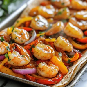 - 1 lb large shrimp, peeled and deveined - 1 red bell pepper, sliced into strips - 1 yellow bell pepper, sliced into strips - 1 red onion, sliced into thin wedges - Tortillas (flour or corn), for serving I love using large shrimp for these fajitas. They cook fast and soak up flavor well. Bell peppers and onions add color and crunch. The warm tortillas hold everything together nicely. - 3 tablespoons honey - 2 tablespoons soy sauce - 3 cloves garlic, finely minced - 2 tablespoons olive oil - 1 tablespoon chili powder - 1 teaspoon ground cumin - 1 teaspoon smoked paprika - Salt and pepper, to taste The marinade is key to the dish. Honey gives a sweet touch while soy sauce adds depth. Garlic brings a nice kick. The spices like chili powder and cumin create warmth. This combination makes the shrimp and veggies burst with flavor. - Fresh cilantro leaves, for garnish Fresh cilantro adds a bright taste. It enhances the dish's look too. You can also add lime wedges for extra zest. This makes the fajitas even more enjoyable. - Preheating the oven: Start by setting your oven to 400°F (200°C). This step is key for cooking the shrimp and veggies evenly. Let it preheat fully while you prepare the next steps. - Making the honey garlic marinade: In a small bowl, mix together 3 tablespoons of honey, 2 tablespoons of soy sauce, and 3 minced garlic cloves. Add 2 tablespoons of olive oil, 1 tablespoon of chili powder, 1 teaspoon of ground cumin, and 1 teaspoon of smoked paprika. Season with a pinch of salt and pepper. Whisk until the mixture is smooth and well combined. This marinade adds a sweet and savory flavor to the shrimp. - Preparing the sheet pan: Grab a large sheet pan. Spread 1 pound of peeled and deveined shrimp, 1 sliced red bell pepper, 1 sliced yellow bell pepper, and 1 sliced red onion evenly across the pan. Make sure everything is in a single layer for even cooking. - Tossing the shrimp and vegetables with marinade: Drizzle the honey garlic marinade over the shrimp and vegetables. Use tongs or a spatula to gently toss everything together. Ensure each piece gets coated in that tasty sauce. This step will infuse great flavor into your fajitas. - Baking time and temperature: Place the sheet pan in the preheated oven. Bake for about 12 to 15 minutes. Keep an eye on it. The shrimp should turn pink and opaque, and the veggies will get tender and slightly charred. - Checking for doneness: After 12 minutes, check the shrimp and veggies. If the shrimp is pink and the vegetables are soft, they are done. If not, give them a couple more minutes. Remove the pan from the oven and let it cool for a few minutes. This rest allows the flavors to settle before serving. To make perfect shrimp fajitas, avoid overcooked shrimp. Overcooking can make shrimp tough. Cook them just until they turn pink and opaque. This usually takes about 12-15 minutes. Keep an eye on them as they bake. Next, ensure even vegetable doneness. Cut your bell peppers and onions into similar sizes. This helps them cook at the same rate. If some pieces are too big, they may stay crunchy. You can add more spices for extra flavor. Try adding cayenne pepper for heat. A pinch of oregano can also add depth. These spices work well with the honey garlic mix. Using lime juice adds freshness to your fajitas. Squeeze fresh lime over the shrimp and veggies before serving. This brightens the dish and enhances the flavors. When serving, arrange the fajitas on a platter. This makes a lovely display for your guests. Use warm tortillas to hold the shrimp and veggies. Garnish with fresh cilantro leaves for a pop of color. You can also sprinkle more spices on top. Serve lime wedges on the side. This allows everyone to add more flavor to their fajitas. {{image_4}} You can switch shrimp for chicken. Chicken breast works well. Just cut it into strips. Use the same marinade for flavor. Bake at 400°F for the same time. For a vegetarian option, try tofu. Firm tofu is best. Press it to remove extra moisture. Cut it into cubes and marinate. Bake until golden for a tasty twist. You can change the marinade for more zest. Try lime juice or chipotle sauce. Both add a fresh kick. Experiment with different veggies too. Zucchini, corn, or mushrooms are great choices. Mix and match to find your favorite combo. Pair your fajitas with sides like rice or beans. They add heartiness to your meal. Creative toppings make fajitas special. Try avocado, salsa, or cheese. Fresh lime juice also enhances flavor. Don't be afraid to get creative! To keep your shrimp fajitas fresh, place them in an airtight container. The shrimp and veggies will stay good in the fridge for up to three days. When storing, try not to mix the tortillas with the filling. This helps keep them from getting soggy. The best way to reheat shrimp fajitas is in a skillet. Heat the skillet over medium heat. Add a splash of water to keep the shrimp moist. Stir gently until everything is warm. This method helps maintain the flavor and texture of the shrimp and veggies. Yes, you can freeze cooked fajitas! To freeze, let them cool completely. Store them in a freezer-safe bag or container, making sure to remove as much air as possible. They can last up to three months in the freezer. For thawing, place them in the fridge overnight. Reheat in a skillet to bring back the flavors. Can I make these fajitas ahead of time? Yes, you can prepare the shrimp and veggies ahead. Mix the marinade and toss them together. Store in the fridge for up to 24 hours. When you're ready, bake them as instructed. This saves time on busy days and keeps flavors fresh. What type of shrimp is best for this recipe? I recommend using large shrimp. They hold up well during cooking. Look for shrimp that are peeled and deveined. Fresh or frozen both work great. If using frozen shrimp, make sure to thaw them before cooking. Can I use pre-cooked shrimp? You can, but be careful. Pre-cooked shrimp cooks quickly and can become rubbery. If using them, skip the baking step. Just warm them in the pan with veggies until heated through. Alternatives for soy sauce? Yes, if you want a gluten-free option, use tamari. Coconut aminos are another great choice. They offer a similar flavor profile without soy. Both alternatives work well in the marinade. What goes well with shrimp fajitas? I love serving shrimp fajitas with fresh salsa or guacamole. A side of rice or beans also pairs nicely. You can add a light salad for freshness and crunch. Best drinks to serve with this dish? For drinks, try a refreshing limeade or a cold beer. A light white wine also complements the flavors. If you prefer non-alcoholic, sparkling water with lime is a great choice. You now have a complete guide to making delicious shrimp fajitas. You learned about essential ingredients like shrimp, bell peppers, and tortillas. We covered how to make the honey garlic marinade and tips for perfect cooking. You can also explore variations with different proteins and flavors. Remember, the right marinade and cooking time make all the difference. Enjoy experimenting with garnishes and serving ideas. Your fajitas will impress friends and family alike. Now, go create a great meal!